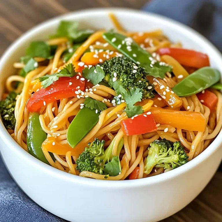 - 8 oz whole wheat or rice noodles - 1 large red bell pepper, thinly julienned - 1 cup broccoli florets, cut into bite-sized pieces - 1 medium carrot, peeled and julienned - 1 cup snap peas, trimmed - 1 tablespoon freshly grated ginger - 2 cloves garlic, finely minced - 3 green onions, chopped finely - 1/4 cup soy sauce (or tamari for gluten-free) - 2 tablespoons honey or maple syrup - 1 tablespoon rice vinegar - 1 tablespoon sesame oil - Sesame seeds - Fresh cilantro leaves To make a great Sesame Ginger Noodle Bowl, you need fresh and vibrant ingredients. Start with noodles; whole wheat or rice noodles work best. Next, gather colorful veggies like red bell pepper, broccoli, carrot, and snap peas. These add crunch and nutrition. Aromatics like ginger, garlic, and green onions will give the bowl a flavor boost. For the sauce, soy sauce adds saltiness, while honey or maple syrup brings sweetness. Rice vinegar adds tang, and sesame oil gives it a nutty taste. Don't forget the garnishes! Sesame seeds and cilantro will make your dish pop in color and flavor. Using fresh ingredients makes this bowl not just tasty but also healthy. Enjoy the bright flavors and vibrant colors in every bite! {{ingredient_image_2}} 1. Boil water and cook noodles: Fill a large pot with water. Bring it to a vigorous boil. Add 8 ounces of whole wheat or rice noodles. Cook according to the package directions until they are al dente. 2. Drain and cool the noodles: Once cooked, drain the noodles using a colander. Rinse them under cold running water to stop the cooking process. This keeps them from sticking together. 1. Combine soy sauce, ginger, honey, and vinegar: In a medium bowl, mix 1/4 cup soy sauce, 1 tablespoon freshly grated ginger, 2 tablespoons honey or maple syrup, and 1 tablespoon rice vinegar. 2. Whisk until blended: Use a whisk to blend the ingredients until smooth. Set this sauce aside to let the flavors mix well. 1. Heat sesame oil: In a large skillet or wok, pour in 1 tablespoon of sesame oil. Heat it over medium heat. 2. Add vegetables in stages: Start by adding 1 large red bell pepper (thinly julienned), 1 cup of broccoli florets, and 1 medium carrot (peeled and julienned). Sauté these for 3-4 minutes. Stir often until they begin to soften. Next, add 1 cup of snap peas. Cook for another 2 minutes, stirring constantly, until all vegetables are tender but still crisp. 1. Combine noodles with sautéed vegetables: Gently fold the cooled noodles into the skillet with the sautéed vegetables. 2. Toss in ginger sauce and heat through: Pour the ginger sauce over the noodle and vegetable mix. Use tongs or a spatula to toss everything together. Heat through for about 2-3 minutes to warm the dish evenly. 1. Add green onions: Take the skillet off the heat. Stir in 3 chopped green onions for added crunch and flavor. 2. Serve and garnish: Portion the noodle bowl into serving dishes. For a beautiful finish, sprinkle sesame seeds and add fresh cilantro leaves on top for a burst of freshness. To avoid noodles sticking together, rinse them with cold water after cooking. This helps stop the cooking process and cools them down. Always use a large pot with lots of water to give noodles enough room to move. Cook them until they are al dente, which means they should be firm but tender. This texture keeps them from becoming mushy when mixed with the sauce. For a flavor boost, add a pinch of red pepper flakes or a splash of sesame oil. You can also try adding a dash of garlic powder or scallions for extra taste. Balance sweetness and tartness in the sauce by adjusting the honey or maple syrup. If you want it sweeter, add more honey. If you prefer it tart, increase the rice vinegar. Serve the noodle bowls in bright-colored dishes to make the meal pop. This adds visual appeal to your meal. Garnish each bowl with sesame seeds for crunch and fresh cilantro for brightness. For an extra kick, add lime wedges on the side. A squeeze of lime can brighten the flavors and make each bite more exciting. Pro Tips Use Fresh Ingredients: Whenever possible, opt for fresh vegetables and herbs to enhance the flavors in your noodle bowl. Adjust the Sauce: Feel free to modify the sauce ingredients to suit your taste; adding more ginger or reducing the sweetness can create a unique flavor profile. Experiment with Proteins: Add tofu, chicken, or shrimp for extra protein; just ensure to adjust cooking times accordingly. Keep It Colorful: Incorporating a variety of colorful vegetables not only makes the dish visually appealing but also increases its nutritional value. {{image_4}} You can add a protein to your Sesame Ginger Noodle Bowl for extra flavor. Here are some great options: - Chicken: Cooked and sliced chicken breast works well. - Shrimp: Sauté shrimp until pink and add them in. - Tofu: Use firm tofu, cubed and sautéed until golden. Each option brings its own taste and texture. Choose what you like best! Feel free to mix up the veggies in your bowl. Here are some fun ideas: - Zucchini: Spiralized or sliced, it adds a nice crunch. - Bell Peppers: Use different colors for a vibrant look. - Spinach: Toss in fresh spinach for extra greens. You can also think about seasonal veggies. In summer, use fresh corn or cherry tomatoes. In fall, try roasted squash or Brussels sprouts. You can make this dish fit your diet easily. Here are some tips: - Vegan: Replace honey with maple syrup. Use tamari for a gluten-free option. - Gluten-Free: Use rice noodles or gluten-free soy sauce. - Low-Carb: Try zucchini noodles or shirataki noodles instead of traditional noodles. These small changes keep the dish tasty while meeting your needs. Enjoy experimenting! To keep your Sesame Ginger Noodle Bowl fresh, store leftovers in the fridge right away. Use airtight containers to prevent air and moisture from spoiling your meal. Make sure to cool the noodles and veggies before sealing the container. This helps maintain their taste and texture. When it's time to enjoy your leftovers, reheat gently. The best way is to use a skillet over medium heat. Add a splash of water or a bit of sesame oil to prevent sticking. Stir often, so everything warms evenly. This helps keep the noodles soft and the veggies crisp. You can freeze parts of your noodle bowl for later. I recommend freezing the noodles and veggies separately. This keeps them fresh and tasty. Use freezer-safe bags and remove air before sealing. To thaw, place them in the fridge overnight or use the microwave on low. Reheat in a skillet for the best texture. To make sesame ginger sauce, you need just a few simple ingredients. - 1/4 cup soy sauce (or tamari) - 2 tablespoons honey or maple syrup - 1 tablespoon rice vinegar - 1 tablespoon freshly grated ginger - 2 cloves garlic, minced Mix all these ingredients in a bowl. Whisk until they blend well. This sauce adds a lovely zing to your noodle bowl. The ginger gives it warmth, while the honey adds a nice sweetness. Use it right away or let it sit for a few minutes to enhance the flavors. Yes, you can use other noodles! Whole wheat and rice noodles work well, but feel free to try: - Udon noodles for a chewy texture - Soba noodles for a nutty flavor - Zucchini noodles for a low-carb option Each type of noodle will change the dish slightly. Udon noodles will make it heartier, while zucchini noodles keep it light and fresh. Choose what you love! To complement your sesame ginger noodle bowl, consider these tasty side dishes: - Steamed edamame for protein - A simple cucumber salad for crunch - Miso soup for warmth and depth These sides balance well with the flavors in the noodle bowl. They add variety and make your meal feel complete. Enjoy mixing and matching! In this post, we explored how to create a delicious sesame ginger noodle bowl. We covered the vital ingredients, from whole wheat noodles to fresh veggies and tasty sauces. I shared step-by-step instructions, tips for perfect noodles, and ideas for delicious variations. Remember, you can customize this dish to fit your taste or dietary needs. Enjoy your cooking and make these noodle bowls your own. Try different flavors and share your creations!