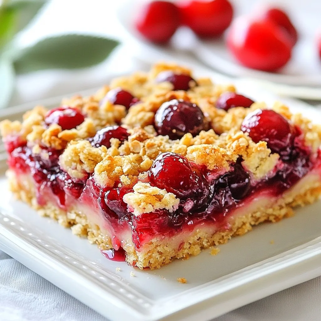 To make Cherry Almond Crumble Bars, gather these ingredients: - 1 cup all-purpose flour - 1/2 cup rolled oats - 1/2 cup brown sugar, packed - 1/4 cup granulated sugar - 1/2 teaspoon baking powder - 1/4 teaspoon salt - 1/2 cup unsalted butter, melted (plus extra for greasing) - 1 teaspoon pure almond extract - 2 cups fresh or frozen cherries, pitted and halved - 1 tablespoon cornstarch - 1 tablespoon lemon juice - 1/4 teaspoon vanilla extract If you need to change some ingredients, here are some easy swaps: - Flour: Use whole wheat flour for a nuttier taste. - Oats: Quick oats work well if you don’t have rolled oats. - Brown Sugar: Coconut sugar can replace brown sugar for a different flavor. - Butter: Coconut oil is a great dairy-free option. - Almond Extract: If you dislike almond, vanilla extract is a tasty substitute. - Cherries: Use blueberries or raspberries if cherries aren’t available. When picking cherries, look for these signs: - Color: Choose deep red or dark purple cherries. They taste the best! - Firmness: Select cherries that feel firm and plump. - Stems: Look for shiny cherries with green stems. This means they are fresh. - Blemishes: Avoid cherries with spots or soft areas. Fresh ones are smooth and shiny. Fresh cherries enhance the flavor of these bars, making them truly special. Enjoy selecting the best! {{ingredient_image_2}} Start by preheating your oven to 350°F (175°C). This step helps the bars bake evenly. While the oven heats, grease a 9x9 inch baking pan with some melted butter. Make sure to cover the bottom and sides well. This will prevent sticking and help with easy removal later. In a large mixing bowl, combine the following dry ingredients: - 1 cup all-purpose flour - 1/2 cup rolled oats - 1/2 cup brown sugar, packed - 1/4 cup granulated sugar - 1/2 teaspoon baking powder - 1/4 teaspoon salt Stir these together until they mix well. You want to ensure there are no lumps. Next, pour in 1/2 cup of melted unsalted butter and 1 teaspoon of pure almond extract. Mix these wet ingredients into the dry ones with a fork or your fingers. You should achieve a coarse, crumb-like texture that resembles wet sand. While your base bakes, it's time to prepare the cherry filling. In a separate bowl, add 2 cups of fresh or frozen cherries, pitted and halved. Then, mix in 1 tablespoon of cornstarch, 1 tablespoon of lemon juice, and 1/4 teaspoon of vanilla extract. Gently toss the cherries until they are fully coated. This will help absorb extra moisture from the cherries. Take the base out of the oven after 10-12 minutes. It should be lightly golden. Spread the cherry mixture evenly over the warm crust. This helps the flavors meld together. Remember the 1 cup of crumble mixture you set aside? Now, sprinkle it over the cherry layer, covering it completely. This adds a nice crunch. Place the baking pan back in the oven. Bake for another 25-30 minutes. You want the topping to turn a golden brown and the cherries to be bubbly. The sweet aroma will fill your kitchen and make your mouth water. After baking, let the bars cool in the pan for about 15 minutes. Then, transfer them to a wire rack to cool completely. Once cooled, slice into 9 generous bars and enjoy! To get the best crumble texture, focus on mixing. Use cold butter and work it into the dry mix. The mix should look like coarse crumbs. Don’t overmix; a few lumps are okay. This gives your bars that lovely crunch. When you bake, keep an eye on the color. If it’s golden brown, it's done. One mistake is not preheating your oven. Always preheat for even cooking. Another is using too much liquid in the cherry mix. It can make the bars soggy. Make sure to coat the cherries well with cornstarch. This helps absorb extra juices. Lastly, don’t skip letting the bars cool before slicing. This helps them set and keeps them from falling apart. For a lovely presentation, serve the bars on a wooden board. Add fresh cherries and a dusting of powdered sugar. This makes them look fancy without extra work. Pair the bars with a scoop of vanilla ice cream. The warm cherry filling and cold ice cream create a yummy contrast. Enjoy with friends or family for a great treat! Pro Tips Use Fresh Cherries: For the best flavor, opt for fresh cherries when they're in season. If using frozen, make sure they're completely thawed and drained to avoid excess moisture. Customize Your Oats: Try using different types of oats, such as quick oats or old-fashioned rolled oats, to achieve varied textures in your crumble topping. Add a Pinch of Cinnamon: Incorporating a pinch of cinnamon into the crumble mixture can enhance the overall flavor, giving your bars a warm, inviting aroma. Let Them Cool Completely: Allowing the bars to cool completely before slicing ensures cleaner cuts and prevents the filling from spilling out. {{image_4}} You can swap cherries for many other fruits. Try using blueberries, raspberries, or sliced peaches. Each fruit brings its own flavor. Adjust the sugar based on the fruit's sweetness. For example, peaches may need more sugar, while blueberries are sweeter. Mix and match to find your favorite combo! To make these bars gluten-free, use gluten-free flour. Look for blends that work well in baking. You can also use almond flour for a nutty flavor. Ensure the oats are labeled gluten-free as well. This way, everyone can enjoy the cherry almond crumble bars! Get creative with toppings! Add chopped nuts like almonds or walnuts for crunch. You can also sprinkle in coconut flakes for a tropical twist. For a touch of spice, add cinnamon or nutmeg to the crumble. These small changes can elevate your bars in exciting ways! To keep your cherry almond crumble bars fresh, store them in an airtight container. Place parchment paper between layers to prevent sticking. They can stay at room temperature for up to three days. If the weather is warm, refrigerate them for a longer shelf life. For longer storage, freezing is a great option. First, slice the bars into individual pieces. Wrap each piece tightly in plastic wrap. Then, place them in a freezer-safe bag or container. These bars can stay frozen for up to three months. When you’re ready to enjoy, simply thaw them overnight in the fridge. Reheating is simple. Preheat your oven to 350°F (175°C). Place the bars on a baking sheet. Heat for about 10 minutes until warm. If you're in a hurry, you can use the microwave. Heat each bar for about 15 seconds. Enjoy them warm for a fresh taste! Yes, you can use frozen cherries. Just thaw them first. Drain any extra juice before mixing them into your filling. This helps keep the bars from getting too soggy. Frozen cherries work well and still taste great. To make these bars vegan, swap the butter for a plant-based option. Choose coconut oil or vegan butter. You can also replace the almond extract with a splash of vanilla. The bars will still be delicious and rich in flavor. The best way to slice crumble bars is to wait until they are cool. Use a sharp knife for clean cuts. You can also score the bars lightly before they cool. This helps guide your knife later and makes cutting easier. These bars last about five days when stored properly. Keep them in an airtight container at room temperature. If you want them to last longer, refrigerate them. They can stay fresh for about a week in the fridge. Yes, you can prepare the mixture in advance. Store the crumble and cherry filling in separate containers. Keep them in the fridge for up to two days. When you are ready, just assemble and bake them for a quick treat. This blog post covers how to make delicious cherry crumble bars. You learned about key ingredients, fresh cherry tips, and step-by-step baking. We discussed achieving the perfect crumble texture and common mistakes to avoid. I shared variations for different fruits and gluten-free needs. Storing tips ensure your bars stay fresh. Remember, cooking is fun! Enjoy trying new ingredients and make these bars your own. Happy baking!