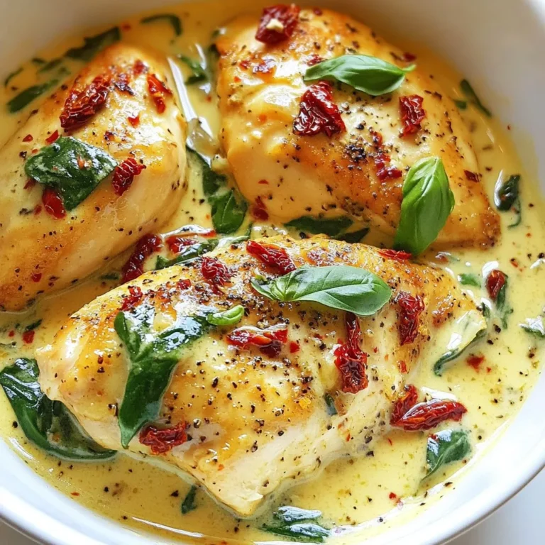 - 4 boneless, skinless chicken breasts - 1 cup sun-dried tomatoes, packed in oil - 1 cup heavy cream - 1 cup chicken broth - Italian seasoning - Red pepper flakes (optional) - Salt and freshly ground black pepper - Fresh baby spinach - Olive oil - Fresh basil leaves, for garnish When planning your creamy sun-dried tomato chicken, gather these key ingredients. First, you need the chicken breasts, which are tender and juicy. The sun-dried tomatoes add a rich, tangy flavor that makes this dish special. Heavy cream and chicken broth create a smooth and creamy sauce that binds everything together. For seasoning, Italian seasoning brings warmth and depth. If you like some heat, add red pepper flakes. Don’t forget salt and pepper to enhance all the flavors. Finally, fresh baby spinach adds a lovely color and a hint of earthiness. Olive oil helps you sear the chicken perfectly, and fresh basil leaves make for a beautiful garnish. With this list, you're ready to create a flavorful meal that everyone will love! {{ingredient_image_2}} - First, pat the chicken breasts dry with paper towels. This helps the chicken brown better. - Next, season both sides of the chicken with salt, black pepper, and Italian seasoning. This adds great flavor. - Heat olive oil in a large skillet over medium-high heat. Wait until the oil shimmers. - Carefully add the seasoned chicken breasts to the hot oil. Sear each side for about 5-7 minutes. The chicken should turn golden brown and reach an internal temperature of 165°F (75°C). - After cooking, transfer the chicken to a plate and cover it to keep warm. - Lower the heat to medium, keeping the same skillet. Add the diced onion and sauté for 3-4 minutes until soft and clear. - Mix in the minced garlic and sauté for another minute. Stir to prevent burning. - Add the chopped sun-dried tomatoes and red pepper flakes if you want some heat. Cook for 2 more minutes to blend the flavors well. - Gradually pour in the chicken broth and bring the mix to a gentle simmer. - Once simmering, slowly add the heavy cream, stirring to blend. Let the sauce simmer for about 5 minutes, thickening nicely. - Gently fold in the fresh baby spinach, stirring until it wilts into the cream sauce. - Nestle the seared chicken back into the skillet. Spoon the creamy sauce over the chicken. Simmer for an additional 2-3 minutes. This ensures the chicken heats through and absorbs the flavors. To make your Creamy Sun-Dried Tomato Chicken pop, think about your seasonings. You can adjust the salt and pepper to match your taste. If you want more depth, add more Italian seasoning. Fresh herbs like basil or parsley can elevate the dish. Fresh herbs tend to pack a stronger punch than dried ones. Use dried herbs if fresh is hard to find, but fresh is always best when available. Searing the chicken correctly is key. Start with a hot skillet and enough olive oil. Sear the chicken for 5-7 minutes on each side. This creates a nice golden crust. To keep the sauce from overcooking, lower the heat once you add the cream. Stir gently and let it simmer for just a few minutes. This way, you maintain that rich, creamy texture. Pair your creamy chicken with pasta, rice, or crusty bread. Each option absorbs the sauce nicely. For a beautiful presentation, serve on a large platter. Drizzle extra sauce over the chicken and add fresh basil leaves for color. A sprinkle of Parmesan cheese can also enhance the dish's appeal. Pro Tips Properly Season the Chicken: Don’t skimp on seasoning the chicken breasts before cooking. This ensures that every bite is flavorful and delicious. Use Quality Sun-Dried Tomatoes: Opt for sun-dried tomatoes packed in oil for enhanced flavor. They add a rich, tangy taste to the dish. Adjust the Creaminess: If you prefer a lighter sauce, you can substitute half of the heavy cream with Greek yogurt or sour cream for a tangy twist. Serve with Fresh Ingredients: Garnish with fresh basil and a sprinkle of Parmesan cheese right before serving for an added burst of flavor and visual appeal. {{image_4}} To make this dish lighter, you can substitute the heavy cream. Use Greek yogurt or coconut milk instead. Both add creaminess without all the fat. You can also add more vegetables. Try bell peppers, zucchini, or mushrooms for extra nutrition and flavor. You can change up the herbs and spices for new tastes. Fresh thyme, rosemary, or oregano work great. If you love cheese, add Parmesan or mozzarella. You can also try different sauces, like pesto or Alfredo. Each change brings a unique twist to the dish. Think about what to serve with your chicken. Pasta, rice, or quinoa are excellent choices. You can also make it a one-pan meal. Just add vegetables right into the skillet. This saves time and reduces cleanup. Enjoy your meal with a simple salad for a balanced dinner. To store your Creamy Sun-Dried Tomato Chicken in the refrigerator, let it cool first. Place it in an airtight container. It will stay fresh for about 3 to 4 days. Make sure to label the container with the date. This helps you keep track of its freshness. For reheating, the best method is on the stove. Use low heat to warm it gently. Stir often to keep the sauce creamy. You can also use the microwave, but cover it to avoid splatters. Heat in short bursts, stirring in between. To freeze your dish, let it cool completely. Then, transfer it to a freezer-safe container. It can last up to 3 months in the freezer. For best quality, wrap it tightly with plastic wrap before sealing. Thaw it overnight in the fridge before reheating. This helps keep the chicken moist and the sauce smooth. It takes about 15 minutes to prep and 20 minutes to cook. In total, you need 35 minutes from start to finish. This quick time makes it a great choice for busy weeknights! Yes, you can use frozen chicken breasts. Just be sure to thaw them first for even cooking. If you cook from frozen, add 5-10 extra minutes to the cooking time. This ensures your chicken cooks thoroughly and stays juicy. This dish pairs well with many sides. Here are some ideas: - Pasta, like fettuccine or spaghetti - Fluffy rice, either white or brown - Crusty bread to soak up the sauce - A fresh green salad for a light touch Check the chicken's internal temperature. It should reach 165°F (75°C). Use a meat thermometer for accuracy. If you cut into the chicken, the juices should run clear, not pink. This ensures it is safe to eat. In this post, I shared a simple recipe for Creamy Sun-Dried Tomato Chicken. We explored the main ingredients, step-by-step cooking directions, and helpful tips. I included ways to vary the dish and information on storage. You can enjoy this meal with different sides or adjust flavors to your liking. With a few simple techniques, you can create a tasty dinner. Enjoy making this dish in your kitchen!