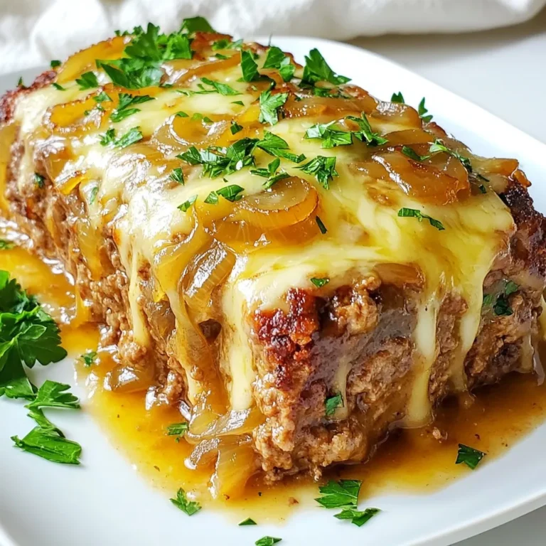 To make French Onion Meatloaf, you need: - 1 lb (450g) ground beef - 1 lb (450g) ground turkey - 1 large onion, thinly sliced - 1 cup (100g) breadcrumbs - 2 large eggs, lightly beaten - 1 cup (240ml) French onion soup (canned or homemade) - 1 tablespoon Worcestershire sauce - 1 teaspoon garlic powder - 1 teaspoon dried thyme - Salt and pepper to taste - 1 cup (100g) grated Gruyère cheese - Fresh parsley, chopped, for garnish You can enhance your meatloaf with these optional ingredients: - 1 tablespoon Dijon mustard for a tangy kick - 1/2 cup (120ml) beef broth for added moisture - 1/2 teaspoon smoked paprika for a smoky flavor - Chopped mushrooms for earthy depth If you’re missing some ingredients, here are some substitutes: - Use ground chicken instead of ground turkey. - Replace Gruyère cheese with cheddar or mozzarella. - For breadcrumbs, use crushed crackers or oats. - Swap French onion soup with beef broth and extra onions. These simple swaps will still give your meatloaf that delicious, comforting taste. Enjoy your cooking! {{ingredient_image_2}} First, preheat your oven to 350°F (175°C). This step is key for cooking the meatloaf evenly. While the oven heats, grab a large skillet. Heat a splash of olive oil over medium heat. Next, slice one large onion thinly. Add the onions to the hot skillet. Stir them often for about 15 to 20 minutes. You want them to turn golden brown and soft. This makes them sweet and flavorful. Once caramelized, remove them from the heat and let them cool for a bit. In a large bowl, combine the meats. Use 1 pound of ground beef and 1 pound of ground turkey. Then add the breadcrumbs, cooled onions, and two beaten eggs. Pour in 1 cup of French onion soup. Next, add 1 tablespoon of Worcestershire sauce, 1 teaspoon of garlic powder, and 1 teaspoon of dried thyme. Don’t forget to season with salt and pepper. Mix everything well until combined. Now, take the meat mixture and place it into a loaf pan. Use your hands to shape it into a loaf. Make sure it is tightly packed. Sprinkle 1 cup of grated Gruyère cheese on top. This will melt nicely as it bakes. Place the pan in your preheated oven. Bake the meatloaf for about 1 hour. You will know it’s done when it reaches 160°F (70°C) inside. The cheese should be bubbling and golden. Once out of the oven, let it rest for 10 minutes. This step helps keep it moist. When ready, slice it and serve warm. Garnish with freshly chopped parsley for a bright touch. To keep your meatloaf moist, follow these tips: - Use a mix of meats: Combine ground beef and ground turkey for a juicy texture. The fat in beef keeps it moist while turkey adds lean protein. - Add moisture: Use French onion soup in your mix. This not only adds flavor but also keeps the meatloaf from drying out. - Don't overmix: When combining ingredients, mix just until blended. Overmixing can lead to a dense meatloaf. - Bake at the right temperature: Bake at 350°F for the best results. This allows the meat to cook evenly without drying out. Cheese can take your meatloaf to the next level. Here’s how to do it right: - Grate the cheese: Use grated Gruyère for even melting. Pre-grated cheese contains starch that can prevent a smooth melt. - Add cheese on top: Sprinkle cheese on the meatloaf before baking. This creates a gooey, golden crust that makes every bite delightful. - Watch the time: Bake until cheese is bubbling and golden. This extra step adds a rich flavor and nice texture. Pair your French onion meatloaf for a complete meal: - Vegetable sides: Serve with roasted veggies or a fresh salad. These add color and balance the richness of the meatloaf. - Potatoes: Mashed or baked potatoes make a great side. They soak up the flavors from the meatloaf well. - Bread: A crusty bread or rolls are perfect for mopping up any leftover sauce. - Wine pairing: A glass of red wine complements the savory flavors. Consider a Merlot or Cabernet Sauvignon. These tips will help you create a flavorful, moist, and enjoyable French onion meatloaf experience. Enjoy your cooking! Pro Tips Use Fresh Herbs: Incorporating fresh herbs like thyme or parsley can elevate the flavor profile of your meatloaf, adding a burst of freshness that complements the savory elements. Mix Proteins: Combining ground beef and turkey not only balances flavor but also reduces fat content while keeping the meatloaf moist and delicious. Let It Rest: Allowing the meatloaf to rest after baking helps to lock in the juices, making it easier to slice and ensuring each piece remains moist. Experiment with Cheese: While Gruyère adds a rich flavor, feel free to experiment with other cheeses like mozzarella or cheddar for different tastes and textures. {{image_4}} You can switch up the meats in this French onion meatloaf. Try using all ground beef, or go for all ground turkey. Mixing meats adds flavor and texture. If you want leaner meat, use ground chicken or lean pork. Each choice gives you a unique taste. You can also blend meats for a richer flavor. For instance, half beef and half turkey works well. If you prefer a meatless version, you can use lentils or beans. Cooked lentils can mimic the texture of meat. Combine them with breadcrumbs and eggs. You can also use plant-based ground meat. This option is easy to find at stores. Just mix it like you would with meat. Add sautéed mushrooms for extra flavor and texture. This variation is hearty and satisfying. To make your meatloaf shine, add herbs and spices. Thyme and garlic powder are great, but you can try more. Fresh herbs like parsley or basil brighten the dish. For a kick, consider adding red pepper flakes. You can also use smoked paprika for a deep flavor. Experimenting with seasonings can lead to your new favorite recipe. Just remember to taste as you go! To keep your French onion meatloaf fresh, store it in an airtight container. Let the meatloaf cool completely before sealing it. You can keep leftovers in the fridge for up to three days. If you want to enjoy it later, consider freezing it. Reheat meatloaf in the oven for best results. Preheat your oven to 350°F (175°C). Place the slices in a baking dish, cover with foil, and heat for about 20 minutes. You can also use a microwave. Heat slices for 1-2 minutes until hot. Avoid overcooking to keep it moist. Freezing is a great option for meatloaf. Cut the cooked meatloaf into slices. Wrap each slice tightly in plastic wrap, then place them in a freezer bag. This method helps prevent freezer burn. You can freeze it for up to three months. When ready to eat, thaw overnight in the fridge before reheating. Yes, you can use other cheeses. Cheddar or mozzarella work well, too. Each cheese gives a unique taste. Experiment with your favorites for a fun twist! Check the internal temperature. It should reach 160°F (70°C). You can use a meat thermometer for accuracy. The cheese on top should also be bubbly and golden. Pair it with mashed potatoes or roasted veggies. A fresh salad adds nice crunch. You can also serve it with crusty bread to soak up the flavors. Absolutely! You can prepare the meatloaf and refrigerate it. Just cover it tightly. Bake it later when you’re ready to enjoy a warm meal. This article covered all aspects of making a delicious French Onion Meatloaf. We explored main and optional ingredients, detailed step-by-step cooking instructions, and shared tips for moist outcomes. You learned how to customize flavors with variations and storage tips for leftovers. In the end, crafting a perfect meatloaf is all about finding what you enjoy. Use these tips to make a dish that suits your taste!