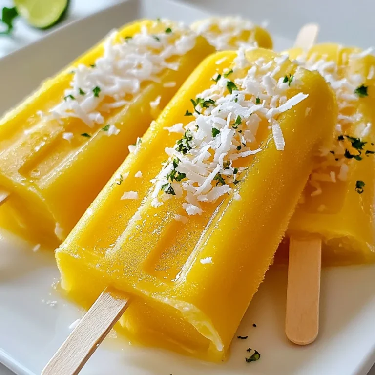 - 2 ripe mangoes, peeled and diced - 1 cup creamy coconut milk - 2 tablespoons honey or agave syrup - 1 tablespoon fresh lime juice - 1/4 teaspoon fine salt - 1/2 cup unsweetened shredded coconut - High-powered blender - Ice pop molds - Wooden sticks To make these ice pops, you need ripe mangoes, creamy coconut milk, and a sweetener like honey or agave. Ripe mangoes give a rich flavor. Coconut milk adds creaminess. Sweetener balances the taste. I like to add fresh lime juice for tang. A pinch of fine salt can enhance the flavors. If you want a fun texture, use unsweetened shredded coconut. For tools, you’ll need a high-powered blender. It makes blending quick and easy. Ice pop molds help shape the pops. Wooden sticks keep them easy to hold. Gather these items to start your tasty treat! {{ingredient_image_2}} First, gather your ingredients. You need ripe mangoes, creamy coconut milk, honey or agave syrup, fresh lime juice, and fine salt. 1. Blending the ingredients: Place the diced mangoes, coconut milk, honey, lime juice, and salt into a high-powered blender. Blend until smooth. The mixture should be creamy with no lumps. 2. Adjusting sweetness to taste: After blending, taste the mixture. If it needs more sweetness, add a tablespoon of honey or agave syrup. Blend briefly to mix. Now it’s time to fill your molds. 1. Pouring the mixture into molds: Carefully pour the mango-coconut blend into your ice pop molds. Leave a little space at the top of each mold. This helps the mixture expand as it freezes. 2. Inserting wooden sticks: Take your wooden sticks and place them in the center of each mold. Make sure they are straight and stable. Let’s freeze those pops! 1. Freezing duration and temperature tips: Place the molds upright in the freezer. Allow them to freeze for about 4 to 6 hours. Make sure the temperature is low enough to freeze solid. 2. Tips for ease of removal from molds: When you are ready to eat the pops, run warm water over the outside of the molds for a few seconds. This helps loosen them. Gently pull the pops out, being careful not to break them. To get a creamy texture, blend the mangoes and coconut milk well. Use a high-powered blender to make it smooth. I find it helpful to stop and scrape down the sides. This ensures all the chunks get blended. Folding in shredded coconut adds texture and a fun chew. After blending, add the coconut gently. This keeps some of the coconut pieces whole. You will love how it feels when you bite into the ice pop! Mango ripeness affects sweetness a lot. Ripe mangoes are sweeter, so taste them first. If they taste less sweet, add more honey or agave syrup. Start with a little and blend. Taste again and adjust until it’s just right for you. You can also try other sweeteners. Maple syrup or stevia can work great. Each will give a unique flavor, so experiment until you find your favorite! For a great display, serve your ice pops on a colorful platter. Bright colors make them look even more delicious. You can add lime wedges around the pops for a zesty touch. A sprinkle of shredded coconut on the platter looks nice too. This extra detail makes your treat more inviting! Pro Tips Choose Ripe Mangoes: Ensure the mangoes are perfectly ripe for a sweeter and more flavorful ice pop. A ripe mango should yield slightly to pressure and have a fruity aroma. Adjust Sweetness: Taste the blended mixture before freezing and adjust the sweetness according to your preference. You can always add more honey or agave syrup to achieve your desired level of sweetness. Even Freezing: For even freezing, ensure the molds are not overcrowded in the freezer. Spacing them out allows for proper air circulation, leading to a smoother texture. Creative Variations: Experiment with different fruits or add-ins like lime zest, ginger, or mint to customize your ice pops. Each variation can bring a unique twist to the flavor! {{image_4}} You can mix mango with many other fruits. Pineapple adds a sweet tang. Bananas bring creaminess. Passion fruit gives a lovely tart taste. Here are some great pairings: - Mango and pineapple - Mango and banana - Mango and passion fruit These combinations bring new flavors that excite your taste buds. Each mix makes the ice pops even more refreshing! If you want lower sugar options, try using less honey or agave syrup. You can also use ripe fruits, which are naturally sweet. For dairy-free ice pops, coconut milk is a great choice. It gives a creamy texture without dairy. - Use ripe fruits for natural sweetness - Cut back on added sweeteners - Stick with coconut milk for dairy-free These tweaks make your treats lighter and just as tasty! Spices can add a fun twist to your ice pops. Try adding a pinch of cinnamon or ginger. You could also mix in extracts like vanilla or almond for extra flavor. If you want creaminess, consider folding in some yogurt. This makes the pops rich and smooth. - Add cinnamon or ginger for spice - Consider vanilla or almond extracts - Fold in yogurt for extra creaminess These fun ideas can make each batch unique and delicious! To keep your mango coconut ice pops fresh, use airtight containers or freezer bags. This helps prevent freezer burn. Make sure to label your containers with the date. Freeze the pops for at least 4 to 6 hours until solid. This is key for the best texture. Before serving, run warm water over the outside of the molds. This will help loosen the pops. Be gentle when pulling them out to avoid breaking them. If they stick, try twisting the mold slightly while pulling. You can store the ice pops in the freezer for up to two months. After that, they may lose taste or texture. Look for signs of freezer burn, like ice crystals or a dry surface. If you see these, it's best to toss them. Enjoy them fresh for the best taste! Yes, you can use frozen mangoes. They work well in this recipe. However, the texture may change slightly. Frozen mangoes can make the mixture a bit thicker. This might lead to a creamier pop. The flavor remains bright and sweet, but it can be less fresh than using ripe mangoes. No problem! You can use other items you have at home. Small cups, like paper or plastic ones, work great. Just pour the mixture into these cups. You can also use muffin tins or even ice cube trays. Just remember to insert sticks after filling. Cover the cups with foil to hold the sticks in place. Mangoes are rich in vitamins A and C. They also contain fiber, which helps digestion. Coconut milk adds healthy fats and can be creamy and satisfying. This recipe provides a treat that is both tasty and nutritious. - Calories: About 100 per pop - Protein: 1g - Fat: 5g - Carbohydrates: 15g - Fiber: 1g These ice pops offer a refreshing way to enjoy the health benefits of mango and coconut. Now you know how easy it is to make delicious mango coconut ice pops. With ripe mangoes, creamy coconut milk, and a touch of sweetness, you can create a refreshing treat. Don’t forget to experiment with variations or add your favorite fruits. Remember to store them properly and enjoy their taste for weeks. Making ice pops can be fun and rewarding. Try it out, and enjoy every bite of your homemade creations!