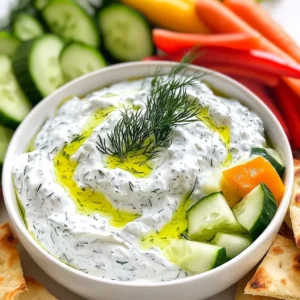 - 1 cup thick Greek yogurt - 1 medium cucumber, finely grated and thoroughly drained - 2 cloves garlic, finely minced - 1 tablespoon fresh dill, finely chopped - 1 tablespoon freshly squeezed lemon juice - 1 tablespoon high-quality olive oil - Salt, to taste - Freshly ground black pepper, to taste To make a creamy Greek tzatziki dip, you need some key ingredients. First, you want to use thick Greek yogurt. This yogurt gives the dip its rich and creamy texture. Next, cucumber adds a refreshing crunch. Grate it finely. Drain it well to keep the dip from getting watery. Garlic is a must for that strong flavor. Use two cloves, finely minced. Fresh dill adds a unique taste. You only need one tablespoon, chopped finely. Lemon juice brightens up the flavors, so use one tablespoon of fresh juice. Olive oil adds smoothness, so don&rsquo;t skip it. Finally, season with salt and freshly ground black pepper to your taste. Each ingredient plays a role. Together, they create a delicious, creamy tzatziki dip that you will love! {{ingredient_image_2}} First, you need to grate the cucumber. Use a box grater or a food processor for this. Once you finish grating, transfer the cucumber to a clean kitchen towel or cheesecloth. Gather the edges tightly and twist. This helps squeeze out excess moisture. Removing this water is key. If you skip this step, your tzatziki will turn watery. A creamy dip is what you want! Now, take a medium mixing bowl. Combine one cup of thick Greek yogurt with the drained cucumber. Add two cloves of finely minced garlic, one tablespoon of fresh dill, one tablespoon of lemon juice, and one tablespoon of olive oil. Use a spatula or whisk to blend everything well. Mix until it looks smooth and creamy. Taste it! If it needs more flavor, add salt and freshly ground black pepper. Adjust to your liking. After mixing, cover the bowl with plastic wrap or a lid. Place it in the refrigerator. Let it chill for at least 30 minutes. This time helps the flavors blend together nicely. The cold dip tastes better! Just before serving, take it out and stir again. Taste once more to see if it needs more seasoning. Enjoy your fresh tzatziki dip! To achieve the best creamy texture in your tzatziki dip, draining the cucumber is key. If you skip this step, your dip may turn out watery. Grate the cucumber finely, then wrap it in a clean kitchen towel. Squeeze out as much moisture as you can. This makes a big difference! When selecting Greek yogurt, choose a thick, creamy brand. The quality of your yogurt affects the dip&rsquo;s taste and texture. Look for yogurt with a high protein content. This will help make your tzatziki rich and satisfying. For added flavor, consider spices and herbs like mint or oregano. These can elevate your tzatziki dip to new heights. Fresh herbs bring brightness and depth. You can experiment with different combinations to find your favorite. Always adjust the seasoning to your taste. Start with a pinch of salt and a few cracks of black pepper. Mix well, then taste. You can always add more, but you can't take it out once it's in! For serving, present your tzatziki dip in a shallow bowl. This makes it easy to scoop. Drizzle a bit of olive oil on top for shine and flavor. A sprig of fresh dill makes a lovely garnish. Tzatziki pairs well with warm pita bread and fresh veggies. You can also use it as a dip for grilled meats. This versatility makes it a great addition to any meal. Enjoy the fresh, bright flavors! Pro Tips Drain the Cucumber Well: Squeezing out excess moisture ensures your tzatziki is thick and creamy, preventing it from becoming watery. Chill for Best Flavor: Allowing the tzatziki to rest in the refrigerator for at least 30 minutes melds the flavors, enhancing the overall taste. Quality Ingredients Matter: Using high-quality Greek yogurt and olive oil will significantly improve the flavor and creaminess of your dip. Experiment with Herbs: While dill is traditional, feel free to experiment with other fresh herbs like mint or parsley for a unique twist. {{image_4}} You can change the flavor of your tzatziki dip by using different herbs. Mint and oregano are great choices. Mint adds a fresh taste, while oregano gives a warm, earthy flavor. Both can enhance your dip nicely. If you're vegan or lactose intolerant, you can still enjoy tzatziki. Use a dairy-free yogurt. Look for coconut, almond, or cashew yogurt. These options work well and keep the dip creamy. Want a twist? Try adding roasted garlic or sun-dried tomatoes. Roasted garlic brings a sweet, rich flavor. Sun-dried tomatoes add a burst of tanginess. Both pair well with the creamy base. You can also incorporate different vegetables. Shredded carrots or bell peppers can add color and crunch. These additions make the dip even more interesting. Tzatziki dip is perfect for pairing with appetizers. Serve it with warm pita bread or fresh veggies. It also makes a great spread for sandwiches or wraps. For meal integration, serve tzatziki with grilled meats. It adds a refreshing touch to chicken, lamb, or beef. You can also spoon it over salads for a creamy dressing. To keep your tzatziki fresh, use a glass or plastic container. Make sure it has a tight lid. This helps keep out air and moisture. I recommend using an airtight container for the best results. In the fridge, tzatziki lasts about 3 to 5 days. If you want to save it longer, you can freeze it. Just remember to use a freezer-safe container. Tzatziki keeps well in the freezer for about 1 month. You usually do not need to heat tzatziki. It tastes best cold. If you must reheat it, do so gently. Use low heat on the stove or microwave. Stir often to keep the texture smooth. Avoid boiling, as this can change the flavor and creaminess. You can serve tzatziki dip with many tasty foods. Here are some popular pairings: - Warm pita bread - Fresh veggie sticks, like carrots and cucumbers - Grilled meats, such as chicken or lamb - Falafel or stuffed grape leaves - As a spread in wraps or sandwiches These pairings enhance the flavor and make for a delightful snack or meal. Tzatziki dip can last about 3 to 5 days in the fridge. It&rsquo;s best to store it in an airtight container. Always check for freshness before serving. If it smells off or looks funny, it's time to toss it. Keeping it sealed helps maintain its creamy texture and flavor. Yes, you can make tzatziki ahead of time! Preparing it a day in advance allows the flavors to mix well. This makes it taste even better when you serve it. Just remember to store it in the fridge in a tight container. When you're ready to serve, give it a good stir to refresh the texture. Tzatziki dip is both simple and fun to make. We covered essential ingredients like Greek yogurt, cucumber, and fresh herbs. I shared easy steps for preparation, mixing, and chilling to achieve the perfect dip. Remember to tweak flavors and presentation to suit your style. With a few variations, you can make this dip your own. Store it properly to keep it fresh. Enjoy it with your favorite snacks or meals for a tasty twist. Each bite will surely impress!