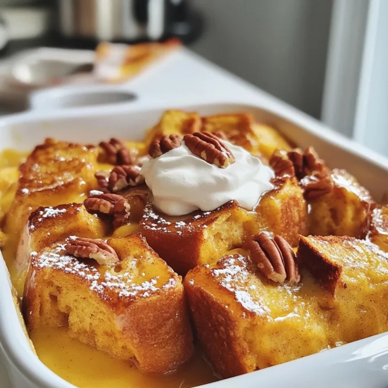 - 1 loaf of brioche or challah bread, cut into 1-inch cubes - 2 cups whole milk - 4 large eggs - 1 cup canned pumpkin puree - 1/3 cup packed brown sugar - 1 teaspoon pure vanilla extract - 1 tablespoon pumpkin spice blend - 1/2 teaspoon salt - 1/2 cup chopped pecans (optional) - Maple syrup, for serving - Whipped cream, for topping (optional) As you prepare for your Pumpkin Spice French Toast Casserole, gather these ingredients. First, the bread choice is key. I love using brioche for its soft texture. Challah also works well, adding a nice flavor. Next, you'll need whole milk, which gives the dish creaminess. Four large eggs help bind everything together. The star of the show is the canned pumpkin puree. It adds rich taste and color. Brown sugar adds sweetness. The vanilla extract enhances all the flavors. Pumpkin spice blend gives that cozy, fall vibe. You might add salt to balance the sweetness. If you want crunchy nuts, pecans are great. They add texture. Maple syrup is a must for serving. A dollop of whipped cream on top makes it extra special. With these ingredients, you are set to create a warm, inviting dish. Enjoy the process! {{ingredient_image_2}} - Preheat oven and grease baking dish First, set your oven to 350°F (175°C). Grab a 9x13 inch baking dish and grease it with non-stick spray or butter. This step helps prevent the casserole from sticking. - Prepare the pumpkin mixture In a large bowl, whisk together 2 cups of whole milk, 4 large eggs, and 1 cup of canned pumpkin puree. Add in 1/3 cup of packed brown sugar, 1 teaspoon of pure vanilla extract, 1 tablespoon of pumpkin spice blend, and 1/2 teaspoon of salt. Mix until smooth. - Combine bread and pumpkin mixture Cut your loaf of brioche or challah bread into 1-inch cubes. Scatter these cubes evenly into the greased baking dish. Slowly pour the pumpkin mixture over the bread. Use your hands or a spatula to press down on the bread. Ensure every piece is well soaked. - Cover and soak time Cover the dish tightly with aluminum foil. Let it sit at room temperature for at least 30 minutes. For the best results, refrigerate it overnight. This soaking time lets the bread soak up all the flavors. - Bake covered, then uncovered Bake the casserole covered with foil for 30 minutes. After that, carefully remove the foil. Continue baking for another 15 to 20 minutes. You want the top to be golden brown and the center set. - Cool before serving Once baked, let the casserole cool for about 5 to 10 minutes. This cooling time helps the casserole set up better. When ready to serve, drizzle it with maple syrup. Add a dollop of whipped cream if you like. Enjoy! - Choosing the right bread Use brioche or challah bread. They soak up the pumpkin mixture well. This gives you a soft and rich texture. Avoid dense bread as it may not absorb enough. - Soaking time for optimal flavor Let the casserole sit for at least 30 minutes. For the best taste, refrigerate it overnight. This allows the bread to fully absorb the flavors. - Ensuring even cooking Cover the dish with foil while baking for even heat. Remove the foil halfway through baking. This helps the top become golden brown. - Pairing with maple syrup and whipped cream Drizzle maple syrup on top for sweetness. Add whipped cream for a creamy finish. These toppings enhance the pumpkin spice taste. - Garnishing options with nuts or spices Add chopped pecans for a crunchy texture. You can also sprinkle extra pumpkin spice on top. This adds extra flavor and makes it look nice. Pro Tips Choose the Right Bread: Using brioche or challah will give you a richer flavor and a softer texture. These breads soak up the custard beautifully, making your casserole extra delicious. Overnight Soaking: For the best flavor and texture, let the casserole soak overnight in the fridge. This allows the bread to absorb all the pumpkin spice goodness thoroughly. Nutty Topping: If you enjoy a bit of crunch, sprinkle some chopped pecans or walnuts on top before baking. They add a delightful texture contrast to the soft bread. Serving Suggestions: Serve your casserole warm, drizzled with maple syrup and a dollop of whipped cream on the side for an extra treat. It’s perfect for brunch or a cozy breakfast! {{image_4}} You can change the flavor of your Pumpkin Spice French Toast Casserole to keep things exciting. - Chocolate chip Pumpkin Spice French Toast Casserole: Add 1 cup of chocolate chips to the bread cubes. Mix them in well with the pumpkin mixture. The sweet chocolate pairs nicely with the pumpkin spice. It makes a rich and tasty treat. - Apple Cinnamon variant: Dice 2 cups of fresh apples and add them to the mixture. Use a mix of Granny Smith and Honeycrisp for the best flavor. The apples add a nice crunch and a fresh taste to the casserole. You can also tweak this recipe to fit special diets. - Gluten-free bread option: If you need a gluten-free dish, use gluten-free bread. Choose a soft variety to maintain the texture. This swap keeps the flavor while making it safe for gluten-free eaters. - Dairy-free alternatives for custard: To make it dairy-free, swap whole milk with almond milk or oat milk. You can also use flax eggs instead of regular eggs. This keeps the dish creamy without any dairy. To store your Pumpkin Spice French Toast Casserole, let it cool first. Place leftovers in an airtight container. This helps keep the dish fresh. Store it in the fridge for up to three days. When you reheat it, preheat your oven to 350°F. Cover the casserole with foil. This keeps moisture in and helps it heat evenly. Bake for about 20 minutes, or until warm. You can also microwave slices for a quick option, but the oven gives the best texture. You can freeze this casserole, too. If you want to freeze it before baking, prepare the dish as normal. Cover it tightly with plastic wrap and then foil. This prevents freezer burn. You can store it for up to three months. When ready to bake, thaw it in the fridge overnight. Remove the cover before baking. Bake as the original recipe states, but add a few extra minutes to ensure it cooks through. If you freeze it after baking, let it cool. Then wrap it well and freeze. To reheat, thaw overnight in the fridge and bake as mentioned above. Yes, you can prepare this casserole the night before. After you mix the bread with the pumpkin mixture, cover it tightly. Place it in the fridge for at least 30 minutes or overnight. This soaking time helps the bread soak up all the flavors. If you don't have pumpkin puree, you can use applesauce or mashed bananas. Both options add moisture and sweetness. However, they will not give the same pumpkin flavor. Yes, you can make this casserole vegan. Substitute eggs with flax eggs or a commercial egg replacer. Use almond milk or oat milk in place of whole milk. Make sure the bread is vegan as well. To know if the casserole is done, look for a golden brown top. The center should also be set, not jiggly. You can insert a toothpick in the middle. If it comes out clean, your casserole is ready. This article covered a delicious pumpkin spice casserole recipe. You learned about the simple ingredients and easy steps to prepare it. Remember to soak the bread for great flavor and choose the right bread for the best results. I shared tips on serving it with maple syrup and whipped cream. Feel free to explore variations and dietary options to fit your needs. Whether storing or freezing, you now have all the details. This dish is tasty, fun, and perfect for gatherings. Enjoy creating your pumpkin delight!