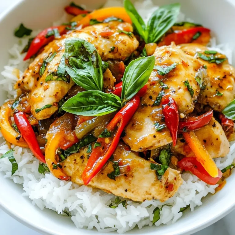 - 500g boneless chicken thighs, thinly sliced - 2-3 Thai red chilies, finely minced - 2 cups fresh Thai basil leaves, rinsed and patted dry - 3 tablespoons soy sauce - 1 tablespoon oyster sauce (optional for added depth) - 1 tablespoon fish sauce - 2 tablespoons vegetable oil - 4 cloves garlic, finely minced - 1 medium onion, sliced - 1 bell pepper, sliced - 1 tablespoon sugar - Cooked jasmine rice for serving In this recipe, the main ingredients shine. The chicken thighs give a tender bite. Thai red chilies add heat. Fresh basil brings a unique aroma. For the sauce, soy sauce provides saltiness. Oyster sauce adds a rich flavor. Fish sauce gives depth and umami. You also need vegetable oil for cooking. Garlic and onion offer a great base flavor. Bell pepper adds color and sweetness. Sugar balances the spice. Serve it all over fluffy jasmine rice, and you have a delightful meal! {{ingredient_image_2}} 1. Start by slicing 500g of boneless chicken thighs into thin strips. This helps the chicken cook evenly. 2. Next, slice one bell pepper and one medium onion. Choose a red or green bell pepper for color. 3. Finely mince four cloves of garlic and 2-3 Thai red chilies. Adjust the chilies to match your spice level. 1. Heat 2 tablespoons of vegetable oil in a large skillet or wok over medium-high heat. 2. Once hot, add the minced garlic and chilies. Stir-fry for about 30 seconds until fragrant. Be careful not to burn the garlic. 3. Raise the heat to high and add the sliced chicken. Sauté for 5-7 minutes, stirring often, until the chicken is browned. 4. Add the sliced onion and bell pepper to the skillet. Cook for 2-3 minutes until they soften. 5. In a small bowl, mix 3 tablespoons of soy sauce, 1 tablespoon of oyster sauce, 1 tablespoon of fish sauce, and 1 tablespoon of sugar. 6. Pour this sauce over the chicken and vegetables. Stir well to coat everything evenly. 1. Gently fold in 2 cups of fresh Thai basil leaves. Toss until the basil wilts, about 1 minute. 2. Serve the spicy Thai basil chicken hot over fluffy jasmine rice. This dish is best enjoyed fresh. For a beautiful presentation, serve in a large bowl with extra basil leaves and sliced chilies on top. A wedge of lime adds a nice touch too! How to make it spicier: You can add more Thai red chilies. Chop them finely and stir them in with garlic. You can also use chili paste for more heat. Making it milder for sensitivity: To reduce spice, use fewer chilies. Try removing the seeds from the chilies. You can also add more sugar or serve with extra jasmine rice to balance flavors. Ensuring chicken is juicy: Use boneless chicken thighs for more flavor and moisture. Cook them for just enough time until they turn golden brown. Avoid overcooking, as it makes the meat dry. Perfect stir-frying techniques: Make sure your oil is hot before adding ingredients. Stir constantly to avoid burning. This keeps the veggies crisp and the chicken tender. Serving styles: Serve the spicy Thai basil chicken in a large bowl. Place it over a fluffy bed of jasmine rice. This makes the dish look inviting and colorful. Garnishing for visual appeal: Add fresh basil leaves on top for a pop of green. You can also add a few sliced chilies for color. A wedge of lime on the side adds freshness and zest. Pro Tips Adjust Spice Level: You can control the heat of this dish by modifying the amount of Thai red chilies used. Start with one and increase according to your preference. Use Fresh Basil: For the best flavor, use fresh Thai basil. If unavailable, you can substitute with sweet basil, but the flavor will differ slightly. Perfectly Cooked Chicken: Make sure your chicken thighs are sliced evenly for consistent cooking. This helps in achieving a tender and juicy texture. Serving Suggestion: Serve with lime wedges on the side. The acidity complements the dish beautifully and enhances the overall flavor profile. {{image_4}} You can switch the chicken for tofu to make a vegetarian dish. Tofu soaks up flavors well. It gives a nice texture and taste. For meat lovers, try shrimp or pork. Both add a unique twist to the dish. Shrimp cooks fast and has a sweet flavor. Pork can add richness and pairs well with the spices. Feel free to add other veggies to your dish. Broccoli, snap peas, or carrots work great. They bring color and crunch to the meal. Seasonal veggies can also make it fresh. In summer, add zucchini or bell peppers. In winter, try bok choy or kale for a hearty touch. To make a gluten-free version, swap soy sauce for tamari. This keeps the flavor but makes it safe for gluten-free diets. You can also adjust the sauce flavors. Try adding hoisin sauce for sweetness. Or use sriracha for extra heat. Each change can give a new taste to this classic dish. To keep your spicy Thai basil chicken fresh, follow these steps: - Place leftovers in an airtight container. - Store in the fridge for up to three days. - For longer storage, freeze in a freezer-safe container. - Label the container with the date for easy tracking. When you freeze, the dish can last up to three months. Just be sure to let it cool before freezing. Reheating your spicy Thai basil chicken can be easy and tasty. Here’s how: - Use a microwave for quick reheating. Place it in a bowl and cover loosely. - Heat in short bursts of 30 seconds, stirring in between. - For stovetop reheating, use a skillet on low heat. Add a splash of water or broth to keep it moist. - Stir often to restore flavor and moisture. To keep the texture nice, avoid high heat. Your spicy Thai basil chicken stays fresh for a limited time. Here’s what to expect: - In the fridge, it lasts about three days. - If frozen, it can stay good for three months. - Look for signs of spoilage like off-smells or discoloration. If you see any signs, it's best to toss it. Enjoy your delicious meals safely! Spicy Thai basil chicken is a famous Thai dish. It combines chicken, Thai basil, and spicy chilies. This dish hails from Thailand, where bold flavors reign. It is popular for its aromatic herbs and rich sauces. The mix of sweet, salty, and spicy makes it a winner. You can find it in many Thai restaurants worldwide. The dish often features fresh ingredients, adding to its appeal. Yes, you can make this recipe ahead of time. Prepare the chicken and veggies, then store them in the fridge. You can cook it up to two days in advance. For best results, keep the sauce separate until you are ready to cook. This way, the chicken stays tender and juicy. When ready to eat, just heat it in a skillet until hot. Serve with fresh jasmine rice for a quick meal. Absolutely! Spicy Thai basil chicken is great for meal prep. You can pack it with rice or veggies for a balanced meal. It stores well in the fridge for up to four days. To include it in a weekly meal plan, make a large batch. Divide it into containers for easy lunches or dinners. Reheat portions as needed for a tasty and quick meal. This dish combines simple, fresh ingredients like chicken and basil for a tasty meal. You learned how to prepare the ingredients, cook them, and even adjust heat levels. Use my tips to make it yours. Don't forget the sauce; it ties everything together! Whether opting for chicken, tofu, or mixed veggies, this recipe offers great flexibility. Enjoy your homemade spicy Thai basil chicken!