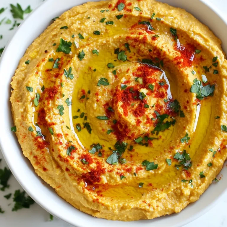 To make roasted red pepper hummus, you will need these simple ingredients: - 1 can (15 oz) chickpeas, drained and rinsed - 1 medium roasted red pepper, skin removed and roughly chopped - 2 tablespoons tahini - 2 tablespoons extra virgin olive oil, plus more for drizzling - 2 tablespoons fresh lemon juice - 1 garlic clove, minced - 1/2 teaspoon ground cumin - Salt, to taste - Fresh parsley, finely chopped, for garnish You can add a few extra touches to make your hummus shine. Consider these: - A sprinkle of paprika for color - Whole chickpeas on top for texture - Crushed red pepper for heat - A drizzle of balsamic glaze for sweetness You can use fresh or jarred roasted red peppers. Fresh peppers give a bright taste. They also let you control the roasting level. Roast them on a grill or in your oven until the skin is charred. Jarred roasted peppers save time and are convenient. They are ready to use right out of the jar. Just drain them well before adding to your hummus. Both options work well, so choose what suits your cooking style! {{ingredient_image_2}} To start, you need some simple ingredients. Gather these items: - 1 can (15 oz) chickpeas, drained and rinsed - 1 medium roasted red pepper, skin removed and roughly chopped - 2 tablespoons tahini - 2 tablespoons extra virgin olive oil - 2 tablespoons fresh lemon juice - 1 garlic clove, minced - 1/2 teaspoon ground cumin - Salt, to taste - Fresh parsley, finely chopped, for garnish This mix of ingredients makes the dip rich and tasty. Next, we blend! Place the drained chickpeas in your food processor. Add the roasted red pepper, tahini, olive oil, lemon juice, minced garlic, and cumin. Blend these ingredients on high speed. You want a smooth and creamy texture. Stop to scrape down the sides of the bowl. This helps everything mix well. Once blended, check the texture. If it's too thick, add 1-2 tablespoons of cold water. Blend again until it’s creamy. Now, taste your hummus. Add salt as needed. Blend briefly to mix the salt in. Transfer your hummus to a bowl. Use the back of a spoon to make a well in the center. Drizzle olive oil into the well and sprinkle parsley on top. This makes it look pretty and inviting. To get that smooth, creamy hummus, you must blend well. Use a food processor for the best results. Start with rinsed chickpeas and add in roasted red pepper, tahini, and olive oil. Blend on high speed until it looks silky. If it’s too thick, add 1-2 tablespoons of cold water. This helps create the right texture. Scrape the sides of the bowl often to mix everything evenly. Want to boost the flavor of your hummus? Here are some ideas: - Add more garlic if you love that strong taste. - A pinch of smoked paprika gives a nice twist. - Try adding fresh herbs like basil or cilantro for a fresh zing. - A hint of lemon zest can brighten up the dip. Feel free to experiment! These additions can make your hummus even more delicious. How you serve your hummus can enhance the experience. Here are some fun ideas: - Serve with warm pita bread for a classic touch. - Pair with fresh veggie sticks like carrots, cucumbers, or bell peppers. - Toasted pita chips add a nice crunch. - Create a colorful platter with hummus and assorted dippers. For a lovely presentation, drizzle some olive oil in the center of the hummus and sprinkle with fresh parsley. A sprinkle of paprika or whole chickpeas on top adds a nice look. Enjoy your tasty dip with friends and family! Pro Tips Choosing the Right Chickpeas: For the best flavor and texture, consider using dried chickpeas that you soak and cook yourself instead of canned ones. This can enhance the overall taste of your hummus. Roasting Your Own Peppers: If you have the time, roasting your own red peppers can add a deeper, smoky flavor to your hummus. Simply roast them in the oven or over an open flame until charred, then peel the skin off. Adjusting Consistency: If your hummus is too thick, adding a tablespoon of cold water can help achieve a creamier texture. Just blend until smooth after each addition. Flavor Variations: Experiment with additional spices like smoked paprika, cayenne pepper, or fresh herbs such as basil or cilantro to create unique flavor profiles in your hummus. {{image_4}} To spice up your hummus, add a dash of cayenne pepper or red pepper flakes. Blend them in with your other ingredients. This will give your dip a nice kick. You can also add a fresh jalapeño for a bold flavor. Just remove the seeds to control the heat. Adding herbs can boost your hummus. Try fresh basil, cilantro, or dill. Mix them in while blending for a burst of flavor. You can even add a pinch of dried herbs like oregano or thyme. This makes the taste more vibrant and fresh. If you want a nut-free option, skip the tahini. Instead, use sunflower seed butter. It gives a similar creaminess without nuts. You can also blend in cooked sweet potatoes for a rich texture. This adds a sweet note and keeps it creamy. To keep your roasted red pepper hummus fresh, store it in a clean container. Use an airtight container to prevent air from drying it out. Always press plastic wrap directly on the surface of the hummus. This trick helps keep the dip creamy and flavorful. When stored properly in the fridge, roasted red pepper hummus can last about 4 to 7 days. Make sure to check for any changes in smell or color before eating. If it looks or smells off, it’s best to toss it. You can freeze roasted red pepper hummus if you want to save some for later. Just scoop it into a freezer-safe container. Leave some space at the top, as the hummus will expand when frozen. It can last for about 3 months in the freezer. To thaw, place it in the fridge overnight. After thawing, give it a good stir and add a little olive oil if needed. Yes, you can use dried chickpeas. First, soak them overnight in water. Then, cook them until they are soft. This process takes longer but adds a fresh taste. Just remember to drain and cool them before using. To spice up your hummus, add red pepper flakes or cayenne pepper. Start with a small amount and taste as you blend. You can also mix in fresh jalapeños for more heat. This gives your dip a nice kick without losing its creamy texture. Hummus pairs well with various foods. Here are some great options: - Warm pita bread - Fresh vegetable sticks (carrots, cucumbers, bell peppers) - Toasted pita chips - Crackers - Grilled meats or fish These items enhance the flavor and make for a delightful snack or appetizer. Enjoy the creamy dip with your favorites! Roasted red pepper hummus is easy to make and fun to customize. We explored ingredients, step-by-step instructions, and various tips. You can achieve a creamy texture and add unique flavors. Don't forget the storage tips to keep your hummus fresh! Remember, you can create different versions, from spicy to herb-infused. With these simple ideas, you can enjoy hummus any time. Get creative and have fun with your new favorite dip!