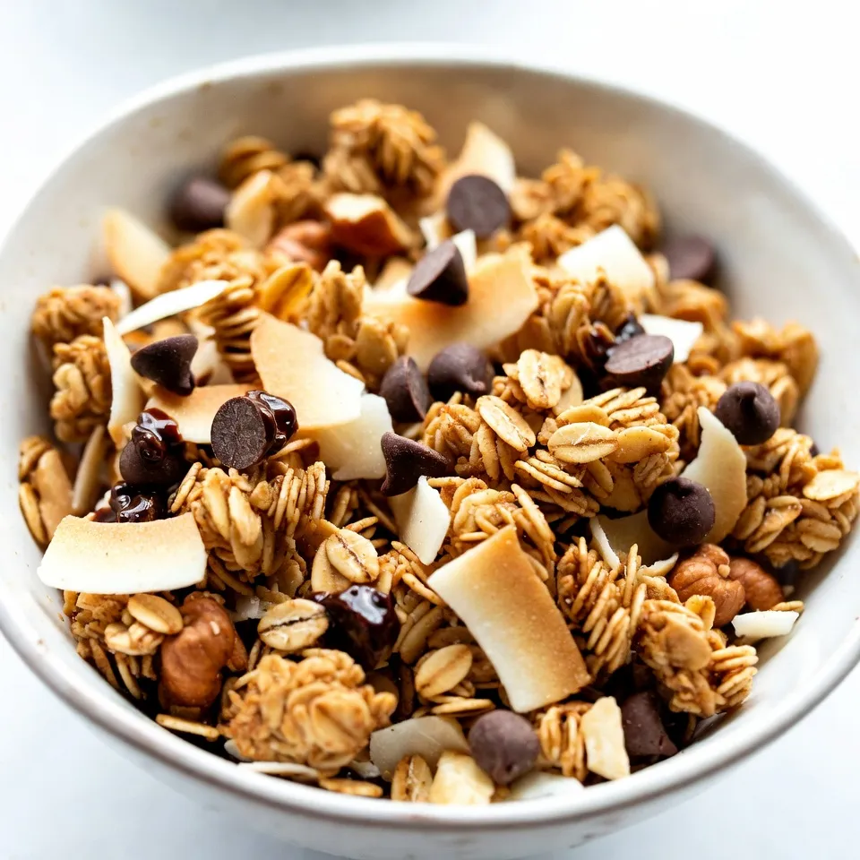 - 3 cups rolled oats - 1 cup unsweetened shredded coconut - 1 cup chopped nuts (almonds, walnuts, or a mix) - 1/2 cup honey or maple syrup - 1/4 cup melted coconut oil - 1 teaspoon pure vanilla extract - 1/2 teaspoon fine sea salt - 1/2 teaspoon ground cinnamon - 1 cup dark chocolate chips What are the health benefits of oats? Oats are a great source of fiber. Fiber helps keep you full longer. This can help with weight control. Oats also lower cholesterol levels. They support heart health. Eating oats can help stabilize blood sugar. What are the advantages of coconut? Coconut adds a tasty crunch to your granola. It contains medium-chain fatty acids. These fats can boost energy and support metabolism. Coconut also has antioxidants. Antioxidants help protect your body from damage. What are the benefits of dark chocolate? Dark chocolate is rich in antioxidants. It can improve heart health and lower blood pressure. It also boosts mood and can help with brain function. Plus, it adds a rich flavor to your granola. {{ingredient_image_2}} 1. Preheat your oven to 350°F (175°C). This step is key for crisp granola. 2. Line a large baking sheet with parchment paper. This helps with easy cleanup. 3. In a large bowl, mix the dry ingredients: - 3 cups rolled oats - 1 cup unsweetened shredded coconut - 1 cup chopped nuts - 1/2 teaspoon fine sea salt - 1/2 teaspoon ground cinnamon Stir well to blend everything evenly. 4. In another bowl, whisk together the wet ingredients: - 1/4 cup melted coconut oil - 1/2 cup honey or maple syrup - 1 teaspoon pure vanilla extract Mix until smooth and well combined. 5. Pour the wet mixture over the dry ingredients. Stir gently to coat all the oats and nuts. Make sure everything is mixed well. 6. Spread the granola mixture evenly on the prepared baking sheet. Aim for a single layer to bake evenly. 7. Bake in your preheated oven for 20-25 minutes. Halfway through, stir the mixture to help it cook evenly. Watch it closely, as it can burn quickly. 8. Once golden brown, remove the granola from the oven. Let it cool on the baking sheet for about 10 minutes. This cooling time helps it become crisp. 9. After cooling, fold in the dark chocolate chips. Some will melt, adding rich flavor to your granola. 10. Transfer the granola to an airtight container. This keeps it fresh and crunchy for longer. To make the best granola, avoid burning it. Check it often while baking. Stir the mixture halfway through. This helps the granola bake evenly. If you see it turning dark, take it out right away. You can also swap nuts in this recipe. Try almonds, walnuts, or a mix. Each nut adds a different taste and texture. If you have a nut allergy, seeds like pumpkin or sunflower work well too. Granola is great with yogurt or milk. Scoop some granola over a bowl of creamy yogurt. Add fresh fruit for extra flavor. You can also enjoy it as a snack. Grab a handful when you need a quick pick-me-up. It’s tasty and keeps you full. To keep your granola fresh, store it in an airtight container. This helps it stay crunchy. Glass jars or plastic bins with tight lids work best. Avoid leaving it in open bags. It can get stale quickly that way. If you make a big batch, it will last about two weeks. Pro Tips Use Fresh Ingredients: Always opt for fresh nuts and coconut for the best flavor and texture in your granola. Customize Your Nuts: Feel free to mix and match different types of nuts or even add seeds for extra nutrition and crunch. Watch the Baking Time: Keep a close eye on your granola as it bakes to avoid burning; removing it from the oven when it’s golden brown ensures a perfect texture. Storage Matters: Store your granola in an airtight container to maintain its crunchiness and freshness for longer. {{image_4}} You can change the flavor of your granola easily. Adding dried fruits can bring in sweetness and chewiness. Consider raisins, cranberries, or apricots for tasty bites. Mix in about 1 cup of your favorite dried fruits after baking. This will make your granola even more delicious. You can also try new spices to make it unique. Instead of just cinnamon, add nutmeg or ginger. A little cardamom can also give your granola a warm taste. Experiment with these spices and find what you like best. If you need gluten-free options, use gluten-free oats. These oats work just like regular ones. Make sure to check the label to ensure they are certified gluten-free. This way, everyone can enjoy your granola without worries. For vegan modifications, swap honey or maple syrup with agave nectar. You can also use coconut nectar if you prefer. Both options will keep your granola sweet while making it vegan friendly. You don’t have to stick to dark chocolate chips. You can use milk or semi-sweet chocolate chips if you like a sweeter taste. This will change the flavor profile but still keep it yummy. Feel adventurous? Try flavored chocolate chips, like mint or peanut butter. They can add an exciting twist to your granola. Just mix in about 1 cup as you would with dark chocolate chips. Many brands sell coconut chocolate chip granola. Some are more popular than others. Here are a few I trust: - Nature Valley offers great taste and crunchy texture. Their granola is easy to find. - KIND makes a tasty option with healthy ingredients. They focus on whole foods. - Bear Naked has a fun mix of flavors. Their granola is both hearty and flavorful. If you want health-focused options, check out brands like Purely Elizabeth. They use ancient grains and superfoods. These options often have fewer added sugars and are more nutrient-dense. You can find pre-made granola in many places. Grocery stores like Whole Foods and Trader Joe's offer great choices. Look in the breakfast aisle or the health food section. If you prefer online shopping, retailers like Amazon and Thrive Market have a wide selection. You can read reviews and compare prices easily. Both options allow you to shop at your own pace. Making granola at home can save you money. Store-bought versions can be pricey. You can make a big batch for less than $10. Homemade granola also lets you control the ingredients. When it comes to nutrition, homemade granola often wins. You can use whole oats, real honey, and dark chocolate. Store-bought options may have added sugars or preservatives. Always read the label to check what you’re buying. You can easily make this granola gluten-free by choosing certified gluten-free oats. Regular oats may contain gluten due to cross-contamination. Look for oats labeled gluten-free to ensure safety. This small change lets everyone enjoy the granola without worry. Yes! You can use agave nectar, coconut sugar, or brown rice syrup. Each sweetener gives a unique flavor. Just keep the amount similar to honey or maple syrup so it stays sweet and delicious. Homemade granola lasts about two weeks when stored properly. Keep it in an airtight container to maintain freshness. You can also store it in the fridge for longer shelf life. This way, your granola stays crunchy and tasty! Absolutely! You can skip the nuts if you have allergies or preferences. Use more oats or coconut for texture. You can also add seeds like sunflower or pumpkin for crunch. This keeps the granola tasty and satisfying. You can personalize your granola with different ingredients. Add dried fruits like raisins or cranberries for sweetness. You can also try different spices like nutmeg or cardamom for flavor. Just keep the balance in mind to ensure a great mix! This blog covered how to make tasty coconut chocolate chip granola. We explored the ingredients, their benefits, and easy steps to prepare it. You also learned storage tips and ways to tweak the recipe. Granola is fun to make and offers healthy snacks. You can enjoy it with yogurt or simply as a snack. With a few changes, you can create your favorite mix. So, dive in and enjoy your homemade granola!
