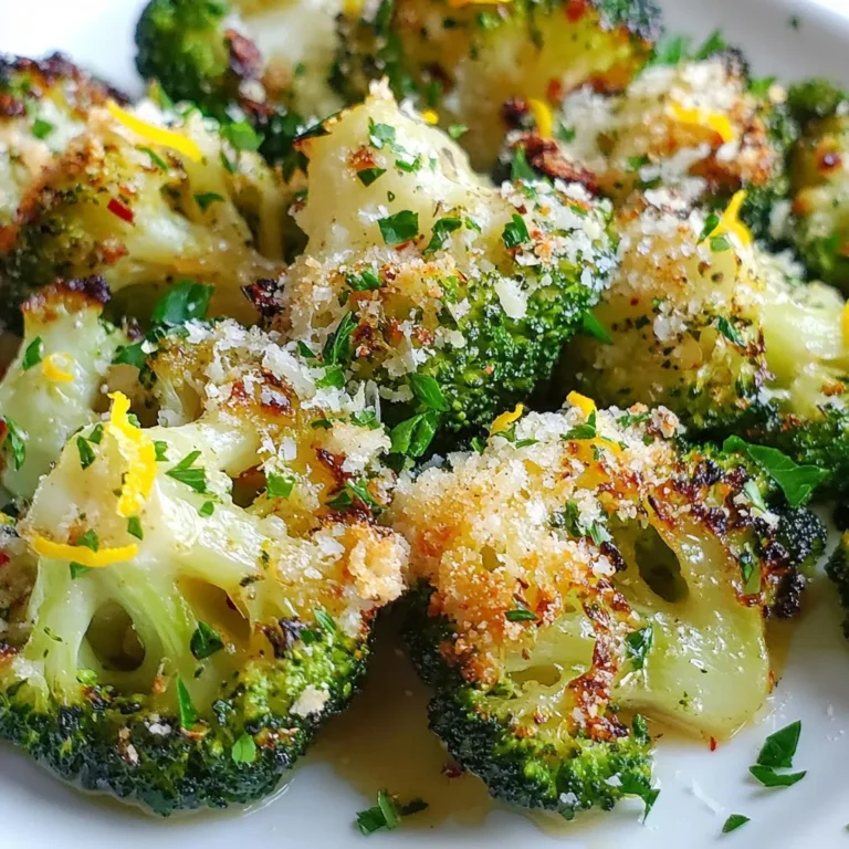 You need a few simple, fresh items to make this dish shine. - 1 pound fresh broccoli florets - 4 large cloves of garlic, finely minced - 3 tablespoons extra virgin olive oil - 1/4 cup freshly grated Parmesan cheese - Zest of 1 lemon - Salt and freshly ground black pepper to taste - Optional: 1/2 teaspoon red pepper flakes for a kick - Fresh parsley, finely chopped for garnish These ingredients work together to create a tasty, savory side dish. Fresh broccoli is packed with nutrients and taste. Garlic adds depth, while Parmesan gives a nice, cheesy touch. Measuring is key for a balanced dish. Use a kitchen scale for the broccoli. It ensures you have the right amount. For garlic, a standard clove is about one teaspoon when minced. - Olive oil: Use a tablespoon to measure. Three tablespoons should coat the broccoli well. - Cheese: Grate it fresh for the best flavor. Be precise with your salt and pepper. Season gradually, tasting as you go, to find the perfect balance. Want to kick it up a notch? Add some red pepper flakes for heat. You could also try: - Lemon juice for extra fresh flavor. - A pinch of smoked paprika for a warm, smoky taste. - Toasted nuts like pine nuts for crunch. These options let you customize the dish to your liking. Experiment and enjoy the process! {{ingredient_image_2}} Start by preheating your oven to 425°F (220°C). This high heat makes the broccoli crisp and tender. While the oven warms up, rinse the fresh broccoli florets under cool water. Pat them dry with a clean towel. Drying the broccoli helps it roast better. In a large mixing bowl, combine the broccoli and minced garlic. Pour in the extra virgin olive oil. This oil adds flavor and helps the seasonings stick. Next, season with salt, black pepper, and red pepper flakes if you want some heat. Toss everything well so the broccoli is evenly coated. Spread the seasoned broccoli on a baking sheet lined with parchment paper. Make sure the florets are in a single layer. This helps them roast evenly. Slide the baking sheet into the oven and roast for about 15 minutes. Look for tender broccoli with slightly crispy edges to know it’s done. Once the broccoli is tender, take it out of the oven. Sprinkle the freshly grated Parmesan cheese over the hot broccoli. This cheese will melt and create a delicious topping. Return the baking sheet to the oven for another 5 minutes. After that, add the lemon zest for a bright flavor. Toss everything gently to mix. Serve hot, garnished with fresh parsley for color and taste. When picking broccoli, look for bright green florets. They should feel firm and fresh. Avoid yellowing or wilting, as these signs show the broccoli is past its best. Smaller florets offer a tender bite, while larger ones can be tougher. If you can, buy organic broccoli for better flavor. Roasting at 425°F (220°C) gives the best texture and flavor. Spread the florets evenly on the baking sheet. Crowding can cause steaming instead of roasting. Make sure each piece has space to brown. Check them around the 15-minute mark. Look for fork-tender texture with crispy edges. Add garlic early in the process for a rich flavor. Fresh lemon zest brightens the dish at the end. It adds a zing that balances the cheese. If you like heat, sprinkle red pepper flakes before roasting. Finally, fresh parsley adds color and freshness on top. This makes the dish pop visually and taste-wise. Pro Tips Choose Fresh Broccoli: Always opt for vibrant green broccoli with firm florets for the best flavor and texture. Use Quality Olive Oil: A high-quality extra virgin olive oil will enhance the flavor of your roasted broccoli significantly. Customize the Cheese: Experiment with different cheeses like feta or cheddar for a unique twist on the classic Parmesan topping. Perfect Roasting Time: Keep an eye on the broccoli during roasting; every oven is different, and you want to achieve that perfect golden-brown color. {{image_4}} You can switch things up by trying different cheeses. Instead of Parmesan, consider using sharp cheddar or creamy goat cheese. These options add unique flavors that change the whole dish. For a cheesy twist, blend in mozzarella for a stretchy texture. Each cheese brings its own charm, so don’t be afraid to experiment! Broccoli is great, but you can add more veggies! Try mixing in cauliflower, Brussels sprouts, or asparagus. These veggies roast well and add color. You can even toss in some bell peppers for sweetness. Just make sure to cut them into similar sizes for even cooking. This way, every bite is a tasty surprise. If you love bold flavors, spice it up! You can add garlic powder, onion powder, or smoked paprika. These spices give a nice kick and depth. For a fresh taste, sprinkle in some herbs like thyme or oregano. If you want heat, consider adding more red pepper flakes. Play with the seasonings to find your perfect blend! To keep leftover roasted broccoli fresh, let it cool down first. Place it in an airtight container. Store it in the fridge. It will stay good for about 3 to 4 days. If you want to keep it longer, consider freezing it. When you are ready to eat the leftovers, reheating is key. The oven works best for this. Preheat your oven to 350°F (175°C). Spread the broccoli on a baking sheet. Heat for about 10 minutes, or until warm. This keeps it crispy. You can also microwave it, but the texture may change. Freezing roasted broccoli is simple. First, cool it down completely. Then, place it in a freezer-safe bag. Remove as much air as possible before sealing. Label the bag with a date. You can freeze it for up to 3 months. When you are ready to use it, thaw it in the fridge before reheating. Yes, you can use frozen broccoli. However, fresh broccoli gives a better texture. Frozen broccoli may become mushy when cooked. If you use frozen, thaw and drain it well before roasting. Roasted Garlic Parmesan Broccoli pairs well with many dishes. You can serve it with grilled chicken or fish. It also complements pasta and rice dishes nicely. This broccoli dish adds a fresh, tasty element to any meal. Roasted Garlic Parmesan Broccoli lasts about three to four days in the fridge. Store it in an airtight container to keep it fresh. Reheat it in the oven or microwave for the best taste. Absolutely! This recipe is great for meal prep. You can make a big batch and divide it into portions. It saves time and adds a healthy side to your meals throughout the week. Yes, you can make this dish without cheese. Simply skip the Parmesan and add extra herbs or spices for flavor. You can try nutritional yeast for a cheesy flavor without dairy. Roasted Garlic Parmesan Broccoli is simple to make and packed with flavor. We explored key ingredients, step-by-step instructions, and clever tips to achieve the best results. Variations let you customize it to your taste. Storing leftovers is easy, and we answered common questions to guide you. Try this recipe for a tasty side dish that everyone will love. Enjoy the process and improve your cooking skills with every bite. Let roasting broccoli become a fun part of your meals!