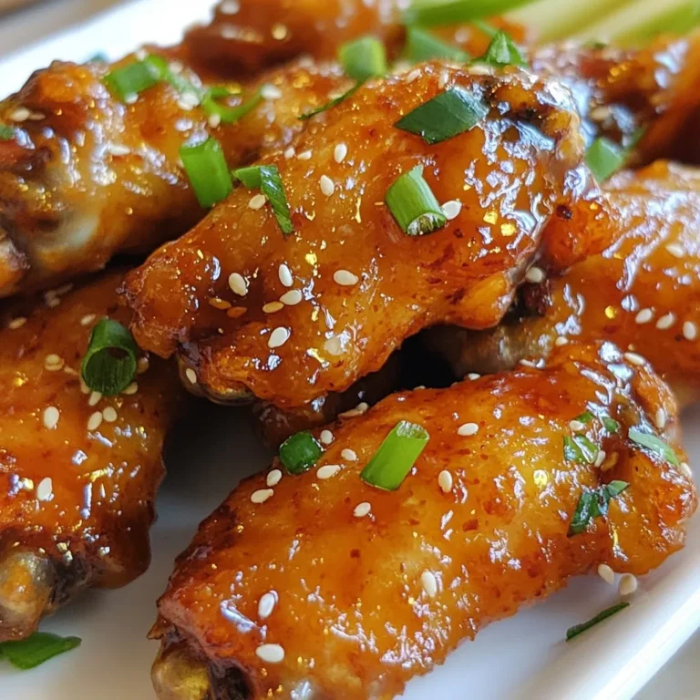 - 2 pounds of fresh chicken wings - 1/4 cup of pure honey - 1/4 cup of Sriracha sauce - 2 tablespoons of soy sauce - 1 tablespoon of apple cider vinegar - 1 clove of fresh garlic, finely minced - 1 teaspoon of freshly grated ginger - 1 teaspoon of toasted sesame oil - Salt and freshly ground black pepper to taste These main ingredients create a perfect blend of sweet and spicy. The chicken wings are the star of this dish. You want fresh wings for the best taste and texture. Honey adds sweetness, while Sriracha gives heat. Soy sauce adds depth, and apple cider vinegar adds brightness. Garlic and ginger bring aroma and flavor, making this dish truly special. - Salt - Freshly ground black pepper Salt and pepper are simple but vital. They enhance the taste of the wings. Use them generously to season the chicken before adding the sauce. This step ensures each wing is flavorful. - Sesame seeds - Thinly sliced green onions Garnishing adds both beauty and texture. Sesame seeds give a nice crunch, while green onions add a pop of color. They also provide a fresh taste that balances the rich sauce. Always add these garnishes just before serving. This keeps them bright and appealing. {{ingredient_image_2}} First, preheat your oven to 400°F (200°C). This step is key for crispy wings. While the oven heats, line a large baking sheet with parchment paper. This will stop the wings from sticking and make cleaning easier. In a big mixing bowl, add the following: - 1/4 cup of pure honey - 1/4 cup of Sriracha sauce - 2 tablespoons of soy sauce - 1 tablespoon of apple cider vinegar - 1 clove of fresh garlic, finely minced - 1 teaspoon of freshly grated ginger - 1 teaspoon of toasted sesame oil Whisk these ingredients together until they are well blended. The sauce should be smooth and shiny. This mix gives the wings their bold flavor. Take your 2 pounds of fresh chicken wings and sprinkle them with salt and pepper. Make sure to coat them well. Then, put the wings in a large bowl and pour the honey Sriracha sauce over them. Toss the wings until they are fully covered in sauce. If you like, save a small amount of sauce for later. Place the coated wings in a single layer on your baking sheet. Ensure they have space. This helps them cook evenly. Bake the wings for 30-35 minutes. Halfway through, flip them to get crispy skin on both sides. In the last 5 minutes, brush the wings with the reserved sauce. This adds a sticky glaze that makes them even more tasty. Once they are done baking, take the wings out of the oven. Let them rest for a few minutes. This helps keep the juices inside. Just before serving, sprinkle sesame seeds and thinly sliced green onions on top. This adds a nice crunch and bright color. Serve the wings on a large platter for a fun presentation! To make crispy chicken wings, start with dry wings. Pat them with paper towels to remove moisture. This helps them crisp up in the oven. Use a wire rack on your baking sheet. It allows hot air to circulate, which promotes even cooking. Bake at 400°F for 30-35 minutes, flipping halfway. Brush with sauce in the last five minutes for added flavor. If you like heat, add more Sriracha sauce. For a milder dish, reduce the Sriracha. You can also mix in a bit of honey for sweetness. Taste the sauce before you coat the wings. This way, you can adjust it to your liking. You can even add more garlic or ginger for depth. Experiment and find your perfect balance! Here’s what you need for this recipe: - Large baking sheet - Parchment paper - Mixing bowl - Whisk - Wire rack (optional for crispiness) - Basting brush (for the sauce) - Paper towels (for drying wings) Having the right tools makes cooking easier and more fun. Enjoy making these wings! Pro Tips Marinate for Maximum Flavor: For even more flavorful wings, marinate them in the honey Sriracha sauce for at least 1 hour or overnight in the refrigerator before baking. Adjusting Spiciness: If you prefer a milder wing, reduce the amount of Sriracha in the sauce or add more honey to balance the heat. Achieving Extra Crispiness: For an extra crispy texture, broil the wings for the last 2-3 minutes of cooking, keeping a close eye to prevent burning. Garnishing Ideas: Experiment with different garnishes like chopped cilantro or lime wedges for a fresh twist that complements the sweet and spicy flavors. {{image_4}} You can spice up your Honey Sriracha wings easily. Try adding cayenne pepper for heat. A pinch of smoked paprika gives a nice smoky flavor. You can mix in cumin for a warm earthiness. If you love garlic, add more minced garlic to the sauce. Adjust the spices to fit your taste buds. Have fun with this part! Baking wings is simple and gives great results. But you can also grill them for a smoky taste. Preheat the grill to medium heat. Place wings on the grill, turning every few minutes. Cook them until they reach 165°F (75°C). Grilling adds a nice char that many people love. Choose your method based on your mood! Serve your wings on a big platter. Add some fresh herbs and extra sesame seeds on top. Pair them with ranch or blue cheese dressing for dipping. Fresh veggies like celery and carrot sticks make a great side. If you want a drink, try a cold beer or a sweet tea. These pairings will make your meal even better! To store leftover honey Sriracha chicken wings, first let them cool. Then, place them in an airtight container. Make sure to use a container that seals tightly. This helps keep the wings fresh. They can last in the fridge for up to three days. If you want to enjoy them later, consider freezing them. When reheating your chicken wings, aim for the best taste. Preheat your oven to 375°F (190°C). Spread the wings on a baking sheet lined with foil. This keeps them from sticking. Heat them for about 15-20 minutes. You can also brush some extra sauce on them for added flavor. This step makes them juicy and tasty again. For long-term storage, freezing is a great choice. First, let the wings cool completely. Next, arrange them in a single layer on a baking sheet. Freeze them for about one hour. Once they are firm, transfer them to freezer bags. Remove as much air as possible. They can last up to three months in the freezer. When ready to eat, thaw them in the fridge overnight before reheating. To get crispy chicken wings, start by drying them. Pat them with paper towels to remove extra moisture. Preheat the oven to 400°F (200°C). Use a rack on your baking sheet. This allows air to flow around the wings. Bake them for 30-35 minutes, flipping halfway through. For extra crispiness, broil them for 2-3 minutes at the end. Yes, you can use frozen chicken wings. However, you should thaw them first. Place them in the fridge overnight or submerge them in cold water. Once thawed, follow the same steps in the recipe. Adjust the cooking time if needed, as they may take a bit longer to cook through. To reduce sweetness, use less honey. Start with 2 tablespoons instead of 1/4 cup. For less heat, cut back on the Sriracha sauce. You can use 2 tablespoons instead of 1/4 cup. Taste the sauce as you mix it. Adjust it until you find the right balance for your palate. For a serving of Honey Sriracha Chicken Wings (approximately 4 wings), you can expect: - Calories: 350 - Total Fat: 20g - Saturated Fat: 5g - Cholesterol: 75mg - Sodium: 600mg - Total Carbohydrates: 15g - Sugars: 10g - Protein: 25g These values are estimates and can vary based on the ingredients used. Adjust for any changes you make to the recipe. We've explored how to make tasty Honey Sriracha Chicken Wings. You learned about key ingredients, essential seasonings, and great garnishes. I shared step-by-step instructions to help you bake wings to perfect crispiness. Tips on adjusting spice levels and storage options will keep your wings delicious later. Enjoy personalizing this dish to fit your taste. With these insights, you'll impress family and friends at your next gathering. Happy cooking!