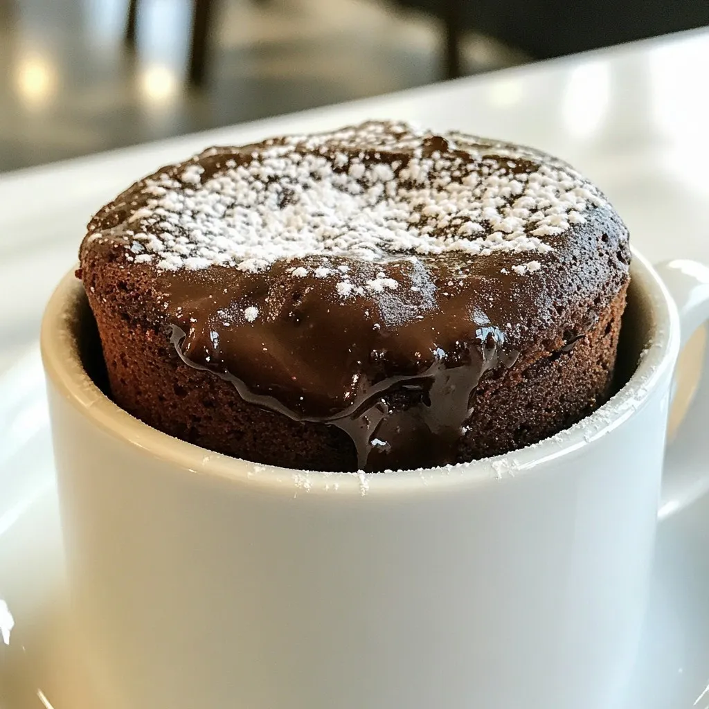 - 1/4 cup all-purpose flour - 1/4 cup granulated sugar - 1/4 cup unsweetened cocoa powder - 1/4 teaspoon baking powder - 1/8 teaspoon salt - 3 tablespoons milk - 2 tablespoons vegetable oil - 1/4 teaspoon vanilla extract - 1 chocolate square (or 1 tablespoon chocolate chips) - Optional: Powdered sugar for dusting To make my chocolate lava mug cake, you need a few simple ingredients. Each item plays a key role in creating that rich, gooey center. Start with all-purpose flour. It gives the cake structure. Granulated sugar adds sweetness, while cocoa powder gives it that deep chocolate flavor. The baking powder helps the cake rise, and salt balances the sweetness. Next, you’ll need milk for moisture. Vegetable oil keeps the cake tender and adds richness. Vanilla extract enhances the flavor, making every bite more delightful. Finally, the star of the show is your chocolate square or chips! This is what creates the molten center. You can even dust the top with powdered sugar for a sweet finish. Gather these ingredients, and you are ready to whip up a delicious treat! {{ingredient_image_2}} First, find a microwave-safe mug. This is key to making your mug cake safe and easy. Grab your measuring cups and spoons. Measure out 1/4 cup of all-purpose flour, 1/4 cup of granulated sugar, 1/4 cup of unsweetened cocoa powder, 1/4 teaspoon of baking powder, and 1/8 teaspoon of salt. Now, mix these dry ingredients well. I like to use a small whisk or fork. Make sure there are no clumps. This step sets the base for your rich lava cake. Next, let’s add the wet ingredients. Pour in 3 tablespoons of milk, 2 tablespoons of vegetable oil, and 1/4 teaspoon of vanilla extract. Stir this mixture until it becomes a smooth batter. You want it to be free of lumps. This creates that lovely texture you crave. Now comes the fun part! Take your chocolate square or 1 tablespoon of chocolate chips. Gently press it into the center of the batter. Make sure it is submerged a bit. This will form the gooey lava center that melts when you cook it. Place your mug in the microwave. Set the timer for 40-60 seconds on high. Start checking at the 40-second mark. The edges should feel slightly firm while the middle stays soft and gooey. Be careful not to overcook it! The melted chocolate is what gives you that amazing lava effect. Once it's done, carefully take it out. Let it cool for about one minute. If you want, you can sprinkle some powdered sugar on top. Enjoy your warm, decadent treat right from the mug! To get that perfect gooey center, timing is key. Start by cooking your mug cake for 40 to 60 seconds in the microwave. The time can vary based on your microwave's power. Check it at the 40-second mark to see if it’s ready. The edges should feel firm, but the middle must stay soft and gooey. If you've cooked it too long, the chocolate won’t melt properly. You want a good balance here. Look for a soft, jiggly center. If in doubt, undercook it. You can always pop it back in for a few more seconds. You can easily swap ingredients for your taste. For a richer flavor, try using dark chocolate instead of the regular chocolate square. This change adds a deeper chocolate taste. You can also use almond milk or coconut milk if you want a dairy-free version. Serving suggestions can elevate your mug cake. Top it with a scoop of ice cream or a dollop of whipped cream. A light dusting of powdered sugar can make it look fancy. Add fresh berries for a burst of flavor. These simple touches make your dessert feel special. Pro Tips Use the Right Mug: Choose a mug that is at least 12 ounces to give the cake enough room to rise without overflowing. Experiment with Flavors: Add a pinch of espresso powder or a drop of almond extract to enhance the chocolate flavor. Check for Doneness: Keep a close eye on the cake while microwaving; it can go from perfect to overcooked in seconds! Serve with Ice Cream: For an indulgent treat, serve your molten cake with a scoop of vanilla ice cream on top. {{image_4}} You can easily change some ingredients for this mug cake. If you want a gluten-free treat, switch the all-purpose flour for a gluten-free blend. Many options work well. Just check that the blend includes a binding agent like xanthan gum. For a dairy-free version, use almond milk or oat milk instead of regular milk. You can also use coconut oil instead of vegetable oil. These swaps keep your cake moist and tasty. Want to add more flavor? You can mix in nuts or fruit. Chopped walnuts or raspberries add great taste and texture. Just fold them into the batter before microwaving. Another fun idea is to infuse your cake with flavors. Add a teaspoon of espresso powder for a rich coffee taste. Or try a drop of mint extract for a fresh twist. These little changes can make your mug cake unique and fun. You might have extra batter after making your cake. To store leftover batter, pour it into a clean, airtight container. Keep it in the fridge for up to two days. When you want to eat it, simply stir it again. For reheating, use your microwave. Place the batter in a microwave-safe mug. Heat it for about 30 seconds. Check to see if it's warm. If not, add a few more seconds. This cake is best fresh. I recommend eating it right away. If you store it, consume it within two days for the best taste. The texture changes after that. You may lose the gooey center charm. Always check for any off smells before eating leftovers. You can bake this cake in an oven. Preheat your oven to 350°F (175°C). Use a small oven-safe ramekin instead of a mug. Follow the same steps to mix your batter. Pour it into the ramekin and bake for about 10-12 minutes. Check if the edges are firm but the center is soft. Adjust the time as needed. Yes, you can prepare the dry ingredients ahead of time. Mix the flour, sugar, cocoa powder, baking powder, and salt in a bowl. Store this mixture in a sealed container. When you're ready, add the wet ingredients and bake. This saves time for a quick dessert. If your mug cake is dry, it likely cooked too long. Next time, check it sooner. Start with 40 seconds and add time in 10-second increments. If it overcooks, you can add a scoop of ice cream on top for moisture. Enjoy it with a drizzle of chocolate sauce for added flavor. In this article, we explored making a delicious chocolate lava mug cake. We walked through the key ingredients and detailed the steps for a rich, molten dessert. I shared tips for achieving the perfect center and variations to suit your taste. You can easily store any leftovers and enjoy them later. Experiment and make this recipe your own. Happy baking!