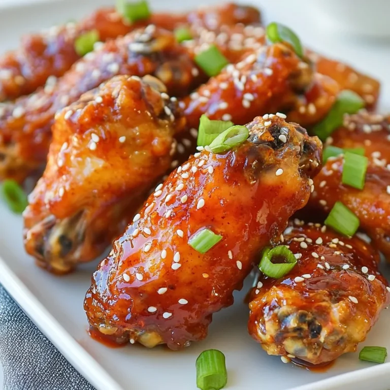 - 2 lbs chicken wings - 1/4 cup honey - 1/4 cup Sriracha sauce - 2 tablespoons soy sauce - 2 tablespoons unsalted butter, melted - 1 tablespoon apple cider vinegar - 1 clove garlic, minced - 1 teaspoon fresh ginger, grated - 1/4 teaspoon freshly ground black pepper - 1/4 teaspoon salt - Chopped green onions - Sesame seeds When I create Honey Sriracha Chicken Wings, I start with fresh chicken wings. They are the star of the dish. You can use frozen wings, but fresh ones yield better results. I mix honey with Sriracha sauce for a sweet and spicy kick. The soy sauce adds depth, while melted butter gives richness. Apple cider vinegar balances the flavors with a touch of tang. Next, I add minced garlic and grated ginger. They bring out amazing flavors. Black pepper and salt enhance the taste. Together, these ingredients create a marinade that coats the wings perfectly. For garnish, I use chopped green onions and sesame seeds. They add a pop of color and crunch. These simple ingredients make my wings not only tasty but also visually appealing. {{ingredient_image_2}} - Mixing Ingredients: In a bowl, mix honey, Sriracha, soy sauce, melted butter, apple cider vinegar, minced garlic, grated ginger, black pepper, and salt. Use a whisk to blend them well. - Achieving the Right Consistency: The marinade should be smooth and glossy. This will help it coat the wings evenly. - Recommended Marinating Time: Place the chicken wings into a large bag. Pour the marinade over them. Seal the bag or cover the bowl. Let them marinate for at least one hour, or overnight for the best flavor. - Importance of Coating Evenly: Make sure each wing is covered with the marinade. This helps each bite burst with flavor. - Preheating the Oven: Set your oven to 400°F (200°C). This high heat will make the wings crispy. - Arranging Wings on Baking Sheet: After marinating, take the wings out. Let the excess marinade drip off. Place the wings in a single layer on a lined baking sheet. Space them out for even cooking. - Cooking Time and Temperature: Bake the wings for 25-30 minutes. Flip them halfway through for even browning. For extra crispiness, turn on the broiler for 2-3 minutes at the end. Watch them closely to avoid burning. To get that perfect crunch on your wings, follow these steps: - Broiling Tips: Broil the wings for an extra few minutes. Watch them closely to avoid burning. This adds a nice crispy layer. - Flipping Wings for Even Cooking: Flip the wings halfway through baking. This helps them cook evenly and get golden on all sides. Finding the right mix of sweet and spicy is key: - Adjusting Sriracha Levels: Start with less Sriracha if you prefer mild wings. You can always add more later for heat. - Additional Flavor Ideas: Try adding lime juice or garlic powder for more depth. These can elevate the taste in a fun way. Make your wings look and taste great: - Presentation Tips: Serve the wings on a big platter with lettuce leaves. This makes them pop and adds freshness. - Dipping Sauce Ideas: Offer extra Sriracha or a cool ranch dip. This gives guests a choice to match their taste. Pro Tips Use Fresh Ingredients: Fresh garlic and ginger will enhance the flavor profile of your wings significantly compared to dried or jarred alternatives. Double Bake for Extra Crispiness: For wings that are extra crispy, consider baking them twice. Bake them at a lower temperature first, then crank it up to finish them off for a perfect crunch. Experiment with Heat Levels: Adjust the amount of Sriracha to your personal spice preference, or mix in a dash of cayenne pepper for an additional kick! Serve with Dipping Sauces: Accompany your wings with a cooling ranch or blue cheese dressing to balance the heat and enhance the overall experience. {{image_4}} You can change the heat level by using different hot sauces. Try using a chipotle sauce for a smoky taste. You can also use sriracha mixed with a bit of Frank's RedHot for a tangy kick. If you want extra heat, add cayenne pepper or crushed red pepper flakes to the marinade. Both will bring the spice to a higher level. Baking wings is a great way to make them healthier. Baking gives you crispiness with less oil than frying. If you want to cut sugar, use sugar-free honey or agave syrup instead of regular honey. These options still add sweetness without the extra calories. Adding citrus can brighten the flavor of your wings. Try squeezing in fresh lime or lemon juice into the marinade. You can also add zest for more zing. For an herbal touch, mix in chopped fresh herbs like cilantro or parsley. These additions can create a fresh twist on the classic recipe. To store your leftover Honey Sriracha Chicken Wings, let them cool first. Place them in an airtight container. This keeps them fresh and safe to eat. You can also use a resealable plastic bag. Try to remove as much air as possible before sealing. For the best taste, eat the leftovers within three days. This ensures you enjoy the flavor and texture. If you wait longer, the wings may lose their appeal. You can freeze these wings either before or after cooking. If you freeze them before cooking, marinate the wings as usual. Place the marinated wings in a zip bag and seal. They can last up to three months in the freezer. If you freeze cooked wings, let them cool first. Place them in an airtight container or zip bag. To reheat, bake them at 350°F (175°C) for about 15-20 minutes. This makes them crisp again. Airtight containers are best for storing wings. They keep moisture out and flavors in. Zip bags work well, too. Just make sure to seal them tightly. Label and date your containers. This helps you keep track of how long they’ve been stored. Clear labels make it easy to find them in your fridge or freezer. Yes, you can make Honey Sriracha Chicken Wings ahead of time. Marinate the wings and keep them in the fridge for up to 24 hours. This lets the flavors seep in. When you are ready, just bake them. This saves time on the day of your event. To make the wings spicier, add more Sriracha sauce to the marinade. You can also mix in red pepper flakes. If you want an extra kick, try adding a bit of cayenne pepper. Taste the marinade first to find your perfect heat level. Honey Sriracha Chicken Wings pair well with fresh veggies. Carrot and celery sticks are great choices. You can also serve them with a cool ranch or blue cheese dip. For a full meal, add rice or a light salad. Yes, you can use frozen chicken wings. Just thaw them completely before marinating. This helps the marinade stick better. Ensure they are fully cooked through after baking, just like fresh wings. You now know how to make delicious Honey Sriracha Chicken Wings. We covered key ingredients, step-by-step instructions, and helpful tips for flavor and crispiness. You learned about variations and smart storage options. With these insights, you can enjoy these wings any time. Remember to adjust heat levels to suit your taste. Serve them with great dips and enjoy! Cooking can bring joy and tasty memories. Get ready to impress your family and friends. Enjoy your cooking adventure!