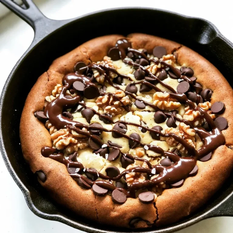 To make a great chocolate chip cookie skillet, you need a few key items: - 1 cup unsalted butter, melted - 1 cup packed brown sugar - ½ cup granulated sugar - 2 large eggs - 2 teaspoons pure vanilla extract - 2 ¼ cups all-purpose flour - 1 teaspoon baking soda - ½ teaspoon fine sea salt - 1 cup semi-sweet chocolate chips These ingredients work together to give your cookie that rich, gooey texture. The butter adds moisture, while the sugars create sweetness and a nice crust. You can enhance your skillet cookie with these optional items: - ½ cup crushed walnuts - ½ cup shredded coconut The walnuts add crunch, and the coconut brings a lovely flavor. Feel free to mix and match based on your taste. When picking ingredients, always look for quality. Choose fresh eggs and pure vanilla extract for the best flavor. Use unsalted butter to control the saltiness. For chocolate chips, semi-sweet gives a perfect balance. If you go for optional ingredients, pick fresh walnuts and coconut. They add great taste and texture to your dish. {{ingredient_image_2}} First, preheat your oven to 350°F (175°C). This step is key for even baking. While the oven warms, gather your mixing bowls. You’ll need one large bowl for wet ingredients and another for dry ingredients. Mixing bowls that fit well in your kitchen will make this process smoother. In your large mixing bowl, pour in the melted butter. Add 1 cup of brown sugar and ½ cup of granulated sugar. Use a whisk to mix these until smooth. Next, crack in 2 large eggs, one at a time, mixing well after each addition. Stir in 2 teaspoons of pure vanilla extract. Now, take your second bowl. In it, whisk together 2 ¼ cups of all-purpose flour, 1 teaspoon of baking soda, and ½ teaspoon of fine sea salt. Gradually add this dry mix to the wet ingredients. Stir gently until just combined. This is important to avoid tough cookies. Finally, fold in 1 cup of semi-sweet chocolate chips. If you like, add ½ cup of crushed walnuts and ½ cup of shredded coconut for extra flavor. Grease your cast-iron skillet with non-stick spray or a bit of melted butter. Pour your cookie dough into the skillet. Spread it evenly across the bottom. Place the skillet in the preheated oven and bake for 25-30 minutes. Look for golden brown edges and a soft center to know it's done. Once baked, take it out and let it cool for about 10 minutes. Serve it warm, maybe with a scoop of vanilla ice cream on top. Enjoy this warm and comforting treat! To get that perfect gooey center, timing is key. Bake your cookie skillet for 25-30 minutes. The edges should turn golden brown. The center should look soft but not raw. If you prefer it gooey, take it out a bit early. Remember, it will keep cooking after you remove it from the oven. If your cookie skillet spreads too much, you might have too much butter. Make sure you measure the butter carefully. If it comes out too dry, try adding a splash of milk or a bit more butter. Use room temperature eggs for a smooth mix. If the cookie isn’t rising, check your baking soda for freshness. Serving in the skillet adds charm! Drizzle melted chocolate over the top for a treat. A sprinkle of flaky sea salt adds a nice touch too. Top it with a scoop of vanilla ice cream to make it extra special. You can also add fresh berries or nuts for color and crunch. Enjoy this warm treat right from the skillet! Pro Tips Use Room Temperature Eggs: Allow your eggs to sit at room temperature for about 20 minutes before using them. This helps create a smoother batter and contributes to a better texture in your cookies. Don’t Overmix the Dough: Once you combine the wet and dry ingredients, mix just until everything is incorporated. Overmixing can lead to tough cookies. Check for Doneness Carefully: The cookie will continue to cook after being removed from the oven, so take it out when the edges are golden and the center looks slightly underbaked for a chewy texture. Garnish for Extra Flavor: Enhance your skillet cookie by drizzling it with melted chocolate or caramel and sprinkling some flaky sea salt on top just before serving for a gourmet touch. {{image_4}} You can switch things up with fun flavors. Adding nuts, like walnuts, gives the cookie a nice crunch. If you love coconut, mix in shredded coconut for a tropical twist. You might also try adding peanut butter chips or butterscotch chips. These options change the taste and make each bite special. Using different types of chocolate can change the flavor. Try dark chocolate chips for a rich taste. You can mix semi-sweet and white chocolate chips for a sweet contrast. Even chocolate chunks work great. They melt differently and add texture. Every choice gives a unique spin on the classic cookie. If you want a healthier treat, you can reduce the sugar. Use half the brown and granulated sugar. You can also swap regular flour for almond or coconut flour for gluten-free cookies. Many people enjoy using applesauce instead of some butter. These swaps keep the cookie tasty while being kinder to your diet. Feel free to experiment with these ideas. Each variation makes the chocolate chip cookie skillet a new and exciting dessert! To keep your chocolate chip cookie skillet fresh, let it cool first. Once cool, cover the skillet with plastic wrap or foil. You can also transfer slices to an airtight container. Store it in the fridge for up to 3 days. This keeps the cookie moist and tasty. When you want to enjoy your leftovers, preheat your oven to 350°F (175°C). Place the skillet in the oven for about 10-15 minutes. This warms the cookie and restores its gooey texture. If you want, you can add a scoop of ice cream on top as it warms. If you have extra cookie skillet, you can freeze it. Cut it into slices and wrap each slice tightly in plastic wrap. Place the slices in a freezer bag. They can last up to 2 months in the freezer. When you're ready to eat, thaw in the fridge overnight. Then, reheat in the oven for the best taste. You bake a chocolate chip cookie skillet for 25 to 30 minutes. Start checking at 25 minutes. The edges will turn golden brown, while the center stays soft. This gives you that gooey texture everyone loves. Yes, you can use other oven-safe skillets. Cast iron works best for even heat. You can also use a glass or ceramic skillet. Just make sure it is safe for high heat. You can serve it with vanilla ice cream for a warm and cold treat. Whipped cream also works well. For a fun twist, drizzle melted chocolate or caramel sauce on top. Fresh berries can add a nice touch too. Check for doneness by looking at the edges. They should be golden brown. The center should look slightly soft and not jiggly. You can insert a toothpick in the middle. If it comes out with a few crumbs, it is done! You learned how to make a chocolate chip cookie skillet from start to finish. I covered key ingredients, step-by-step baking, tips for the best texture, and fun variations. Always choose quality ingredients for tasty results. Remember to share your skillet cookie creation with friends or family. Try different flavors next time for a unique twist. Lastly, store any leftovers properly to keep them fresh. Enjoy your delicious treat and happy baking!