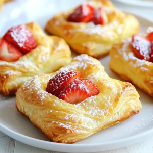- 1 package of puff pastry (2 sheets), thawed - 8 oz cream cheese, softened to room temperature - 1/2 cup powdered sugar, plus extra for dusting - 1 teaspoon pure vanilla extract - 1 cup fresh strawberries, diced into small pieces - 1 egg, beaten (for egg wash) - 1 tablespoon fresh lemon juice These ingredients come together to create a sweet and creamy filling. The puff pastry provides a flaky texture. Fresh strawberries add a burst of flavor. - A sprinkle of cinnamon for warmth - A touch of lemon zest for extra brightness - Almond extract for a nutty hint - Other fruits like blueberries or raspberries for variety Feel free to mix and match these options. They can change the taste and look of your danishes. - Baking sheet lined with parchment paper - Rolling pin for the pastry - Mixing bowls for the filling - Hand mixer or sturdy spatula for mixing - Wire rack for cooling These tools help you create the perfect danishes. They make the process easier and more fun. Enjoy the creative journey! {{ingredient_image_2}} First, preheat your oven to 375°F (190°C). This step is key to getting a nice, even bake. While the oven heats, line a baking sheet with parchment paper. This makes cleanup easy and helps the danishes not stick to the sheet. Next, take your puff pastry out and let it thaw if it's frozen. Once thawed, sprinkle a little flour on your counter. Roll out the pastry gently with a rolling pin. You want it to be a bit larger but not too thin. Cut the pastry into rectangles about 4 inches by 5 inches. You should make about 8 rectangles in total. In a medium bowl, place your softened cream cheese. Beat it with a hand mixer or a spatula until it’s smooth. Next, add 1/2 cup of powdered sugar and 1 teaspoon of vanilla extract. Mix until the filling is creamy and well blended. Then, fold in 1 cup of diced strawberries and 1 tablespoon of lemon juice gently. Make sure the strawberries are mixed in without mashing them. Now it’s time to put it all together! Take a rectangle of puff pastry and place a generous spoonful of the cream cheese-strawberry filling in the center. If you want a nice shape, fold the corners of the rectangle towards the middle and pinch them to seal. For a rustic look, you can leave the center open. Before baking, brush the edges of the pastries with a beaten egg. This helps them get a shiny, golden finish. Place the danishes on your baking sheet and pop them in the oven. Bake for 20-25 minutes until they are puffed and golden brown. Your kitchen will smell amazing! Once baked, take them out and let them cool on a wire rack. If you like, sprinkle them with more powdered sugar before serving. Enjoy the delightful taste! To get a great puff in your pastries, keep your puff pastry cold. Cold pastry puffs up better. When you roll it out, work quickly. Avoid letting the dough get too warm. If it starts to soften, pop it back in the fridge for a few minutes. Also, brush the edges with egg wash. This helps create a nice golden color. Soggy bottoms are a common problem. To prevent this, line your baking sheet with parchment paper. This allows heat to circulate and keeps the bottom crisp. Before adding the filling, bake the pastry rectangles for about 5 minutes. This quick pre-bake helps set the bottom. Make sure to not overfill your danishes. If they are too full, the filling can leak out and make the base soggy. These danishes are best served warm. You can dust them with powdered sugar for a sweet touch. Pair them with a cup of coffee or tea for a lovely breakfast. You might also serve them with fresh fruit like berries or mint leaves for added color. For a twist, try a dollop of whipped cream on the side. This adds richness and looks beautiful on the plate. Enjoy these treats at brunch or as a dessert! Pro Tips Keep Your Pastry Cold: For the flakiest danishes, ensure your puff pastry remains cold while working with it. If it starts to warm up, pop it back in the refrigerator for a few minutes. Experiment with Filling: Feel free to substitute or add other fruits like blueberries or raspberries for a different flavor twist. You can also add a touch of almond extract for extra depth. Egg Wash Alternatives: If you prefer a vegan option, use a mixture of non-dairy milk and maple syrup instead of the egg wash for a golden finish. Storage Tips: Store any leftover danishes in an airtight container at room temperature for up to 2 days, or freeze them for longer storage. Reheat in the oven for best results. {{image_4}} You can swap strawberries for other fruits. Raspberries add a tart flavor. Blueberries provide a sweet burst. Apples give a crunchy texture. Just chop the fruit small, like strawberries. Mix with cream cheese for a tasty filling. Mini danishes are fun and perfect for parties. Cut your puff pastry into smaller squares. Use a 3-inch by 3-inch size. Fill each square with the cream cheese mix. Fold the corners towards the center. Bake as usual, but check for doneness sooner. They make great bite-sized treats! If you want less sweetness, cut back on the sugar. You can also add a pinch of salt to enhance flavors. For a fun twist, try adding spices like cinnamon or nutmeg. This will give your danishes a new taste. Lemon zest can add freshness, too! To keep your danishes fresh, store them in an airtight container. Place parchment paper between layers to avoid sticking. Keep them in the fridge for up to three days. This helps maintain their taste and texture. You can freeze these danishes if you want to enjoy them later. First, let them cool completely. Wrap each danish in plastic wrap tightly. Then, place them in a freezer-safe bag. They will last up to three months in the freezer. When you want one, just take it out and let it thaw. To reheat, place the danishes on a baking sheet. Preheat your oven to 350°F (175°C). Bake for about 10-15 minutes until warm. This method keeps the pastry flaky and delicious. You can also use a microwave, but it may make them soft. Enjoy your tasty treats warm! Yes, you can use store-bought cream cheese. It saves time and still tastes great. Just make sure it is softened to room temperature for easy mixing. This will help you achieve a smooth and creamy filling. If you don't have fresh strawberries, try using other fruits. Raspberries, blueberries, or even diced peaches work well. You can also use frozen fruit, but make sure to thaw and drain excess liquid. This keeps your filling from getting too watery. These danishes stay fresh for about two days at room temperature. For longer storage, place them in an airtight container in the fridge. They can last up to a week in the fridge. If you want to keep them longer, freeze them for up to three months. Just reheat them in the oven for the best taste. We covered everything needed to make delicious strawberry cream cheese danishes. We looked at the right ingredients, tools, and steps to ensure you bake with confidence. Remember, the secret lies in the puff pastry and cream cheese filling. Experiment with other fruits or customize the sweetness to match your taste. Store leftovers properly, so they stay fresh. Enjoy your tasty treats, and don’t forget to share them with friends. Happy baking!