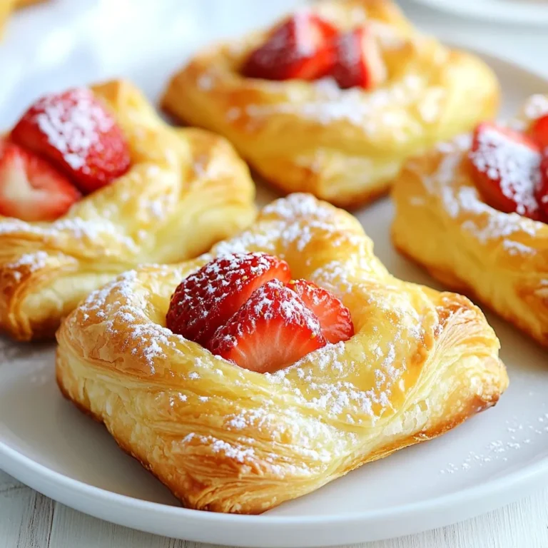 - 1 package of puff pastry (2 sheets), thawed - 8 oz cream cheese, softened to room temperature - 1/2 cup powdered sugar, plus extra for dusting - 1 teaspoon pure vanilla extract - 1 cup fresh strawberries, diced into small pieces - 1 egg, beaten (for egg wash) - 1 tablespoon fresh lemon juice These ingredients come together to create a sweet and creamy filling. The puff pastry provides a flaky texture. Fresh strawberries add a burst of flavor. - A sprinkle of cinnamon for warmth - A touch of lemon zest for extra brightness - Almond extract for a nutty hint - Other fruits like blueberries or raspberries for variety Feel free to mix and match these options. They can change the taste and look of your danishes. - Baking sheet lined with parchment paper - Rolling pin for the pastry - Mixing bowls for the filling - Hand mixer or sturdy spatula for mixing - Wire rack for cooling These tools help you create the perfect danishes. They make the process easier and more fun. Enjoy the creative journey! {{ingredient_image_2}} First, preheat your oven to 375°F (190°C). This step is key to getting a nice, even bake. While the oven heats, line a baking sheet with parchment paper. This makes cleanup easy and helps the danishes not stick to the sheet. Next, take your puff pastry out and let it thaw if it's frozen. Once thawed, sprinkle a little flour on your counter. Roll out the pastry gently with a rolling pin. You want it to be a bit larger but not too thin. Cut the pastry into rectangles about 4 inches by 5 inches. You should make about 8 rectangles in total. In a medium bowl, place your softened cream cheese. Beat it with a hand mixer or a spatula until it’s smooth. Next, add 1/2 cup of powdered sugar and 1 teaspoon of vanilla extract. Mix until the filling is creamy and well blended. Then, fold in 1 cup of diced strawberries and 1 tablespoon of lemon juice gently. Make sure the strawberries are mixed in without mashing them. Now it’s time to put it all together! Take a rectangle of puff pastry and place a generous spoonful of the cream cheese-strawberry filling in the center. If you want a nice shape, fold the corners of the rectangle towards the middle and pinch them to seal. For a rustic look, you can leave the center open. Before baking, brush the edges of the pastries with a beaten egg. This helps them get a shiny, golden finish. Place the danishes on your baking sheet and pop them in the oven. Bake for 20-25 minutes until they are puffed and golden brown. Your kitchen will smell amazing! Once baked, take them out and let them cool on a wire rack. If you like, sprinkle them with more powdered sugar before serving. Enjoy the delightful taste! To get a great puff in your pastries, keep your puff pastry cold. Cold pastry puffs up better. When you roll it out, work quickly. Avoid letting the dough get too warm. If it starts to soften, pop it back in the fridge for a few minutes. Also, brush the edges with egg wash. This helps create a nice golden color. Soggy bottoms are a common problem. To prevent this, line your baking sheet with parchment paper. This allows heat to circulate and keeps the bottom crisp. Before adding the filling, bake the pastry rectangles for about 5 minutes. This quick pre-bake helps set the bottom. Make sure to not overfill your danishes. If they are too full, the filling can leak out and make the base soggy. These danishes are best served warm. You can dust them with powdered sugar for a sweet touch. Pair them with a cup of coffee or tea for a lovely breakfast. You might also serve them with fresh fruit like berries or mint leaves for added color. For a twist, try a dollop of whipped cream on the side. This adds richness and looks beautiful on the plate. Enjoy these treats at brunch or as a dessert! Pro Tips Keep Your Pastry Cold: For the flakiest danishes, ensure your puff pastry remains cold while working with it. If it starts to warm up, pop it back in the refrigerator for a few minutes. Experiment with Filling: Feel free to substitute or add other fruits like blueberries or raspberries for a different flavor twist. You can also add a touch of almond extract for extra depth. Egg Wash Alternatives: If you prefer a vegan option, use a mixture of non-dairy milk and maple syrup instead of the egg wash for a golden finish. Storage Tips: Store any leftover danishes in an airtight container at room temperature for up to 2 days, or freeze them for longer storage. Reheat in the oven for best results. {{image_4}} You can swap strawberries for other fruits. Raspberries add a tart flavor. Blueberries provide a sweet burst. Apples give a crunchy texture. Just chop the fruit small, like strawberries. Mix with cream cheese for a tasty filling. Mini danishes are fun and perfect for parties. Cut your puff pastry into smaller squares. Use a 3-inch by 3-inch size. Fill each square with the cream cheese mix. Fold the corners towards the center. Bake as usual, but check for doneness sooner. They make great bite-sized treats! If you want less sweetness, cut back on the sugar. You can also add a pinch of salt to enhance flavors. For a fun twist, try adding spices like cinnamon or nutmeg. This will give your danishes a new taste. Lemon zest can add freshness, too! To keep your danishes fresh, store them in an airtight container. Place parchment paper between layers to avoid sticking. Keep them in the fridge for up to three days. This helps maintain their taste and texture. You can freeze these danishes if you want to enjoy them later. First, let them cool completely. Wrap each danish in plastic wrap tightly. Then, place them in a freezer-safe bag. They will last up to three months in the freezer. When you want one, just take it out and let it thaw. To reheat, place the danishes on a baking sheet. Preheat your oven to 350°F (175°C). Bake for about 10-15 minutes until warm. This method keeps the pastry flaky and delicious. You can also use a microwave, but it may make them soft. Enjoy your tasty treats warm! Yes, you can use store-bought cream cheese. It saves time and still tastes great. Just make sure it is softened to room temperature for easy mixing. This will help you achieve a smooth and creamy filling. If you don't have fresh strawberries, try using other fruits. Raspberries, blueberries, or even diced peaches work well. You can also use frozen fruit, but make sure to thaw and drain excess liquid. This keeps your filling from getting too watery. These danishes stay fresh for about two days at room temperature. For longer storage, place them in an airtight container in the fridge. They can last up to a week in the fridge. If you want to keep them longer, freeze them for up to three months. Just reheat them in the oven for the best taste. We covered everything needed to make delicious strawberry cream cheese danishes. We looked at the right ingredients, tools, and steps to ensure you bake with confidence. Remember, the secret lies in the puff pastry and cream cheese filling. Experiment with other fruits or customize the sweetness to match your taste. Store leftovers properly, so they stay fresh. Enjoy your tasty treats, and don’t forget to share them with friends. Happy baking!