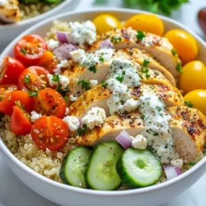 - 1 lb chicken breast, sliced into thin strips - 2 tablespoons extra virgin olive oil - 2 teaspoons dried oregano, preferably Greek - 1 teaspoon garlic powder - 1 teaspoon onion powder - Salt and freshly ground black pepper to taste - 2 cups cooked quinoa, seasoned with a pinch of salt - 1 cup cherry tomatoes, halved - 1 medium cucumber, diced into bite-sized pieces - 1/2 red onion, thinly sliced into rings - 1/2 cup feta cheese, crumbled - 1/4 cup kalamata olives, pitted and halved - 1/4 cup tzatziki sauce (either store-bought or homemade) - Fresh parsley, chopped finely (for garnish) The chicken breast is the star of this dish. I like to slice it thin for quick cooking. Olive oil adds healthy fat and flavor. Greek oregano gives a bold taste that stands out. Garlic powder and onion powder add depth. Quinoa acts as a nutty base. It is rich in protein and gluten-free. Cherry tomatoes provide sweetness and color. Cucumber adds crunch and freshness. Red onion gives a nice bite. Feta cheese brings creaminess and saltiness. Kalamata olives add a briny punch. Tzatziki sauce is cool and tangy, perfect for drizzling. Finally, parsley adds a fresh touch. If you can't find chicken breast, you can use thighs for more flavor. Swap quinoa for brown rice or couscous for a different base. If you prefer a dairy-free option, try using avocado instead of feta. For a vegan twist, replace chicken with grilled mushrooms or chickpeas. You can also use Greek seasoning if you don't have dried oregano. Use any yogurt-based sauce if tzatziki is not available. {{ingredient_image_2}} Start by gathering your chicken breast. Slice it into thin strips. Place the chicken in a bowl. Add two tablespoons of extra virgin olive oil. Then, mix in two teaspoons of dried oregano. I use Greek oregano for the best flavor. Next, add one teaspoon of garlic powder and one teaspoon of onion powder. Season with salt and black pepper. Use your hands or a spoon to coat the chicken well. Let the chicken marinate for at least 15 minutes for the best taste. Heat a large skillet over medium-high heat. Once the skillet is hot, add the marinated chicken strips. Spread them out in a single layer for even cooking. Cook the chicken for about 6-7 minutes. Flip the chicken occasionally until it turns golden brown and is fully cooked. This step is key for juicy chicken. While the chicken cooks, prepare your quinoa. If it is not pre-cooked, follow the package instructions. Once done, fluff it gently with a fork. In each bowl, add a layer of fluffy quinoa. Pile the golden chicken on top of the quinoa. Next, arrange halved cherry tomatoes, diced cucumber, thinly sliced red onion, crumbled feta cheese, and halved kalamata olives around the chicken. Drizzle tzatziki sauce generously over the top. Finish by sprinkling freshly chopped parsley for a burst of color and flavor. These steps create a hearty and colorful meal that’s as fun to make as it is to eat! To make juicy chicken, start with fresh breast meat. Marinate it well. Use a mix of olive oil, oregano, garlic powder, onion powder, salt, and pepper. This will add flavor. Let the chicken sit in the marinade for at least 15 minutes. This helps the spices soak in. When cooking, use a hot skillet. This gives a nice sear. Cook the chicken in a single layer. Flip it only once or twice. This helps it cook evenly. Aim for a golden brown color. Cook it for 6-7 minutes until it is no longer pink inside. For a balanced meal, serve the chicken with quinoa and veggies. Use 2 cups of cooked quinoa as a base. It adds protein and fiber. Top the quinoa with chicken strips. Then add cherry tomatoes, cucumber, red onion, feta, and olives. Drizzle tzatziki sauce on top for creaminess. This sauce adds a fresh taste. You can serve these bowls warm or cold. They taste great either way. A good-looking meal makes it more enjoyable. Use colorful bowls for serving. This makes the dish pop. Arrange the toppings in neat sections. This creates a beautiful rainbow effect. Try slicing cucumbers into ribbons for a fun look. Use fresh parsley as a garnish. It adds color and flavor. With these tips, your gyro bowls will impress everyone! Pro Tips Marinate for Flavor: Allow the chicken to marinate for at least 30 minutes or even overnight for a deeper flavor infusion. Customizable Toppings: Feel free to add or substitute other vegetables like bell peppers or radishes based on your preferences. Quinoa Variations: Experiment with different grains such as farro or couscous for a unique twist on the base of your bowls. Homemade Tzatziki: Make your own tzatziki sauce by mixing Greek yogurt, grated cucumber, garlic, lemon juice, and dill for a fresh taste. {{image_4}} If you want a meat-free option, try using chickpeas instead of chicken. Chickpeas add protein and have a nice texture. You can roast them with olive oil and spices to enhance their flavor. Another great choice is grilled eggplant or zucchini slices. These veggies absorb flavors well and taste amazing with tzatziki sauce. This dish is naturally gluten-free if you use quinoa. Quinoa is a healthy grain that works well in bowls. If you want more variety, try using brown rice or cauliflower rice. Both options are gluten-free and provide a tasty base for your gyro bowls. Just make sure to check all sauces and ingredients for hidden gluten. One of the best parts of gyro bowls is how easily you can customize them. Add your favorite toppings to make it your own! Some ideas include: - Avocado slices for creaminess - Roasted red peppers for sweetness - Spinach or arugula for extra greens - Jalapeños for a spicy kick Feel free to mix and match these toppings. The goal is to make a bowl that you enjoy! To keep your Greek chicken gyro bowls fresh, store them in an airtight container. Make sure to let the food cool down before sealing. This helps prevent moisture buildup that can spoil the meal. You can keep leftovers in the fridge for up to three days. If you want to enjoy them later, consider freezing. When you are ready to eat the leftovers, you can reheat them in a few ways. The oven works great for even heating. Preheat your oven to 350°F (175°C). Place the bowls on a baking sheet and cover with foil. Heat for about 15 minutes. You can also use a microwave. Put the gyro bowl on a microwave-safe plate. Heat for 1-2 minutes, stirring halfway through. If you want to freeze your gyro bowls, separate the chicken from the veggies and sauces. This way, the flavors stay fresh. Put the chicken in a freezer bag or container. Label it with the date. It can last for up to three months in the freezer. When you are ready to eat, thaw it in the fridge overnight. Then, reheat as mentioned above. You can use rice or couscous instead of quinoa. If you want a low-carb option, try cauliflower rice. Each option has a unique taste and texture that can change your bowl's flavor. Yes, you can make tzatziki sauce easily. Just mix yogurt, grated cucumber, garlic, lemon juice, and a pinch of salt. This fresh sauce adds a nice kick to your gyro bowls. You can adjust the garlic and lemon to fit your taste. To keep the chicken tender, marinate it well. Use olive oil and spices for flavor. Cook it over medium-high heat and avoid overcooking. Chicken is done when it is golden brown and no longer pink inside. Let it rest for a few minutes before serving to keep it juicy. This guide covered key ingredients for delicious gyro bowls and how to prepare them. You learned about marinating chicken and assembling stunning bowls. I shared tips for cooking and serving and offered options for vegetarians and those needing gluten-free meals. Remember to store leftovers properly and heat them right. With these steps, you can make tasty, healthy meals at home. Enjoy experimenting with flavors and putting your spin on this dish!