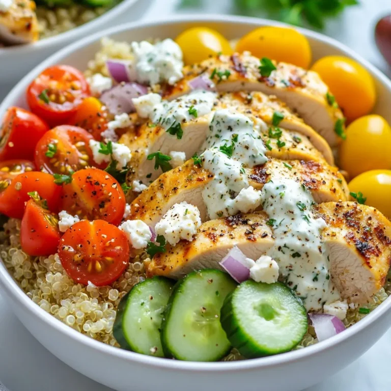 - 1 lb chicken breast, sliced into thin strips - 2 tablespoons extra virgin olive oil - 2 teaspoons dried oregano, preferably Greek - 1 teaspoon garlic powder - 1 teaspoon onion powder - Salt and freshly ground black pepper to taste - 2 cups cooked quinoa, seasoned with a pinch of salt - 1 cup cherry tomatoes, halved - 1 medium cucumber, diced into bite-sized pieces - 1/2 red onion, thinly sliced into rings - 1/2 cup feta cheese, crumbled - 1/4 cup kalamata olives, pitted and halved - 1/4 cup tzatziki sauce (either store-bought or homemade) - Fresh parsley, chopped finely (for garnish) The chicken breast is the star of this dish. I like to slice it thin for quick cooking. Olive oil adds healthy fat and flavor. Greek oregano gives a bold taste that stands out. Garlic powder and onion powder add depth. Quinoa acts as a nutty base. It is rich in protein and gluten-free. Cherry tomatoes provide sweetness and color. Cucumber adds crunch and freshness. Red onion gives a nice bite. Feta cheese brings creaminess and saltiness. Kalamata olives add a briny punch. Tzatziki sauce is cool and tangy, perfect for drizzling. Finally, parsley adds a fresh touch. If you can't find chicken breast, you can use thighs for more flavor. Swap quinoa for brown rice or couscous for a different base. If you prefer a dairy-free option, try using avocado instead of feta. For a vegan twist, replace chicken with grilled mushrooms or chickpeas. You can also use Greek seasoning if you don't have dried oregano. Use any yogurt-based sauce if tzatziki is not available. {{ingredient_image_2}} Start by gathering your chicken breast. Slice it into thin strips. Place the chicken in a bowl. Add two tablespoons of extra virgin olive oil. Then, mix in two teaspoons of dried oregano. I use Greek oregano for the best flavor. Next, add one teaspoon of garlic powder and one teaspoon of onion powder. Season with salt and black pepper. Use your hands or a spoon to coat the chicken well. Let the chicken marinate for at least 15 minutes for the best taste. Heat a large skillet over medium-high heat. Once the skillet is hot, add the marinated chicken strips. Spread them out in a single layer for even cooking. Cook the chicken for about 6-7 minutes. Flip the chicken occasionally until it turns golden brown and is fully cooked. This step is key for juicy chicken. While the chicken cooks, prepare your quinoa. If it is not pre-cooked, follow the package instructions. Once done, fluff it gently with a fork. In each bowl, add a layer of fluffy quinoa. Pile the golden chicken on top of the quinoa. Next, arrange halved cherry tomatoes, diced cucumber, thinly sliced red onion, crumbled feta cheese, and halved kalamata olives around the chicken. Drizzle tzatziki sauce generously over the top. Finish by sprinkling freshly chopped parsley for a burst of color and flavor. These steps create a hearty and colorful meal that’s as fun to make as it is to eat! To make juicy chicken, start with fresh breast meat. Marinate it well. Use a mix of olive oil, oregano, garlic powder, onion powder, salt, and pepper. This will add flavor. Let the chicken sit in the marinade for at least 15 minutes. This helps the spices soak in. When cooking, use a hot skillet. This gives a nice sear. Cook the chicken in a single layer. Flip it only once or twice. This helps it cook evenly. Aim for a golden brown color. Cook it for 6-7 minutes until it is no longer pink inside. For a balanced meal, serve the chicken with quinoa and veggies. Use 2 cups of cooked quinoa as a base. It adds protein and fiber. Top the quinoa with chicken strips. Then add cherry tomatoes, cucumber, red onion, feta, and olives. Drizzle tzatziki sauce on top for creaminess. This sauce adds a fresh taste. You can serve these bowls warm or cold. They taste great either way. A good-looking meal makes it more enjoyable. Use colorful bowls for serving. This makes the dish pop. Arrange the toppings in neat sections. This creates a beautiful rainbow effect. Try slicing cucumbers into ribbons for a fun look. Use fresh parsley as a garnish. It adds color and flavor. With these tips, your gyro bowls will impress everyone! Pro Tips Marinate for Flavor: Allow the chicken to marinate for at least 30 minutes or even overnight for a deeper flavor infusion. Customizable Toppings: Feel free to add or substitute other vegetables like bell peppers or radishes based on your preferences. Quinoa Variations: Experiment with different grains such as farro or couscous for a unique twist on the base of your bowls. Homemade Tzatziki: Make your own tzatziki sauce by mixing Greek yogurt, grated cucumber, garlic, lemon juice, and dill for a fresh taste. {{image_4}} If you want a meat-free option, try using chickpeas instead of chicken. Chickpeas add protein and have a nice texture. You can roast them with olive oil and spices to enhance their flavor. Another great choice is grilled eggplant or zucchini slices. These veggies absorb flavors well and taste amazing with tzatziki sauce. This dish is naturally gluten-free if you use quinoa. Quinoa is a healthy grain that works well in bowls. If you want more variety, try using brown rice or cauliflower rice. Both options are gluten-free and provide a tasty base for your gyro bowls. Just make sure to check all sauces and ingredients for hidden gluten. One of the best parts of gyro bowls is how easily you can customize them. Add your favorite toppings to make it your own! Some ideas include: - Avocado slices for creaminess - Roasted red peppers for sweetness - Spinach or arugula for extra greens - Jalapeños for a spicy kick Feel free to mix and match these toppings. The goal is to make a bowl that you enjoy! To keep your Greek chicken gyro bowls fresh, store them in an airtight container. Make sure to let the food cool down before sealing. This helps prevent moisture buildup that can spoil the meal. You can keep leftovers in the fridge for up to three days. If you want to enjoy them later, consider freezing. When you are ready to eat the leftovers, you can reheat them in a few ways. The oven works great for even heating. Preheat your oven to 350°F (175°C). Place the bowls on a baking sheet and cover with foil. Heat for about 15 minutes. You can also use a microwave. Put the gyro bowl on a microwave-safe plate. Heat for 1-2 minutes, stirring halfway through. If you want to freeze your gyro bowls, separate the chicken from the veggies and sauces. This way, the flavors stay fresh. Put the chicken in a freezer bag or container. Label it with the date. It can last for up to three months in the freezer. When you are ready to eat, thaw it in the fridge overnight. Then, reheat as mentioned above. You can use rice or couscous instead of quinoa. If you want a low-carb option, try cauliflower rice. Each option has a unique taste and texture that can change your bowl's flavor. Yes, you can make tzatziki sauce easily. Just mix yogurt, grated cucumber, garlic, lemon juice, and a pinch of salt. This fresh sauce adds a nice kick to your gyro bowls. You can adjust the garlic and lemon to fit your taste. To keep the chicken tender, marinate it well. Use olive oil and spices for flavor. Cook it over medium-high heat and avoid overcooking. Chicken is done when it is golden brown and no longer pink inside. Let it rest for a few minutes before serving to keep it juicy. This guide covered key ingredients for delicious gyro bowls and how to prepare them. You learned about marinating chicken and assembling stunning bowls. I shared tips for cooking and serving and offered options for vegetarians and those needing gluten-free meals. Remember to store leftovers properly and heat them right. With these steps, you can make tasty, healthy meals at home. Enjoy experimenting with flavors and putting your spin on this dish!