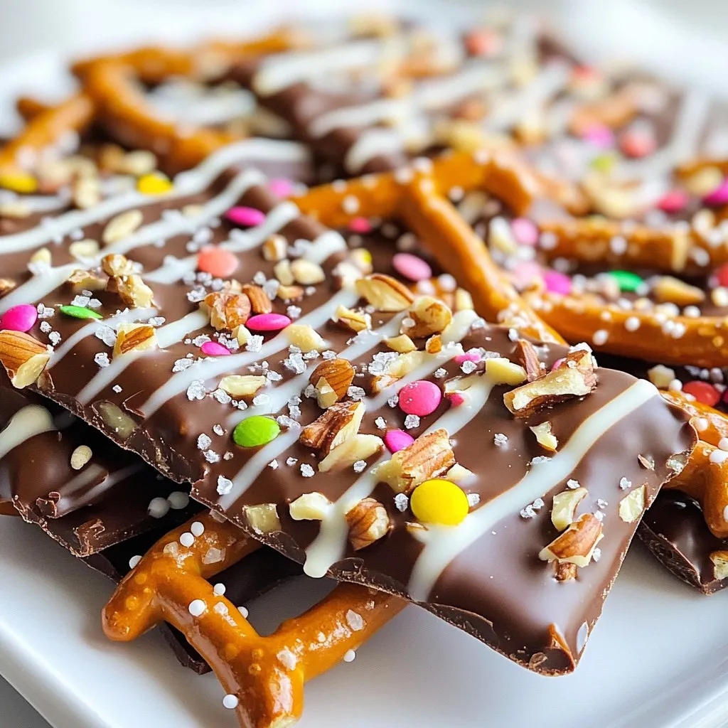 To make delicious Chocolate Covered Pretzel Bark, you need: - 2 cups pretzel sticks - 1 cup semi-sweet chocolate chips - 1/2 cup white chocolate chips - 1/4 cup chopped nuts (like almonds or walnuts) - Sea salt for a finishing touch You can add fun extras to make your bark special: - 1/4 cup colorful sprinkles - Other nuts (like pecans or hazelnuts) - Dried fruit bits (like cranberries or raisins) For the best taste, use these options: - Choose crunchy pretzel sticks for great texture. - Semi-sweet chocolate chips offer a nice balance of sweet and bitter. - Use high-quality white chocolate chips for a creamy drizzle. - Try flavored pretzels, like honey or cheese, for a twist. Feel free to mix and match to create your perfect bark! {{ingredient_image_2}} First, you need to line a baking sheet with parchment paper. This step makes it easy to lift the bark once it cools. Make sure to cover the whole sheet. Set it aside for later. Grab a microwave-safe bowl and add 1 cup of semi-sweet chocolate chips. Heat it in the microwave. Make sure to do this in 30-second intervals. After each interval, stir the chocolate. Keep going until it is smooth and melted. Once your chocolate is ready, add 2 cups of pretzel sticks. Gently stir them into the melted chocolate. Make sure every pretzel is coated well. This will give you a rich chocolate flavor in each bite. Then, use a spatula to spread the mixture onto your lined baking sheet. Aim for a thin layer, about 1/4 inch thick. Now, it is time to melt the white chocolate. Use another microwave-safe bowl and add 1/2 cup of white chocolate chips. Again, heat it in 30-second intervals and stir until it is smooth. After the white chocolate is ready, drizzle it over the pretzel mixture. You can use a spoon or a piping bag for this. Make a nice crisscross pattern for a lovely look. Sprinkle 1/4 cup of chopped nuts and optional colorful sprinkles over the melted chocolate. Press them down gently so they stick. Then, add a pinch of sea salt on top for flavor. Place your baking sheet in the fridge for 30-45 minutes. This will help the bark set and become firm. After it has set, you can break it into pieces. Enjoy your tasty treat! To melt chocolate smoothly, use a microwave-safe bowl. Start with semi-sweet chocolate chips. Heat them in the microwave for 30 seconds. Stir after each interval until smooth. This method helps prevent burning. You want a creamy texture, not clumps. If you notice lumps, keep stirring. The heat will take care of them. When drizzling white chocolate, wait until it melts completely. Use a spoon or piping bag for control. Hold it high above the bark. This creates a lovely pattern. Aim for a crisscross design. It adds beauty and fun. If you want, practice drizzling on parchment first. It helps you get the hang of it. To store your chocolate bark, place it in an airtight container. Keep it at room temperature. This helps maintain the bark's crispness. If you live in a hot area, use the fridge. Just remember to let it warm up before serving. This ensures the bark stays crunchy and tasty. Pro Tips Use Quality Chocolate: The flavor of your bark heavily depends on the quality of chocolate used. Opt for high-quality chocolate chips for the best taste. Experiment with Toppings: Feel free to customize your bark with different toppings like crushed candies, dried fruits, or even coconut flakes for a unique twist! Ensure Even Coating: Make sure each pretzel is evenly coated with chocolate; this will enhance the overall flavor and texture of the bark. Storage Tips: Store your pretzel bark in an airtight container at room temperature to maintain its crunchiness and prevent melting. {{image_4}} You can enhance your chocolate covered pretzel bark by adding nuts or seeds. Almonds and walnuts are great choices. You can also try pecans or sunflower seeds. Toasting them first brings out their flavor. Just chop them coarsely and sprinkle them on top before the chocolate sets. This adds crunch and taste. Want to mix it up? Consider adding caramel or toffee bits. These sweet touches make the bark richer. Just sprinkle them over the melted chocolate before it sets. You can also try flavored chocolate. Mint or orange chocolate gives a fun twist. Experiment with flavors to find your favorite. Sprinkles can make your bark festive and fun. Use colorful sprinkles for birthdays or special events. For holidays, try themed sprinkles like hearts for Valentine’s Day or pumpkins for Halloween. They add a pop of color and joy. Just sprinkle them on top right after drizzling the white chocolate. It’s an easy way to make your treat stand out. To keep your chocolate covered pretzel bark fresh, store it in an airtight container. This will help prevent moisture and keep the bark crunchy. Line the container with parchment paper to avoid sticking. You can also separate layers with wax paper. This method keeps your treats intact and ready to enjoy. When stored properly, chocolate covered pretzel bark lasts about two weeks at room temperature. If you keep it in the fridge, it can last up to a month. Just make sure it stays in an airtight container to avoid any drying out. Always check for any signs of spoilage before eating. Freezing chocolate covered pretzel bark is a great option if you want to keep it longer. First, let the bark cool completely. Then, wrap it tightly in plastic wrap. After that, place it in a freezer-safe bag or container. This method can keep it fresh for up to three months. To enjoy, just take it out and let it thaw at room temperature. Yes, you can use milk chocolate. It will make your bark sweeter. Remember, milk chocolate melts differently, so watch it closely in the microwave. Stir often for a smooth texture. You can use dark chocolate or a dairy-free chocolate. If you like, try using yogurt-covered pretzels instead. This adds a nice creaminess and keeps the bark fun. To make this treat vegan, use dairy-free chocolate chips. Look for brands that have no milk. You can also skip the white chocolate drizzle or use vegan white chocolate. Yes, many stores sell pre-made bark. Check the candy aisle or specialty shops. However, making it at home is easy and fun. You can customize it just how you like. Avoid overcooking the chocolate. This can make it grainy. Also, don’t skip the parchment paper. It helps with easy removal. Lastly, let the bark set fully in the fridge before breaking it. You now know how to make delicious chocolate-covered pretzel bark. We discussed key ingredients and step-by-step instructions. You learned tips for melting chocolate and storing it right. I shared fun variations and answers to common questions. Enjoy making this tasty treat at home. It’s simple, fun, and great for sharing. Get creative with flavors and toppings! Your friends and family will love your sweet creation.