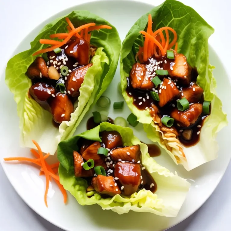 - 1 lb boneless, skinless chicken thighs, diced into bite-sized pieces - 1 tablespoon vegetable oil - 1 tablespoon fresh ginger, minced - 2 cloves garlic, minced - 1/4 cup low-sodium soy sauce - 1/4 cup honey - 1 tablespoon rice vinegar - 1 teaspoon sesame oil - 1/2 teaspoon crushed red pepper flakes (optional, for a spicy kick) - 1 cup shredded carrots - 1/2 bell pepper (any color), finely chopped - 1/4 cup green onions, sliced - 1 head of romaine or butter lettuce, leaves carefully separated for cups - Sesame seeds, for garnish You can add more crunch with sliced cucumbers. Chopped cilantro or mint can bring a fresh twist. For heat, add sliced jalapeños or chili sauce. You can also sprinkle more sesame seeds on top for extra texture. Fresh ingredients make a big difference in flavor. Fresh chicken gives you rich taste and tender texture. Vegetables like carrots and bell peppers add color and crunch. Lettuce cups provide a crisp base for the filling. Always choose the best quality for a tasty meal. Fresh ingredients help you create vibrant and flavorful snacks. {{ingredient_image_2}} First, gather your ingredients. You will need boneless chicken thighs, ginger, garlic, and a few veggies. Dice the chicken into small pieces. This helps it cook evenly. Mince the ginger and garlic finely. A sharp knife makes this easier. Chop the bell pepper and slice the green onions. Shredding the carrots gives a nice crunch. Finally, separate the lettuce leaves gently. This will be your tasty cups. Now, heat a large skillet over medium-high heat. Add the vegetable oil and let it warm until it shimmers. Carefully add the diced chicken thighs. Cook them for about 5 to 7 minutes. Stir often until they turn brown and are cooked through. Once the chicken is ready, mix in the minced ginger and garlic. Cook these for an extra 1 to 2 minutes. You will love the aroma! Next, make the teriyaki sauce. In a small bowl, whisk together soy sauce, honey, rice vinegar, and sesame oil. If you like heat, add crushed red pepper flakes. Pour this sauce over the cooked chicken in the skillet. Stir well to coat all the chicken. Let it simmer for 5 to 10 minutes. This thickens the sauce and blends the flavors. After that, remove the skillet from heat. Gently fold in the shredded carrots and chopped bell pepper. Now you are ready to assemble your delicious lettuce cups! To keep your chicken juicy, start with boneless, skinless thighs. These have more fat than breasts, making them tender. Cut the chicken into bite-sized pieces. This helps them cook evenly. Sauté the chicken in hot oil for about 5-7 minutes. Make sure to stir often. This keeps the chicken from sticking and allows it to brown well. To thicken your teriyaki sauce, use a mix of honey and soy sauce. These ingredients add flavor and help make the sauce sticky. Cook the sauce on medium heat after adding it to the chicken. Allow it to simmer for 5-10 minutes. This lets the sauce reduce and thicken naturally. If you want it thicker, you can add a cornstarch slurry. Mix one teaspoon of cornstarch with one tablespoon of water. Stir this into the sauce as it cooks. When serving, use fresh romaine or butter lettuce. This gives the cups a crisp texture. Spoon the teriyaki chicken mixture into the center of each leaf. Don’t overfill, or they will tear. Garnish with sliced green onions and sesame seeds. This adds color and extra crunch. For a fun touch, serve with lime wedges on the side. A squeeze of lime adds brightness to each bite. Enjoy your flavorful and fresh snack! Pro Tips Marinate for Extra Flavor: For enhanced taste, marinate the chicken in the teriyaki sauce for at least 30 minutes before cooking. This allows the flavors to penetrate the meat more deeply. Use Fresh Ingredients: Whenever possible, opt for fresh vegetables and herbs. Fresh ginger and garlic can significantly elevate the overall flavor profile of your dish. Customize Your Heat: Adjust the amount of crushed red pepper flakes based on your heat preference. You can also add sriracha or a splash of chili sauce for an extra kick. Fresh Serve: Serve the lettuce cups immediately after assembling for the best texture. If preparing in advance, keep the chicken mixture and lettuce leaves separate until serving to maintain crispness. {{image_4}} You can swap chicken for other proteins. Tofu is a great choice for a veggie option. Just press and cube the tofu before cooking. Shrimp also works well. Use peeled and deveined shrimp for a quick cook. Each protein brings its own taste and texture. Feel free to mix up the veggies in your cups. Try adding diced cucumbers for a fresh crunch. You can also use chopped mushrooms for a meaty feel. Bell peppers come in many colors, so mix them for a vibrant look. Different greens like spinach or arugula can add a peppery taste, too. Adjust the flavors to fit your taste. For heat, add more crushed red pepper flakes. You can also use sriracha or chili paste for a kick. If you prefer it sweeter, add a little more honey or even some pineapple chunks. Balancing sweet and spicy creates a fun flavor that everyone will love. To keep your Teriyaki Chicken Lettuce Cups fresh, start by letting them cool. Place any leftover chicken mixture in an airtight container. Store it in the fridge for easy access later. For the lettuce cups, keep them separate. Wrap the leaves in damp paper towels and place them in a plastic bag. This helps maintain their crispness. When you're ready to enjoy your leftovers, reheat the chicken mixture. Use a skillet over medium heat. Stir it gently until it’s warmed through. You can also use a microwave. Heat in short bursts, about 30 seconds at a time, stirring in between. Avoid overcooking, as this can dry out the chicken. In the fridge, your leftover chicken should last for about 3 to 4 days. If you want to keep it longer, freeze it. In the freezer, the chicken can stay good for up to 3 months. Just ensure you use a freezer-safe container. When you’re ready to eat, thaw it in the fridge overnight before reheating. Yes, you can prepare the teriyaki chicken ahead. Cook the chicken and mix it with the sauce. Store this in the fridge. You can keep it for up to three days. When ready to serve, warm it in a skillet. Then, fill your lettuce cups just before eating. This keeps the lettuce crisp and fresh. Romaine and butter lettuce work great for this recipe. Romaine has a nice crunch. It holds the filling well. Butter lettuce is soft and tender. Both types make perfect cups. You can also try iceberg lettuce for a crisp bite. Choose any lettuce you like that can hold the filling. To make teriyaki chicken gluten-free, use gluten-free soy sauce. Look for tamari, a great option. Check the honey and rice vinegar labels too. Most are gluten-free, but it’s best to verify. This way, you can enjoy the dish without worry. Serve it in the same fresh lettuce cups for a tasty meal. This blog post covered a tasty recipe for teriyaki chicken lettuce cups. We looked at the key ingredients and why fresh ones matter. You learned the step-by-step process for prepping and cooking. I shared tips for juicy chicken and a rich sauce. Remember, feel free to try different proteins and veggies. Store any leftovers for later meals. Enjoy making this dish your own. Cooking should be fun and easy!