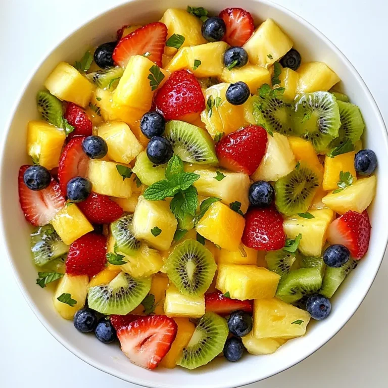 - 1 cup fresh strawberries, hulled and sliced - 1 cup blueberries, rinsed - 1 cup ripe pineapple, diced - 1 cup honeydew melon, cut into bite-sized cubes - 1 cup kiwi, peeled and diced - 1 banana, sliced into rounds - 3 tablespoons pure honey - 2 tablespoons freshly squeezed lime juice - Zest of 1 vibrant lime - Fresh mint leaves When I make a Honey Lime Fruit Salad, I choose fresh fruits that are ripe and colorful. Each fruit adds its own flavor and texture. Strawberries give a sweet burst, while blueberries add a nice pop. Pineapple brings a tropical taste, and honeydew melon keeps it juicy. Kiwi adds a tangy twist, and banana makes it creamy. For the dressing, I use pure honey for sweetness. Fresh lime juice brightens the salad and adds zing. The lime zest brings a nice aroma. Together, these ingredients create a refreshing dressing that ties everything together. I often garnish the salad with fresh mint leaves. They add a lovely green touch and a fresh scent. This combination of flavors and colors makes the salad both delicious and beautiful. {{ingredient_image_2}} To make this salad, start with the strawberries. First, hull them by removing the green tops. Then, slice them into thin pieces. For the blueberries, rinse them gently under cold water. Make sure to drain any excess water to keep the salad fresh. Next, let's dice the pineapple. Cut off the skin, then slice it into quarters. Remove the core and chop the fruit into small cubes. For honeydew, cut it in half and scoop out the seeds. Then, slice it into bite-sized cubes. Finally, peel the kiwi and dice it into small pieces. Don’t forget to add sliced banana for extra sweetness! In a small bowl, mix together pure honey and freshly squeezed lime juice. Use about three tablespoons of honey and two tablespoons of juice. Add the zest of one lime for a bright flavor. Whisk the mixture until it is smooth. This dressing adds a sweet and tangy taste to the fruits. Grab a large mixing bowl and combine all the prepared fruits. Pour the honey lime dressing over the fruit mixture. Use a gentle folding motion to toss everything together. Make sure each piece of fruit gets coated in the dressing. This step is key to making the flavors pop! Let the salad sit for about 10 minutes. This time allows the fruits to absorb the honey and lime flavors. Right before serving, toss the salad again. Spoon it into a big bowl or individual cups. For a nice touch, add fresh mint leaves on top. They give a lovely aroma and look great! Letting the salad sit before serving is key. This step allows the fruits to soak up the sweet and tangy honey lime dressing. Just ten minutes at room temperature can make a big difference. Using ripe fruit is also important. Ripe fruits taste better and have a natural sweetness. Look for bright colors and firm textures when selecting your fruits. This will enhance the overall flavor of your salad. You can serve the salad in individual cups for a fun touch. This makes it easy for guests to grab and enjoy. Alternatively, use a large bowl for a casual gathering. Adding fresh mint leaves as a garnish elevates the salad. The mint not only looks great but also adds a refreshing aroma. Just a few leaves on top will make your dish pop. Use a sharp knife and a cutting board for slicing your fruit. A simple paring knife works well for small tasks like hulling strawberries. For mixing, a large mixing bowl ensures even distribution of flavors. If you have leftover dressing, store it in a sealed container in the fridge. It stays fresh for about a week. Just give it a quick stir before using it again. Pro Tips Use Seasonal Fruits: Opt for fruits that are in season for the best flavor and freshness. This will enhance the overall taste of your salad. Chill Before Serving: For an even more refreshing experience, chill the fruit salad in the refrigerator for 30 minutes before serving. Customize Your Fruits: Feel free to mix in your favorite fruits or whatever you have on hand. Fruits like mango, peaches, or grapes work wonderfully. Presentation Matters: For an elegant touch, consider serving the fruit salad in hollowed-out fruit halves, like watermelon or pineapple, for a stunning centerpiece. {{image_4}} You can switch up the fruits based on the season. In summer, use fresh berries and peaches. They add bright flavors and colors. For fall, try apples and pears. They bring a nice crunch and sweetness. Always choose ripe fruits for the best taste. To make this salad vegan-friendly, use maple syrup instead of honey. It adds sweetness without any animal products. If you need less sweetness, reduce the honey or syrup. You can also skip the dressing entirely for a lighter option. For a tropical vibe, add shredded coconut. It gives a nice chew and sweetness. You can also mix in chopped nuts like almonds or walnuts. They add a crunchy texture that contrasts with the soft fruits. To keep your honey lime fruit salad fresh, store it in the fridge. Use a sealed container to keep it safe from odors. The salad stays fresh for about 2 to 3 days. After that, the fruits may get mushy. You can freeze the fruits for later use, but choose wisely. Strawberries, blueberries, and pineapple freeze well. However, bananas and kiwis don’t hold up in texture. They can turn mushy after thawing. If you freeze the salad, eat it within a month for the best taste. If you have leftover honey lime dressing, store it in a sealed jar. Keep it in the fridge for up to one week. Make sure to shake it well before using. Homemade dressing is best when used fresh, but it can last a while if stored right. Yes, you can prepare this salad ahead of time. However, I suggest keeping the dressing separate until you serve. This way, the fruits stay fresh and crispy. You can mix the fruits and dressing up to two hours before serving. After that, the salad might get a bit soggy from the juice. The best fruits for this salad are fresh and sweet. I love using: - Fresh strawberries - Blueberries - Ripe pineapple - Honeydew melon - Kiwi - Banana You can also mix in seasonal fruits like peaches or mangoes for a twist! To make the salad healthier, you can: - Use less honey or a sugar substitute - Add more fiber-rich fruits like apples or pears - Include nuts or seeds for healthy fats These changes will keep it tasty and nutritious! You can use bottled lime juice, but fresh juice tastes better. Fresh lime juice gives a bright, zesty flavor that makes the salad pop. If you use bottled juice, make sure it’s pure and not sweetened for the best taste. In this blog post, we explored how to create a delicious Honey Lime Fruit Salad. We discussed the fresh fruits you need, like strawberries and kiwi, along with a simple honey lime dressing. The steps to prepare and assemble the salad were clear and easy to follow. Consider using seasonal fruits or adding a garnish of mint to boost flavor and presentation. This salad is versatile, healthy, and fun to make. Enjoy experimenting with different fruits and flavors to suit your taste!