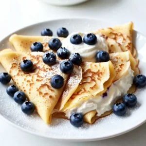 - 1 cup all-purpose flour - 2 large eggs - 1 &frac12; cups milk - 2 tablespoons unsalted butter, melted - 2 tablespoons granulated sugar To make blueberry cheesecake crepes, you need simple, easy-to-find items. First, grab all-purpose flour. This gives crepes their structure. Next, include two large eggs for binding and richness. You will also need 1 &frac12; cups of milk. Milk helps create a smooth batter. Don't forget 2 tablespoons of unsalted butter, melted, for flavor. Lastly, add 2 tablespoons of granulated sugar. Sugar adds a hint of sweetness to the crepes. - 8 oz cream cheese, softened - &frac12; cup powdered sugar - 1 cup fresh blueberries - 1 tablespoon fresh lemon juice - Zest of 1 lemon For the creamy filling, start with 8 ounces of cream cheese. Make sure it&rsquo;s soft for easy mixing. Then, add &frac12; cup powdered sugar. This will sweeten the filling. Next, fold in 1 cup of fresh blueberries. They add flavor and fun. Don't forget to mix in 1 tablespoon of fresh lemon juice. It brightens up the taste. Finish with the zest of 1 lemon to add a fresh note. - Whipped cream - Additional blueberries To make your crepes extra special, consider optional toppings. A dollop of whipped cream adds creaminess. You might also sprinkle on additional blueberries. This makes your dish look lovely and adds more fruit flavor. Enjoy making these blueberry cheesecake crepes! {{ingredient_image_2}} To make the crepe batter, start by mixing the ingredients in a large bowl. Combine 1 cup of all-purpose flour, 2 large eggs, 1 &frac12; cups of milk, 2 tablespoons of melted unsalted butter, 2 tablespoons of granulated sugar, and &frac12; teaspoon of pure vanilla extract. Whisk until the mixture is smooth and well combined. After mixing, allow the batter to rest for 30 minutes. This step is key. Resting helps create light, delicate crepes that are easy to flip. Next, preheat a non-stick skillet over medium heat. Lightly grease the skillet with a small pat of butter. Pour about &frac14; cup of the batter into the pan. Immediately swirl the pan to coat the bottom evenly. Cook for 1 to 2 minutes. When the edges lift and turn golden brown, carefully flip the crepe with a spatula. Cook for another minute. Once done, transfer the crepe to a plate and repeat with the rest of the batter, stacking the cooked crepes. In a separate bowl, blend 8 oz of softened cream cheese with a hand mixer or whisk until creamy. Gradually add &frac12; cup of powdered sugar, 1 tablespoon of fresh lemon juice, and the zest of 1 lemon. Mix until smooth, ensuring no lumps remain. This filling gives the crepes a rich, tangy flavor. To assemble, take a cooked crepe and spread a thin layer of the cream cheese mixture over one half. Scatter fresh blueberries on top of the cream cheese. Then, fold the crepe in half to cover the blueberries, and fold it in half again to create a triangle shape. Repeat this for each crepe until they are all filled. Serve the blueberry cheesecake crepes warm for the best taste. For a beautiful presentation, garnish with extra fresh blueberries. A generous dollop of whipped cream can add an extra touch of indulgence. Enjoy your delicious creation! To make great crepes, let your batter rest. This time helps the flour absorb the liquid. A rested batter gives you a smooth, light texture. Aim for a rest time of about 30 minutes. Next, focus on your cooking temperature. Use medium heat for even cooking. If it's too hot, your crepes will burn. If it's too cool, they won&rsquo;t cook properly. A non-stick skillet works best for easy flipping. You can change the cream cheese filling to suit your taste. Try adding different fruits, like strawberries or peaches. They pair well with the cheese and add flavor. For flavor enhancements, consider mixing in some spices. A pinch of cinnamon or a splash of almond extract can elevate the taste. You can also add a bit of honey for sweetness. Avoid over-mixing your batter. Mixing too much can develop gluten. This makes your crepes tough instead of tender. Just mix until smooth and let it rest. Be careful not to cook your crepes too long. They should be light golden brown. Overcooking them can lead to dry, crispy crepes that are hard to fold. Keep an eye on the edges; they will start to lift when they are ready to flip. Pro Tips Rest the Batter: Allowing the crepe batter to rest for 30 minutes helps the flour fully hydrate and results in a more tender crepe. Control the Heat: Ensure your skillet is at medium heat to avoid burning the crepes. Too high of a heat can lead to uneven cooking. Use Fresh Ingredients: Using fresh blueberries and quality cream cheese will elevate the flavor of your crepes significantly. Perfect Folding Technique: For a neat presentation, fold the crepes carefully and ensure the filling is evenly distributed before folding. {{image_4}} You can switch out blueberries for other fruits. Strawberries and raspberries work great. They bring a new taste and color. Seasonal fruits like peaches or cherries can also fit well. Just make sure to slice them thin. This keeps the crepes easy to fold. If you want gluten-free crepes, use almond flour or oat flour. These flours can make a nice, tender crepe. You may need to adjust the liquid. Start with less milk, and add more if needed. This helps keep the crepes from being too thin. To make this recipe vegan, use plant-based cream cheese. Brands like Tofutti or Kite Hill work well. For eggs, you can use flaxseed meal. Mix one tablespoon of flaxseed with three tablespoons of water. Let it sit until it thickens. This works as a great binder in the batter. To keep your leftover crepes fresh, follow these easy tips: - Refrigeration tips: Place the crepes in a stack, separated by parchment paper. Then, store them in an airtight container. They last up to three days in the fridge. - Freezing instructions: For longer storage, freeze crepes by stacking them in groups of two or three. Use parchment paper between each stack. Seal them in a freezer bag. They can last up to two months in the freezer. When ready to eat, thaw them in the fridge before reheating. The cream cheese filling needs special care to stay tasty: - Best practices for keeping fresh: Store the cream cheese filling in an airtight container in the fridge. It stays fresh for about five days. Make sure it&rsquo;s sealed well to avoid drying out. - Reheating suggestions: When you&rsquo;re ready to use it again, gently warm the filling in the microwave. Heat it in short bursts, stirring between each. This helps keep it creamy and smooth. To make your crepes more flavorful, add spices or extracts. A pinch of cinnamon or nutmeg gives a warm kick. You can also try almond or orange extract for a unique twist. These small changes can make a big impact on taste. Yes, you can make these crepes ahead of time. Cook the crepes and cool them completely. Stack them with parchment paper in between to prevent sticking. Store them in the fridge for up to two days. You can also freeze them for up to a month. Just be sure to wrap them well. Blueberry cheesecake crepes pair well with many sides. Fresh fruit, like strawberries or raspberries, adds color and taste. A light salad can balance the sweetness. For drinks, serve with coffee, tea, or a refreshing smoothie. These options enhance your meal without overpowering the crepes. Yes, you can use frozen blueberries. They are convenient and save time. Thaw them first and drain excess liquid to avoid sogginess. Frozen blueberries may not be as firm as fresh ones, but they still taste great. Use them in the cream cheese filling or as a topping. Blueberry cheesecake crepes are a delicious treat that combines simple ingredients and easy steps. We covered the main components needed, like flour, eggs, and cream cheese. I shared the process of making the crepes, filling, and serving suggestions. Remember, you can add fruits or make vegan options to suit your taste. Don't forget to store any leftovers properly for later enjoyment. Enjoy trying this fun recipe and impressing your friends or family!