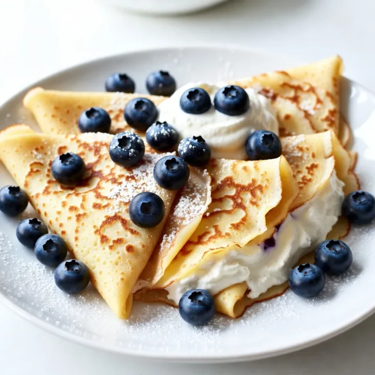 - 1 cup all-purpose flour - 2 large eggs - 1 ½ cups milk - 2 tablespoons unsalted butter, melted - 2 tablespoons granulated sugar To make blueberry cheesecake crepes, you need simple, easy-to-find items. First, grab all-purpose flour. This gives crepes their structure. Next, include two large eggs for binding and richness. You will also need 1 ½ cups of milk. Milk helps create a smooth batter. Don't forget 2 tablespoons of unsalted butter, melted, for flavor. Lastly, add 2 tablespoons of granulated sugar. Sugar adds a hint of sweetness to the crepes. - 8 oz cream cheese, softened - ½ cup powdered sugar - 1 cup fresh blueberries - 1 tablespoon fresh lemon juice - Zest of 1 lemon For the creamy filling, start with 8 ounces of cream cheese. Make sure it’s soft for easy mixing. Then, add ½ cup powdered sugar. This will sweeten the filling. Next, fold in 1 cup of fresh blueberries. They add flavor and fun. Don't forget to mix in 1 tablespoon of fresh lemon juice. It brightens up the taste. Finish with the zest of 1 lemon to add a fresh note. - Whipped cream - Additional blueberries To make your crepes extra special, consider optional toppings. A dollop of whipped cream adds creaminess. You might also sprinkle on additional blueberries. This makes your dish look lovely and adds more fruit flavor. Enjoy making these blueberry cheesecake crepes! {{ingredient_image_2}} To make the crepe batter, start by mixing the ingredients in a large bowl. Combine 1 cup of all-purpose flour, 2 large eggs, 1 ½ cups of milk, 2 tablespoons of melted unsalted butter, 2 tablespoons of granulated sugar, and ½ teaspoon of pure vanilla extract. Whisk until the mixture is smooth and well combined. After mixing, allow the batter to rest for 30 minutes. This step is key. Resting helps create light, delicate crepes that are easy to flip. Next, preheat a non-stick skillet over medium heat. Lightly grease the skillet with a small pat of butter. Pour about ¼ cup of the batter into the pan. Immediately swirl the pan to coat the bottom evenly. Cook for 1 to 2 minutes. When the edges lift and turn golden brown, carefully flip the crepe with a spatula. Cook for another minute. Once done, transfer the crepe to a plate and repeat with the rest of the batter, stacking the cooked crepes. In a separate bowl, blend 8 oz of softened cream cheese with a hand mixer or whisk until creamy. Gradually add ½ cup of powdered sugar, 1 tablespoon of fresh lemon juice, and the zest of 1 lemon. Mix until smooth, ensuring no lumps remain. This filling gives the crepes a rich, tangy flavor. To assemble, take a cooked crepe and spread a thin layer of the cream cheese mixture over one half. Scatter fresh blueberries on top of the cream cheese. Then, fold the crepe in half to cover the blueberries, and fold it in half again to create a triangle shape. Repeat this for each crepe until they are all filled. Serve the blueberry cheesecake crepes warm for the best taste. For a beautiful presentation, garnish with extra fresh blueberries. A generous dollop of whipped cream can add an extra touch of indulgence. Enjoy your delicious creation! To make great crepes, let your batter rest. This time helps the flour absorb the liquid. A rested batter gives you a smooth, light texture. Aim for a rest time of about 30 minutes. Next, focus on your cooking temperature. Use medium heat for even cooking. If it's too hot, your crepes will burn. If it's too cool, they won’t cook properly. A non-stick skillet works best for easy flipping. You can change the cream cheese filling to suit your taste. Try adding different fruits, like strawberries or peaches. They pair well with the cheese and add flavor. For flavor enhancements, consider mixing in some spices. A pinch of cinnamon or a splash of almond extract can elevate the taste. You can also add a bit of honey for sweetness. Avoid over-mixing your batter. Mixing too much can develop gluten. This makes your crepes tough instead of tender. Just mix until smooth and let it rest. Be careful not to cook your crepes too long. They should be light golden brown. Overcooking them can lead to dry, crispy crepes that are hard to fold. Keep an eye on the edges; they will start to lift when they are ready to flip. Pro Tips Rest the Batter: Allowing the crepe batter to rest for 30 minutes helps the flour fully hydrate and results in a more tender crepe. Control the Heat: Ensure your skillet is at medium heat to avoid burning the crepes. Too high of a heat can lead to uneven cooking. Use Fresh Ingredients: Using fresh blueberries and quality cream cheese will elevate the flavor of your crepes significantly. Perfect Folding Technique: For a neat presentation, fold the crepes carefully and ensure the filling is evenly distributed before folding. {{image_4}} You can switch out blueberries for other fruits. Strawberries and raspberries work great. They bring a new taste and color. Seasonal fruits like peaches or cherries can also fit well. Just make sure to slice them thin. This keeps the crepes easy to fold. If you want gluten-free crepes, use almond flour or oat flour. These flours can make a nice, tender crepe. You may need to adjust the liquid. Start with less milk, and add more if needed. This helps keep the crepes from being too thin. To make this recipe vegan, use plant-based cream cheese. Brands like Tofutti or Kite Hill work well. For eggs, you can use flaxseed meal. Mix one tablespoon of flaxseed with three tablespoons of water. Let it sit until it thickens. This works as a great binder in the batter. To keep your leftover crepes fresh, follow these easy tips: - Refrigeration tips: Place the crepes in a stack, separated by parchment paper. Then, store them in an airtight container. They last up to three days in the fridge. - Freezing instructions: For longer storage, freeze crepes by stacking them in groups of two or three. Use parchment paper between each stack. Seal them in a freezer bag. They can last up to two months in the freezer. When ready to eat, thaw them in the fridge before reheating. The cream cheese filling needs special care to stay tasty: - Best practices for keeping fresh: Store the cream cheese filling in an airtight container in the fridge. It stays fresh for about five days. Make sure it’s sealed well to avoid drying out. - Reheating suggestions: When you’re ready to use it again, gently warm the filling in the microwave. Heat it in short bursts, stirring between each. This helps keep it creamy and smooth. To make your crepes more flavorful, add spices or extracts. A pinch of cinnamon or nutmeg gives a warm kick. You can also try almond or orange extract for a unique twist. These small changes can make a big impact on taste. Yes, you can make these crepes ahead of time. Cook the crepes and cool them completely. Stack them with parchment paper in between to prevent sticking. Store them in the fridge for up to two days. You can also freeze them for up to a month. Just be sure to wrap them well. Blueberry cheesecake crepes pair well with many sides. Fresh fruit, like strawberries or raspberries, adds color and taste. A light salad can balance the sweetness. For drinks, serve with coffee, tea, or a refreshing smoothie. These options enhance your meal without overpowering the crepes. Yes, you can use frozen blueberries. They are convenient and save time. Thaw them first and drain excess liquid to avoid sogginess. Frozen blueberries may not be as firm as fresh ones, but they still taste great. Use them in the cream cheese filling or as a topping. Blueberry cheesecake crepes are a delicious treat that combines simple ingredients and easy steps. We covered the main components needed, like flour, eggs, and cream cheese. I shared the process of making the crepes, filling, and serving suggestions. Remember, you can add fruits or make vegan options to suit your taste. Don't forget to store any leftovers properly for later enjoyment. Enjoy trying this fun recipe and impressing your friends or family!