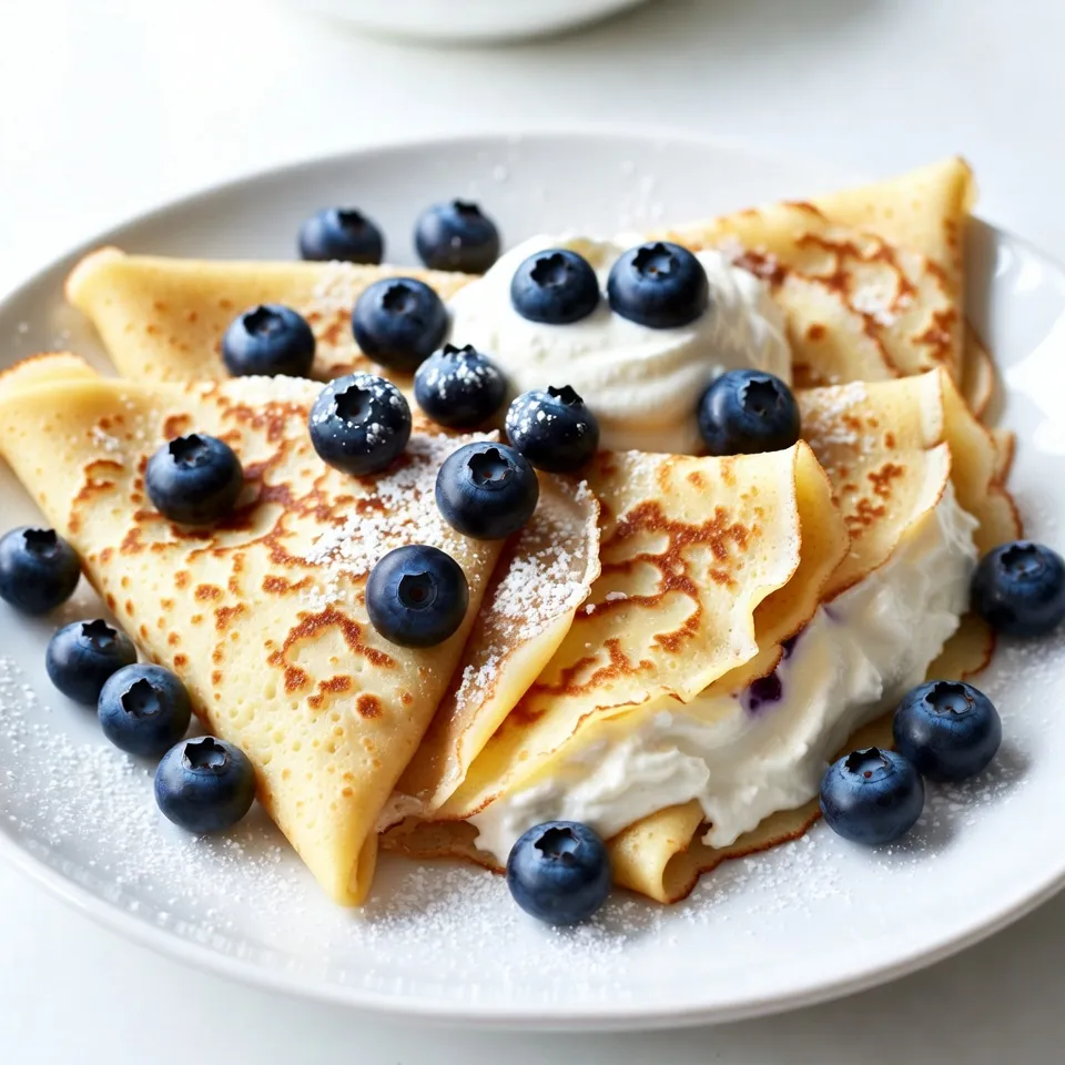 - 1 cup all-purpose flour - 2 large eggs - 1 ½ cups milk - 2 tablespoons unsalted butter, melted - 2 tablespoons granulated sugar To make blueberry cheesecake crepes, you need simple, easy-to-find items. First, grab all-purpose flour. This gives crepes their structure. Next, include two large eggs for binding and richness. You will also need 1 ½ cups of milk. Milk helps create a smooth batter. Don't forget 2 tablespoons of unsalted butter, melted, for flavor. Lastly, add 2 tablespoons of granulated sugar. Sugar adds a hint of sweetness to the crepes. - 8 oz cream cheese, softened - ½ cup powdered sugar - 1 cup fresh blueberries - 1 tablespoon fresh lemon juice - Zest of 1 lemon For the creamy filling, start with 8 ounces of cream cheese. Make sure it’s soft for easy mixing. Then, add ½ cup powdered sugar. This will sweeten the filling. Next, fold in 1 cup of fresh blueberries. They add flavor and fun. Don't forget to mix in 1 tablespoon of fresh lemon juice. It brightens up the taste. Finish with the zest of 1 lemon to add a fresh note. - Whipped cream - Additional blueberries To make your crepes extra special, consider optional toppings. A dollop of whipped cream adds creaminess. You might also sprinkle on additional blueberries. This makes your dish look lovely and adds more fruit flavor. Enjoy making these blueberry cheesecake crepes! {{ingredient_image_2}} To make the crepe batter, start by mixing the ingredients in a large bowl. Combine 1 cup of all-purpose flour, 2 large eggs, 1 ½ cups of milk, 2 tablespoons of melted unsalted butter, 2 tablespoons of granulated sugar, and ½ teaspoon of pure vanilla extract. Whisk until the mixture is smooth and well combined. After mixing, allow the batter to rest for 30 minutes. This step is key. Resting helps create light, delicate crepes that are easy to flip. Next, preheat a non-stick skillet over medium heat. Lightly grease the skillet with a small pat of butter. Pour about ¼ cup of the batter into the pan. Immediately swirl the pan to coat the bottom evenly. Cook for 1 to 2 minutes. When the edges lift and turn golden brown, carefully flip the crepe with a spatula. Cook for another minute. Once done, transfer the crepe to a plate and repeat with the rest of the batter, stacking the cooked crepes. In a separate bowl, blend 8 oz of softened cream cheese with a hand mixer or whisk until creamy. Gradually add ½ cup of powdered sugar, 1 tablespoon of fresh lemon juice, and the zest of 1 lemon. Mix until smooth, ensuring no lumps remain. This filling gives the crepes a rich, tangy flavor. To assemble, take a cooked crepe and spread a thin layer of the cream cheese mixture over one half. Scatter fresh blueberries on top of the cream cheese. Then, fold the crepe in half to cover the blueberries, and fold it in half again to create a triangle shape. Repeat this for each crepe until they are all filled. Serve the blueberry cheesecake crepes warm for the best taste. For a beautiful presentation, garnish with extra fresh blueberries. A generous dollop of whipped cream can add an extra touch of indulgence. Enjoy your delicious creation! To make great crepes, let your batter rest. This time helps the flour absorb the liquid. A rested batter gives you a smooth, light texture. Aim for a rest time of about 30 minutes. Next, focus on your cooking temperature. Use medium heat for even cooking. If it's too hot, your crepes will burn. If it's too cool, they won’t cook properly. A non-stick skillet works best for easy flipping. You can change the cream cheese filling to suit your taste. Try adding different fruits, like strawberries or peaches. They pair well with the cheese and add flavor. For flavor enhancements, consider mixing in some spices. A pinch of cinnamon or a splash of almond extract can elevate the taste. You can also add a bit of honey for sweetness. Avoid over-mixing your batter. Mixing too much can develop gluten. This makes your crepes tough instead of tender. Just mix until smooth and let it rest. Be careful not to cook your crepes too long. They should be light golden brown. Overcooking them can lead to dry, crispy crepes that are hard to fold. Keep an eye on the edges; they will start to lift when they are ready to flip. Pro Tips Rest the Batter: Allowing the crepe batter to rest for 30 minutes helps the flour fully hydrate and results in a more tender crepe. Control the Heat: Ensure your skillet is at medium heat to avoid burning the crepes. Too high of a heat can lead to uneven cooking. Use Fresh Ingredients: Using fresh blueberries and quality cream cheese will elevate the flavor of your crepes significantly. Perfect Folding Technique: For a neat presentation, fold the crepes carefully and ensure the filling is evenly distributed before folding. {{image_4}} You can switch out blueberries for other fruits. Strawberries and raspberries work great. They bring a new taste and color. Seasonal fruits like peaches or cherries can also fit well. Just make sure to slice them thin. This keeps the crepes easy to fold. If you want gluten-free crepes, use almond flour or oat flour. These flours can make a nice, tender crepe. You may need to adjust the liquid. Start with less milk, and add more if needed. This helps keep the crepes from being too thin. To make this recipe vegan, use plant-based cream cheese. Brands like Tofutti or Kite Hill work well. For eggs, you can use flaxseed meal. Mix one tablespoon of flaxseed with three tablespoons of water. Let it sit until it thickens. This works as a great binder in the batter. To keep your leftover crepes fresh, follow these easy tips: - Refrigeration tips: Place the crepes in a stack, separated by parchment paper. Then, store them in an airtight container. They last up to three days in the fridge. - Freezing instructions: For longer storage, freeze crepes by stacking them in groups of two or three. Use parchment paper between each stack. Seal them in a freezer bag. They can last up to two months in the freezer. When ready to eat, thaw them in the fridge before reheating. The cream cheese filling needs special care to stay tasty: - Best practices for keeping fresh: Store the cream cheese filling in an airtight container in the fridge. It stays fresh for about five days. Make sure it’s sealed well to avoid drying out. - Reheating suggestions: When you’re ready to use it again, gently warm the filling in the microwave. Heat it in short bursts, stirring between each. This helps keep it creamy and smooth. To make your crepes more flavorful, add spices or extracts. A pinch of cinnamon or nutmeg gives a warm kick. You can also try almond or orange extract for a unique twist. These small changes can make a big impact on taste. Yes, you can make these crepes ahead of time. Cook the crepes and cool them completely. Stack them with parchment paper in between to prevent sticking. Store them in the fridge for up to two days. You can also freeze them for up to a month. Just be sure to wrap them well. Blueberry cheesecake crepes pair well with many sides. Fresh fruit, like strawberries or raspberries, adds color and taste. A light salad can balance the sweetness. For drinks, serve with coffee, tea, or a refreshing smoothie. These options enhance your meal without overpowering the crepes. Yes, you can use frozen blueberries. They are convenient and save time. Thaw them first and drain excess liquid to avoid sogginess. Frozen blueberries may not be as firm as fresh ones, but they still taste great. Use them in the cream cheese filling or as a topping. Blueberry cheesecake crepes are a delicious treat that combines simple ingredients and easy steps. We covered the main components needed, like flour, eggs, and cream cheese. I shared the process of making the crepes, filling, and serving suggestions. Remember, you can add fruits or make vegan options to suit your taste. Don't forget to store any leftovers properly for later enjoyment. Enjoy trying this fun recipe and impressing your friends or family!