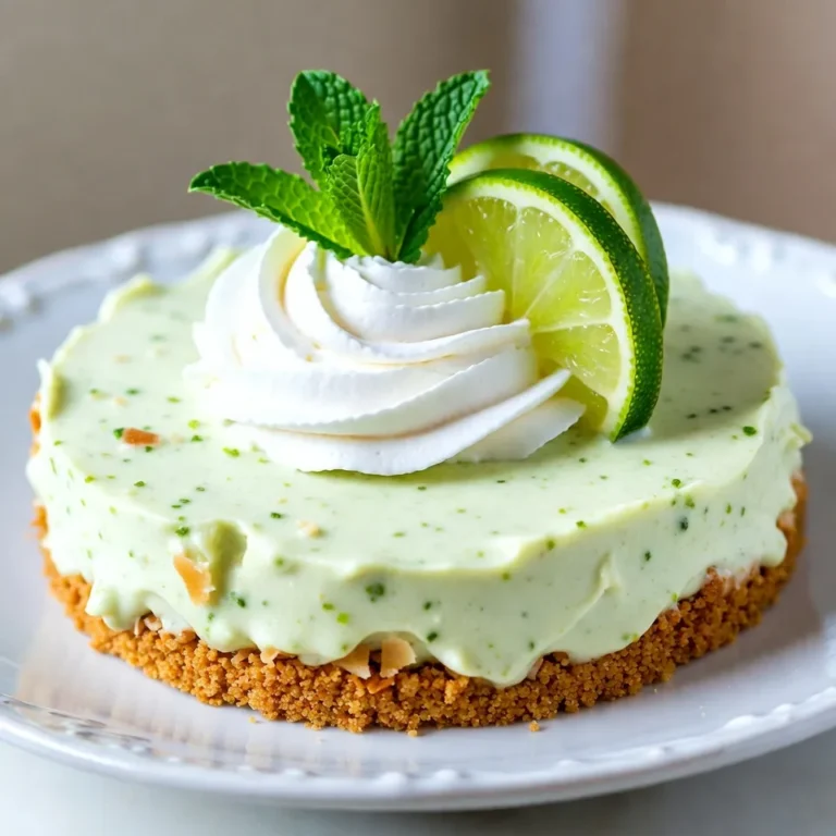 The key to a great no-bake key lime pie lies in its fresh and simple ingredients. Here’s what you need: - 1 cup graham cracker crumbs - 1/4 cup unsweetened coconut flakes - 1/2 cup unsalted butter, melted - 1 can (14 ounces) sweetened condensed milk - 1/2 cup fresh key lime juice - Zest of 2 key limes - 1 cup heavy whipping cream - 1/4 cup powdered sugar - Lime slices and fresh mint leaves for garnish Each ingredient plays a special role. The graham cracker crumbs and coconut flakes create a crunchy crust. The sweetened condensed milk adds creaminess and sweetness. Fresh key lime juice and zest give that zingy flavor. Finally, whipped cream makes the filling light and airy. Using fresh ingredients enhances the taste and makes your pie shine. {{ingredient_image_2}} To start, mix the graham cracker crumbs and coconut flakes in a large bowl. The coconut adds a nice twist to the classic crust. Next, pour in the melted butter. Stir until all the crumbs look shiny and coated. Now, take a 9-inch pie plate and press the crumb mixture firmly into the bottom and sides. Make sure it’s even all around. This step is key for a good crust. Then, place the crust in the fridge to chill while you make the filling. In a separate bowl, combine the sweetened condensed milk, fresh key lime juice, and zest. Whisk these together until smooth. This mixture will bring a bright, zesty flavor to your pie. Now, let’s whip the cream. In a clean mixing bowl, use an electric mixer to whip the heavy cream on medium speed. When soft peaks form, gradually add the powdered sugar. Keep whipping until stiff peaks form. This cream will give the pie a light and airy texture. Next, gently fold the whipped cream into the lime mixture. Use a spatula and be careful not to deflate the cream. Mix until there are no white streaks left. Pour this filling into the chilled crust, spreading it evenly. Smooth the top with your spatula for a clean look. Cover the pie with plastic wrap. It needs to chill in the fridge for at least 4 hours, but overnight is best for a firm pie. This waiting time allows all the flavors to meld together perfectly. To make the crust, press the mixture firmly. Use your fingers or a measuring cup. Start at the bottom and work your way up the sides. This gives you a nice, even crust. If you want a fun twist, try using crushed cookies instead of graham crackers. Chocolate or vanilla wafers can add a unique flavor. Whipping the cream is key to a great filling. Start by using cold cream and a clean bowl. Whip on medium speed until soft peaks form. Then, slowly add powdered sugar. Keep whipping until you see stiff peaks. This makes your filling light and airy. When mixing the whipped cream into the lime mixture, fold gently. This keeps the filling fluffy and avoids any white streaks. For a beautiful presentation, serve each slice on a chilled plate. You can drizzle a little lime juice on top for extra flavor. Garnish with fresh lime slices and mint leaves. These touches make your pie look stunning and fresh. If you want to add more coconut flavor, sprinkle coconut flakes on top right before serving. Your guests will love this refreshing treat! Pro Tips Chill the Mixing Bowls: For a lighter filling, chill your mixing bowls and beaters before whipping the cream. This helps achieve a fluffier texture. Use Fresh Limes: Fresh key limes provide the best flavor. If they're not available, regular limes are a good substitute, but fresh juice is key to the pie's zesty taste. Don’t Overmix: When folding the whipped cream into the lime mixture, be gentle. Overmixing can deflate the whipped cream, leading to a denser pie. Allow Extra Chill Time: For the best texture, allow the pie to chill overnight. This enhances the flavor and ensures the pie is perfectly set. {{image_4}} You can switch up the flavor of your no-bake key lime pie easily. If you want a different taste, use regular lime juice or lemon juice instead of key lime juice. Both options bring their unique twist. You can also add extracts, like vanilla or almond, for extra flavor. These small changes can make a big difference in taste and keep things fun! Making a gluten-free version is simple. Just swap graham cracker crumbs for gluten-free crumbs. Many brands offer these, and they taste great! If you want to reduce sugar, you can use alternatives like honey or agave syrup. These sweeteners still provide that yummy taste without extra calories. You can make this pie fit any diet while keeping it delicious! To keep your no-bake key lime pie fresh, store it in the fridge. Use an airtight container or cover the pie with plastic wrap. This helps prevent the pie from drying out. If you have leftovers, make sure to chill them quickly. You can also freeze the pie for longer storage. Wrap it tightly in plastic wrap, then cover with aluminum foil. This helps keep out air and moisture. You can freeze it for up to two months. When ready to eat, thaw it in the fridge overnight. In the fridge, your no-bake key lime pie stays fresh for about 3 to 4 days. Make sure to check for signs of spoilage. If the pie looks dry or has an off smell, it’s best to toss it. If you freeze the pie, it can last up to two months. However, for the best flavor and texture, eat it within a month. Always check for any signs of freezer burn. If the pie has ice crystals on it, the texture may be affected. This pie needs at least 4 hours in the fridge. For the best texture, let it chill overnight. The longer it sets, the firmer it becomes. Yes, you can use regular limes. However, key limes taste more tart and aromatic. They have a unique flavor that sets the pie apart. The acidity level also differs, making key limes a better choice for this recipe. Absolutely! This pie is perfect for making ahead. You can prepare it a day or two before serving. Just keep it covered in the fridge until you're ready to enjoy it. This way, the flavors meld together beautifully. You now know how to make a tasty key lime pie. We covered essential ingredients, from graham cracker crumbs to fresh key lime juice. Step-by-step, I guided you through making the crust, filling, and assembling the pie. You also learned tips to perfect your crust and filling. Plus, I shared ways to store leftovers and keep your pie fresh. This dessert is fun to make and enjoy. Try different flavors and dietary options to fit your taste. Happy baking!