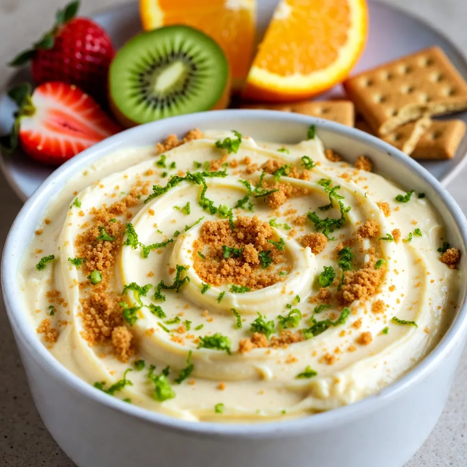 - 8 oz cream cheese (softened) - ½ cup sour cream (preferably full-fat) - ½ cup powdered sugar (sifted) - 2 tablespoons fresh key lime juice - Zest from 1 key lime (finely grated) - 1 teaspoon pure vanilla extract - ½ cup whipped topping (such as Cool Whip) - Graham cracker crumbs (for garnish) The key to making this dip is using fresh ingredients. I love using full-fat sour cream for its rich taste. Cream cheese must be softened to blend easily. Sifting powdered sugar helps avoid lumps. Fresh key lime juice adds a bright kick. The zest from the lime brings out even more flavor. You can use vanilla extract for depth. Whipped topping gives it a light, airy feel. Finally, graham cracker crumbs not only make it pretty but add a crunchy texture. This dip is a perfect blend of sweet and tart. Each bite feels like a mini dessert! Remember, using fresh key limes is a game-changer. They pack a punch of flavor compared to regular limes. Enjoy the process and the tasty results as you mix these simple ingredients. {{ingredient_image_2}} To start, gather your ingredients. In a medium bowl, combine 8 oz of softened cream cheese, ½ cup of full-fat sour cream, and ½ cup of sifted powdered sugar. Use an electric mixer on medium speed. Mix these together until they are smooth and creamy. This should take about 2-3 minutes. The base needs to be perfect for a great dip. Once the base is ready, it’s time to add the key lime flavor. Pour in 2 tablespoons of fresh key lime juice, the zest from 1 key lime, and 1 teaspoon of pure vanilla extract. Mix everything until it’s evenly blended. The key lime will give your dip a bright and zesty taste that pairs perfectly with the creaminess. Now, you need to fold in ½ cup of whipped topping, like Cool Whip. Use a spatula and gently scoop from the bottom to the top. This keeps the dip light and fluffy. Be careful not to deflate the mixture. Once it looks airy, transfer the dip into a decorative serving bowl. After transferring, smooth the top with a spatula. Then, generously sprinkle graham cracker crumbs on top. This adds a nice crunch. For the best flavor, chill the dip in your fridge for at least 30 minutes. This wait helps the flavors mix well. When ready to serve, pair with fresh fruit like strawberries, kiwis, or apples, and enjoy with graham crackers or vanilla wafers. To get the best dip, ensure your cream cheese is fully softened. If it’s too cold, it won’t mix well. Let it sit out for about 30 minutes before you start. When you mix the cream cheese, sour cream, and powdered sugar, blend until it's smooth and creamy. This usually takes about 2-3 minutes. When you add the whipped topping, be gentle. Use a spatula to fold the topping in slowly. Scoop from the bottom and lift it over the top. This helps keep the dip light and fluffy. Avoid stirring too hard, as it can deflate the mixture. If you want to switch things up, try using other citrus juices. Lemon or orange juice can give a nice twist. Just remember, key limes have a unique taste. For the best flavor, look for fresh key limes. They should feel heavy for their size and have a smooth skin. For a tasty dip experience, pair it with fresh fruit slices. Strawberries, kiwis, and apples work great. You can also serve it with graham crackers or vanilla wafers. For a fun twist, use a decorative bowl to serve your dip. A clear glass bowl shows off the pretty colors and adds to the appeal. Pro Tips Use Fresh Ingredients: Always opt for fresh key limes for the best flavor. If key limes are unavailable, regular limes can be used, but the taste will differ slightly. Chill Before Serving: Allowing the dip to chill in the refrigerator for at least 30 minutes enhances the flavors and makes it more refreshing. Variations: Experiment with different flavored whipped toppings or add a hint of coconut extract for a tropical twist. Presentation Matters: Serve the dip in a decorative bowl and garnish with lime slices or zest for an attractive presentation. {{image_4}} You can easily change up the flavor of this dip. One fun option is to make a coconut key lime cheesecake dip. Just mix in ½ cup of shredded coconut when you blend the cream cheese and sour cream. This adds a nice tropical twist. You can also try adding a raspberry swirl for a fruity touch. Once your dip is ready, gently fold in a few spoonfuls of raspberry jam. The bright color and taste will make it even more special. If you follow a vegan diet, you can still enjoy this dip. Use plant-based cream cheese and sour cream. The flavor will still shine through. For those who need gluten-free options, just swap regular graham cracker crumbs with gluten-free ones. This way, everyone can enjoy this tasty dip without worry. To keep your Key Lime Cheesecake Dip fresh, place it in an airtight container. A glass or plastic container works well. Make sure to seal it tightly to prevent air from getting in. Store it in the fridge. This dip tastes best within three days. To maintain its flavor and texture, avoid mixing in graham cracker crumbs until you serve it. This keeps it crunchy and delicious. If you have leftover dip, you can also top it with a bit of whipped topping to help preserve its creaminess. Can you freeze Key Lime Cheesecake Dip? Yes, you can freeze it, but it may change texture. The creaminess might not be the same. If you decide to freeze it, use a freezer-safe container. Leave some space at the top, as the dip may expand when frozen. To thaw, move the container to the fridge for a few hours or overnight. After thawing, stir the dip gently to mix it. If it seems too thick, add a little whipped topping to bring back some fluffiness. Serve it chilled for a cool treat that still shines with key lime flavor! Key Lime Cheesecake Dip can last for about 3 to 5 days in the fridge. Store it in an airtight container to keep it fresh. If you notice any change in smell or texture, it's best to toss it. Yes, you can use regular limes if key limes are hard to find. Regular limes will give a different flavor, but they still taste great. Just remember to adjust the amount to your taste. If you need a substitute for sour cream, try plain Greek yogurt. It has a similar taste and texture. You can also use cottage cheese for a lighter option. Blend it well to make it smooth. Yes, this dip is gluten-free! Just make sure to use gluten-free graham crackers for serving. Fresh fruits and veggies are also great for dipping and keep it gluten-free. This blog post gave you a complete guide to making a tasty Key Lime Cheesecake Dip. We covered the ingredients, step-by-step instructions, and tips for the best texture and flavor. You also discovered fun variations and easy storage tips. Enjoy this creamy dip with friends and family. It’s perfect for any gathering or snack. Don’t hesitate to try new flavors and pairings. Happy dipping!