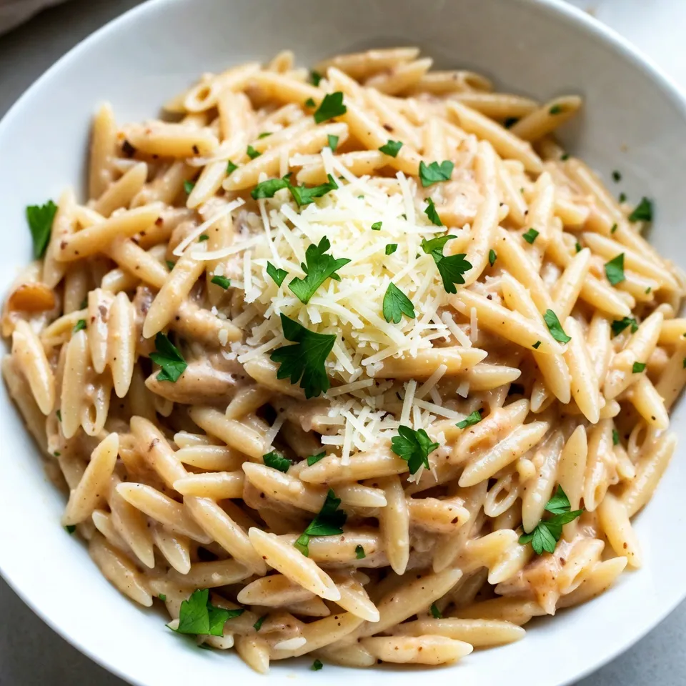 In this creamy garlic parmesan orzo dish, each ingredient plays a key role. Here's what you'll need: - 1 cup orzo pasta - 2 tablespoons extra virgin olive oil - 4 cloves garlic, finely minced - 1 cup vegetable broth (or chicken broth for added flavor) - 1 cup heavy cream - 1 cup freshly grated Parmesan cheese - 1 teaspoon Italian seasoning blend - Salt and freshly ground black pepper, to taste - Fresh parsley, finely chopped (for garnish) When choosing ingredients, I recommend using high-quality Parmesan cheese. Freshly grated cheese melts better and gives a rich flavor. For broth, you can use either vegetable or chicken. This choice can enhance the taste. Feel free to customize your dish! You can add cooked chicken or shrimp for a protein boost. Spinach or mushrooms can also add color and nutrition. Enjoy experimenting! {{ingredient_image_2}} To start, bring a medium saucepan filled with water to a rolling boil. Once boiling, add 1 cup of orzo pasta. Cook it according to the package instructions until it reaches al dente. This texture means the pasta is firm but not hard. After cooking, drain the pasta in a colander. Allow excess water to fully drain off. You want the orzo to be dry, so it absorbs the sauce well. Next, grab a large skillet. Heat 2 tablespoons of extra virgin olive oil over medium heat until it shimmers. Add 4 cloves of finely minced garlic. Sauté the garlic for about 1 minute. Watch it carefully; you don’t want it to burn. It should smell fragrant and turn lightly golden. Now, slowly pour in 1 cup of vegetable broth. Stir the mix well with a spatula. Let this come to a gentle simmer. Once it simmers, lower the heat. Gradually pour in 1 cup of heavy cream. Stir until everything blends nicely and heats through. After that, sprinkle in 1 cup of freshly grated Parmesan cheese. Keep stirring until the cheese fully melts. This creates a creamy sauce. Then, add 1 teaspoon of Italian seasoning blend. Season with salt and freshly ground black pepper to your taste. Taste the sauce and adjust if needed. Now it's time to bring it all together. Add the drained orzo to the skillet. Toss gently to coat every strand in the creamy sauce. This step is key; you want each bite to be rich and flavorful. For a beautiful finish, serve the dish hot. Garnish each serving with freshly chopped parsley. This adds color and a fresh touch. For an elegant presentation, consider serving the orzo in shallow bowls. Drizzle some extra virgin olive oil on top. You can also sprinkle more Parmesan and add a lemon wedge on the side for freshness. Enjoy your delightful dinner! To ensure the sauce thickens properly, keep the heat low when adding cream. Stir constantly to blend it well with the broth. Add the cheese gradually, allowing it to melt smoothly. This helps in creating a rich, creamy texture. If the sauce seems too thin, let it simmer a bit longer without the orzo. Adjusting seasoning is key to making this dish your own. Start with a pinch of salt and some black pepper. Taste frequently as you cook. If you want a kick, add more Italian seasoning or even a dash of crushed red pepper. Prep strategies can speed up your cooking time. Mince the garlic and measure out the cheese and other ingredients before you start. This way, you won’t waste time searching for items while cooking. For meal planning, you can make this dish ahead of time. Cook the orzo and sauce separately, then combine when you’re ready to serve. This lets you enjoy a quick meal on busy days. This creamy orzo pairs well with proteins like grilled chicken or sautéed shrimp. You can also serve it with a fresh salad or steamed vegetables. For an elegant presentation, serve the orzo in shallow bowls. Drizzle a bit of extra virgin olive oil on top. Sprinkle more grated Parmesan and add a sprig of parsley or a lemon wedge on the side. This makes the dish look as good as it tastes! Pro Tips Perfect Pasta Texture: Make sure to cook the orzo al dente, as it will continue to absorb sauce and cook slightly more once added to the skillet. Use Fresh Ingredients: Opt for freshly grated Parmesan cheese instead of pre-grated for a creamier texture and more robust flavor. Customize the Flavor: Feel free to add additional herbs like basil or thyme for an extra depth of flavor that complements the garlic and Parmesan. Make It a Meal: Add sautéed vegetables or cooked chicken to this orzo dish to turn it into a heartier main course. {{image_4}} You can change the pasta in this recipe. Use any small pasta you like. Farro, quinoa, or even rice can work well. For the cream, try using half-and-half or a non-dairy option. If you want more flavor, use chicken broth instead of vegetable broth. Adding proteins can make this dish heartier. Cooked chicken, shrimp, or even sautéed mushrooms fit perfectly. Just mix them in after adding the orzo. This adds great taste and makes it a full meal. Adding vegetables can boost flavor and nutrition. Spinach, peas, or mushrooms are great choices. Just sauté them with the garlic. This will give your dish a fresh taste and pop of color. You can also spice things up. Add Italian herbs like basil or oregano for a richer flavor. A pinch of red pepper flakes can add a nice kick. These tweaks will create layers of taste and keep your dinner exciting. To keep your creamy garlic Parmesan orzo fresh, store it in an airtight container. This helps preserve the creaminess. Let it cool to room temperature before sealing it. You can keep it in the fridge for up to three days. If you wait longer, it may lose its rich flavor and texture. When reheating, aim to keep the texture smooth and creamy. You can use the stovetop or microwave. For the stovetop, place the orzo in a skillet with a splash of broth or cream. Heat it on low, stirring often to prevent sticking. In the microwave, heat it in short bursts, stirring in between. This way, it heats evenly and stays delicious. Yes, you can make Creamy Garlic Parmesan Orzo gluten-free. Use gluten-free orzo pasta. Many brands offer great options made from rice or corn. You can find these at most grocery stores. Just follow the cooking instructions on the package. To make this dish vegetarian-friendly, choose vegetable broth instead of chicken broth. This keeps the flavor rich. You can also add more veggies for extra nutrition. Try spinach, cherry tomatoes, or mushrooms. These will boost taste and color. This orzo pairs well with many side dishes. Consider a fresh garden salad or steamed vegetables. Grilled chicken or shrimp can add protein. For drinks, a light white wine or sparkling water works well. These options bring balance to the meal. This blog post covered all the steps to make a delicious creamy garlic Parmesan orzo. We discussed key ingredients, preparation tips, and serving ideas. You now have methods to customize your dish and store leftovers. Remember, great cooking is about adjusting flavors and making it your own. Use what you love and don’t shy away from experimenting. Enjoy every bite of your creamy creation!