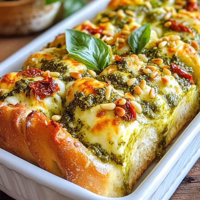 - 1 loaf of crusty Italian or French bread - 1 cup fresh basil pesto - 2 cups fresh mozzarella cheese, shredded - 1/2 cup sun-dried tomatoes, finely chopped - 1/4 cup pine nuts, lightly toasted - 2 tablespoons olive oil - 1 teaspoon garlic powder - Salt and freshly ground black pepper to taste - Fresh basil leaves for garnish You can use fresh herbs for extra taste. Try adding arugula or parsley. These will boost flavor and make the dish pop. - Baking sheet - Aluminum foil - Mixing bowl - Sharp knife - Spoon Having the right tools makes cooking easy and fun. A sharp knife helps cut the bread cleanly. A mixing bowl keeps your filling organized. Use a baking sheet to catch any cheese that spills out while baking. {{ingredient_image_2}} Start by preheating your oven to 375°F (190°C). This step is key to getting that perfect, crispy crust. A hot oven helps the cheese melt well and the bread get golden. Next, take your loaf of crusty Italian or French bread. Carefully slice it in half lengthwise. If the bread is thick, you might want to hollow out some of the inside. This creates extra space for all that tasty filling. In a mixing bowl, combine the shredded mozzarella, finely chopped sun-dried tomatoes, and lightly toasted pine nuts. Mix them well so each bite is flavorful. Now, grab each half of the bread and spread a layer of fresh basil pesto on both sides. This adds a burst of flavor that pairs perfectly with the cheese. On the bottom half of the bread, pile on the mozzarella mixture. Spread it evenly to make sure every piece has cheesy goodness. To amp up the flavor, drizzle some olive oil over the filling. Add garlic powder, salt, and freshly cracked black pepper to taste. Finally, place the top half of the bread back on. Press gently to hold the filling inside. Wrap the stuffed bread tightly in aluminum foil. This helps keep the moisture in while it bakes. Place it directly on the oven rack and bake for 20-25 minutes. You want the cheese to melt and the bread to get crispy. After 20-25 minutes, take off the foil. Put the bread back in the oven for another 5 minutes. This will give the crust a nice, golden-brown color. When baking is done, remove the bread from the oven. Let it cool for a few minutes before slicing. Cut it into thick pieces for hearty servings. If you want, you can add fresh basil leaves on top for a pop of color and flavor. Enjoy your tasty treat! To hollow out the bread, start with a sharp knife. Slice the loaf in half lengthwise. Carefully cut around the edges inside the crust. Use your hands to pull out the soft bread. Leave enough crust to hold the filling. This step makes space for all those tasty ingredients. For the best melt, use fresh mozzarella cheese. Shred it instead of using slices. Spread the cheese evenly in the bread. Drizzle a little olive oil on it to help with melting. Bake at 375°F for 20-25 minutes, then remove the foil for 5 more minutes. This gives you a gooey, melted center with a crispy crust. If you have leftover stuffed bread, wrap it tightly in foil. Store it in the fridge for up to three days. To reheat, place it in the oven at 350°F for about 15 minutes. This keeps the bread fresh and the cheese melty. Enjoy your delicious leftovers! Pro Tips Choose the Right Bread: Opt for a crusty Italian or French bread that can hold the filling well without becoming soggy. Hollow It Out: If the bread's interior is dense, hollow it out slightly to create more space for the delicious stuffing. Fresh Ingredients Matter: Use fresh basil pesto and high-quality mozzarella for a more vibrant flavor and gooey texture. Let It Rest: Allow the stuffed bread to cool for a few minutes after baking for easier slicing and to let the flavors meld. {{image_4}} You can easily add more veggies to your stuffed bread. Spinach, bell peppers, or artichokes work great. Try adding roasted zucchini or mushrooms for extra flavor. These vegetables add texture and nutrients, making the dish even better. Feel free to mix and match to suit your taste. While mozzarella is classic, other cheeses can shine here. Try using fontina for a nutty taste or provolone for a sharp bite. You can also blend them for a rich, creamy filling. Goat cheese adds a tangy flavor that pairs well with pesto. Choose what you love to create your perfect stuffed bread. Pesto is not just basil! You can try sun-dried tomato pesto for a rich taste. Spinach or arugula pesto adds a peppery zing. If you want a nutty twist, use walnut or almond pesto. Each option brings a unique flavor that makes this dish exciting. Experiment with different kinds to find your favorite. To keep your pesto mozzarella stuffed bread fresh, wrap it well. Use plastic wrap or aluminum foil. This helps prevent the bread from drying out. Store it in the fridge for up to three days. Always ensure the bread is cool before wrapping. This keeps moisture trapped inside, keeping the bread soft. To reheat, preheat your oven to 350°F (175°C). Unwrap the bread and place it on a baking sheet. Bake for about 10-15 minutes. This warms the bread and melts the cheese again. You can also use a toaster oven for smaller pieces. Just watch it closely to avoid burning. You can freeze the stuffed bread if you have leftovers. Wrap it tightly in plastic wrap, then in foil. This prevents freezer burn. It can last up to two months in the freezer. When ready to eat, thaw it in the fridge overnight. Reheat as mentioned above for a delicious meal. Yes, you can use store-bought pesto. It saves time and still tastes great. Look for a brand with fresh ingredients for the best flavor. Homemade pesto is always nice, but store-bought works well in a pinch. You can use several cheeses if you need a change. Try provolone or fontina for a different taste. If you want a dairy-free option, use vegan cheese made from nuts. Just ensure it melts well for the best results. To make this recipe vegan, use vegan cheese instead of mozzarella. Also, choose a dairy-free pesto. Many brands offer plant-based options. This way, you keep all the flavor while making it vegan-friendly. Baking the stuffed bread takes about 20-25 minutes. After that, remove the foil and bake for an extra 5 minutes. This will make the crust nice and crispy. Keep an eye on it to prevent burning. We explored how to make pesto mozzarella stuffed bread. You learned about the key ingredients, tools, and step-by-step instructions. I also shared tips for hollowing out bread and ensuring cheese melts well. Variations let you customize the dish with different cheeses or pesto flavors. Plus, I covered storage and reheating techniques for leftovers. Now you can enjoy this tasty treat anytime!