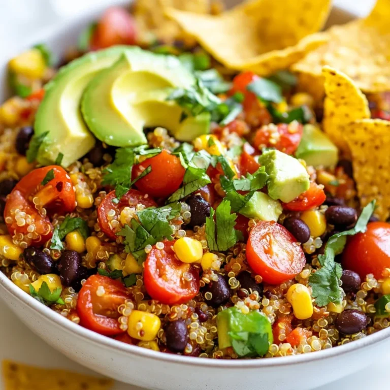 - 1 cup quinoa, thoroughly rinsed - 2 cups vegetable broth or water - 1 can (15 oz) black beans, rinsed and drained - 1 cup corn, either fresh or frozen - 1 red bell pepper, diced into bite-size pieces - 1 ripe avocado, diced - 1 small red onion, finely chopped - 1 cup cherry tomatoes, halved - 1 jalapeño, deseeded and finely minced (optional for heat) - 1 teaspoon ground cumin - 1 teaspoon chili powder - 1/2 teaspoon garlic powder - 1/4 cup fresh cilantro, chopped for garnish - Juice of 2 limes - 2 tablespoons extra virgin olive oil - Salt and freshly ground pepper to taste - Tortilla chips for an added crunch (optional) - Quinoa: High in protein and fiber. It also contains all nine essential amino acids. - Black beans: Great source of protein and fiber. They support digestive health. - Corn: Provides antioxidants and carbs for energy. It's also rich in vitamins. - Red bell pepper: Packed with vitamin C, which boosts your immune system. - Avocado: Full of healthy fats that promote heart health. It also has fiber. - Red onion: Contains antioxidants and may help reduce inflammation. - Cherry tomatoes: Rich in vitamins A and C. They add freshness and flavor. - Jalapeño: Adds a kick of heat and contains capsaicin, which helps metabolism. - Cumin: Aids digestion and adds a warm flavor to the dish. - Chili powder: Rich in vitamins and adds depth to the flavor profile. - Garlic powder: Supports heart health and provides anti-inflammatory benefits. - Cilantro: Contains antioxidants and may help lower blood sugar levels. - Lime juice: Offers vitamin C and enhances flavor with its acidity. - Olive oil: Full of healthy fats and antioxidants. Good for heart health. - Salt and pepper: Essential for enhancing the overall taste of the salad. - For quinoa, I recommend Ancient Harvest or Bob's Red Mill for high quality. - Use low-sodium vegetable broth for a healthier option. - Any brand of black beans works, but look for organic options for better flavor. - For corn, Frozen Sweet Corn is a great option if fresh isn't available. - Substitute the red bell pepper with yellow or orange for a different twist. - If you can’t find fresh cilantro, parsley makes a nice substitute. - For olive oil, choose extra virgin for the best taste and health benefits. - If you like it spicier, try using serrano peppers instead of jalapeños. {{ingredient_image_2}} To cook quinoa, start by rinsing it well. This step removes the bitter coating. Use one cup of quinoa with two cups of vegetable broth or water. Combine them in a medium pot. Add a pinch of salt for flavor. Bring the mixture to a boil over high heat. Once it bubbles, lower the heat. Cover the pot and let it simmer for about 15 minutes. The quinoa is done when it absorbs all the liquid. Fluff it with a fork and let it cool slightly. For the dressing, grab a small bowl. Whisk together the juice of two limes and two tablespoons of extra virgin olive oil. Add one teaspoon of ground cumin and one teaspoon of chili powder. Then, mix in half a teaspoon of garlic powder. Season with salt and pepper to taste. This dressing should be bright and tangy. Adjust the flavors as needed. If you want more zest, add a bit more lime juice. In a large bowl, combine black beans, corn, diced red bell pepper, diced avocado, chopped red onion, and halved cherry tomatoes. If you like heat, add minced jalapeño. Gently mix these veggies to blend. Once the quinoa has cooled, add it to the bowl. Drizzle the dressing over everything. Use a spatula or large spoon to toss the salad lightly. Ensure all ingredients are coated well. Serve this colorful salad right away for the best flavor. You can also chill it for up to an hour. For crunch, add tortilla chips on the side. Enjoy your fresh, zesty quinoa taco salad! To amp up the zest, add more lime juice. A splash increases freshness. You can also mix in more minced jalapeño for heat. If you want extra flavor, try adding a pinch of cayenne pepper. It gives a nice kick without overpowering the salad. Another option is to toss in diced mango. This adds a sweet twist that balances the zesty notes. If you're vegan, this salad is already great for you! To make it gluten-free, ensure your broth is certified gluten-free. For a nut-free version, check the chip brand. You can swap black beans for chickpeas if you prefer. If you're avoiding nightshades, leave out the red bell pepper and jalapeño. Replace them with diced cucumber or shredded carrots for crunch. Serve your salad in a big, colorful bowl. This makes it eye-catching. Garnish with extra cilantro on top for a fresh finish. To add fun, scatter tortilla chips around the edges of the bowl. You can also use a clear glass dish to show off the bright colors. If you're feeling creative, layer the ingredients in jars for a beautiful take-along option. Pro Tips Use a Variety of Beans: Mix different types of beans, like pinto or kidney beans, for added flavor and texture. Fresh Herbs Matter: Use fresh cilantro for garnish, as it brightens the salad and enhances the overall taste. Chill for Flavor: Letting the salad sit in the refrigerator for up to an hour allows the flavors to meld beautifully. Customize Your Heat: Adjust the heat level by varying the amount of jalapeño or adding a pinch of cayenne pepper. {{image_4}} You can make this salad more filling by adding protein. Here are some great options: - Grilled chicken: Dice it and mix it in. - Shrimp: Cooked shrimp adds a nice touch. - Tofu: Marinated and grilled tofu gives a great flavor. - Ground turkey: Cook it with spices for extra zest. These additions can boost the protein and make the salad a full meal. This salad is naturally gluten-free, but you can enhance it. Here are some ideas: - Use quinoa: It's a gluten-free grain, perfect for this dish. - Substitute regular corn chips with gluten-free ones. - Add more fresh veggies, like zucchini or radishes, for extra crunch. These options keep your salad gluten-free while adding flavor and texture. The dressing is key to a tasty salad. You can switch it up in fun ways: - Avocado dressing: Blend avocado with lime juice and olive oil. - Cilantro-lime vinaigrette: Mix more cilantro for a fresh twist. - Spicy yogurt dressing: Combine Greek yogurt with jalapeño and lime. These dressings add variety and can change the whole dish! To keep your zesty quinoa taco salad fresh, store it in an airtight container. Make sure to place it in the fridge. The salad stays fresh for up to three days. If you used tortilla chips, store them separately. This keeps them crunchy and prevents sogginess. If you want to enjoy your salad warm, only reheat the quinoa. Add a little water to keep it moist. Heat it in the microwave for 30 seconds. Stir and check if it's warm enough. Avoid reheating the entire salad, as the veggies and avocado don’t do well with heat. The best taste comes from eating the salad fresh. However, if you store it, the flavors can still be good for up to three days. After that, the vegetables may lose their crispness. Always check for freshness before eating. Yes, quinoa is gluten-free. It comes from a seed, not a grain. Many people with gluten intolerance can enjoy quinoa safely. This makes it a fantastic option for salads and other dishes. You can prepare the salad in advance! Make the salad up to one hour ahead. Mix all ingredients except for the avocado and tortilla chips. Keep them separate until serving. This helps keep the avocado fresh and the chips crunchy. You can add more protein in a few ways. Here are some ideas: - Add grilled chicken or shrimp for a hearty option. - Toss in sliced tofu or tempeh for a plant-based protein. - Mix in extra black beans or chickpeas for even more fiber and protein. These additions will make the salad filling and nutritious. This blog post covered everything you need for a delicious quinoa salad. We explored the key ingredients, their benefits, and some great brands. Step-by-step instructions will help you cook quinoa perfectly. You learned tips for flavor and presentation to make your dish stand out. Plus, we discussed variations and storage tips for long-lasting freshness. Now, you're ready to create your own tasty quinoa salad. Enjoy the healthy flavors and fun options you can customize!