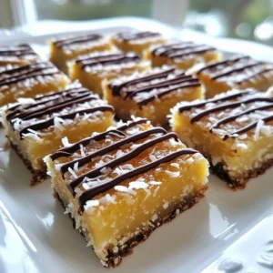 - 2 cups unsweetened shredded coconut - 1 cup almond flour - 1/2 cup maple syrup - 1/4 cup coconut oil, melted - 1 teaspoon vanilla extract - 1/4 teaspoon salt - 1/2 cup dark chocolate chips - 1 tablespoon coconut oil (for chocolate drizzle) To make chocolate drizzled coconut bars, start with unsweetened shredded coconut. This gives the bars a chewy texture and a rich coconut flavor. Next, almond flour adds a nice nutty taste and keeps the bars gluten-free. Maple syrup sweetens the bars naturally. It blends well with the coconut and almond flavors. Melted coconut oil helps bind the mixture and adds a hint of coconut flavor. Don’t forget the vanilla extract for a warm, sweet aroma. A little salt brings out all the flavors. Finally, dark chocolate chips are the crowning glory. They melt beautifully for a drizzle that makes these bars even more special. - Extra shredded coconut - Sea salt For a finishing touch, consider adding extra shredded coconut on top. It looks great and boosts the coconut flavor. A sprinkle of sea salt can enhance the sweetness, giving each bite a perfect balance. - Mixing bowls - Baking dish (8x8 inch) - Parchment paper - Whisk or fork Gather your tools before you start. You’ll need mixing bowls for combining ingredients. An 8x8 inch baking dish is ideal for shaping your bars. Parchment paper makes it easy to lift the bars out later. Lastly, a whisk or fork helps mix the wet and dry ingredients smoothly. These ingredients and tools set you up for delicious chocolate drizzled coconut bars. With just a few simple items, you’ll create a sweet treat that everyone will love. {{ingredient_image_2}} - Preheat your oven to 350°F (175°C). - Line an 8x8 inch baking dish with parchment paper. Make sure to leave some overhang. This helps lift the bars out easily after baking. - In a large bowl, combine 2 cups of unsweetened shredded coconut and 1 cup of almond flour. - Use a whisk or fork to mix them well. This ensures even distribution of the dry ingredients. - In another bowl, mix together 1/4 cup of melted coconut oil, 1/2 cup of maple syrup, 1 teaspoon of vanilla extract, and 1/4 teaspoon of salt. - Whisk until everything is fully combined. You want a smooth mixture with no lumps. - Gently pour the wet mixture into the dry ingredients. - Stir until there are no dry spots left. This ensures a uniform texture throughout the bars. - Transfer the combined mixture into the lined baking dish. - Press it down firmly and evenly. Bake for 20-25 minutes, or until the edges turn golden brown. - Let the bars cool completely in the pan on a wire rack. - Once cooled, use the parchment overhang to lift the bars out. Place them on a cutting board and slice them into squares or rectangles. To get the best texture, press the mixture evenly in the pan. This helps the bars hold together well after baking. I suggest using your hands or a spatula for this step. Keep an eye on the baking time. Bake until the edges are golden brown, about 20 to 25 minutes. This ensures a nice, chewy center. Melting chocolate can be tricky. Use a microwave-safe bowl to melt dark chocolate chips with coconut oil. Heat in 30-second bursts, stirring in between. This keeps the chocolate smooth and prevents burning. For drizzling, you can use a piping bag for more control. If you don’t have one, a spoon works too. Just drizzle in a zigzag motion for a pretty look. Presentation matters! Serve the bars on a nice plate. You can sprinkle extra shredded coconut or sea salt on top. It adds a lovely touch. Pair these bars with a glass of cold milk or a warm cup of tea. They complement each other perfectly and make for a delightful treat. Pro Tips Use Fresh Ingredients: Always opt for fresh and high-quality shredded coconut and dark chocolate for optimal flavor and texture in your bars. Let Them Cool Completely: Ensure that the bars are completely cooled before cutting. This helps them hold their shape better and prevents crumbling. Experiment with Toppings: Feel free to add nuts, dried fruits, or even a sprinkle of sea salt on top of the chocolate drizzle for a unique twist. Store Properly: Keep the bars in an airtight container at room temperature for up to a week or refrigerate them for longer shelf life. {{image_4}} You can give your chocolate drizzled coconut bars a twist. Try adding nuts or seeds. Chopped almonds or sunflower seeds work great! They add crunch and flavor. You can also incorporate spices like cinnamon or nutmeg. Just a pinch can elevate the bars. Cinnamon adds warmth, while nutmeg brings a cozy touch. Both pair well with chocolate and coconut. If you want a healthier version, think about substituting sweeteners or oils. You can use honey instead of maple syrup. This change gives a unique taste. For oil, try using avocado oil instead of coconut oil. You can make these bars gluten-free easily. Just ensure your almond flour is certified gluten-free. It’s a simple switch that keeps the bars delicious. Seasonal ingredients can make these bars special. Use dried fruits like cranberries or apricots for a fruity twist. They add color and flavor to the bars. You can also add themed sprinkles for holidays. For example, red and green sprinkles for Christmas or pastel colors for Easter. These fun touches make the bars festive and fun! You can store these chocolate drizzled coconut bars at room temperature for up to three days. Keep them in an airtight container. If you want them to last longer, place them in the refrigerator. This will help them stay fresh for about a week. The cold helps the chocolate stay firm and the bars taste great chilled. For long-term storage, freezing the bars is a smart choice. Wrap each bar tightly in plastic wrap, then place them in a freezer-safe bag or container. This method keeps them fresh for up to three months. When you want to enjoy a bar, just take it out and let it thaw in the fridge or at room temperature. These bars will stay fresh for about a week in the fridge. If kept at room temperature, they last around three days. Always check for signs of spoilage. If the bars smell off or have mold, it’s best to discard them. Keeping an eye on freshness ensures you enjoy these treats at their best! Yes, you can use sweetened coconut. However, you will need to adjust the maple syrup. Sweetened coconut adds more sugar, so cut back on the syrup. Start with 1/4 cup of maple syrup and taste. Adjust to your liking. This way, you maintain a good balance of sweetness. Absolutely! This recipe is mostly vegan. Use coconut oil and maple syrup, which are both vegan. For chocolate, choose dairy-free dark chocolate chips. This way, you keep the rich taste without any animal products. You can enjoy these bars guilt-free! You can find pre-made bars at health food stores and online retailers. Brands like Trader Joe's, Whole Foods, and Amazon often have these treats. Check the snack aisle or the gluten-free section. Look for bars that use quality ingredients for the best taste. If you have nut allergies, you can use oat flour or coconut flour. Both work well in this recipe. You can make oat flour by blending rolled oats until fine. Coconut flour is more absorbent, so use less. Start with 3/4 cup of coconut flour and adjust as needed. You now have a solid understanding of creating delicious coconut bars. We covered the main ingredients, the step-by-step instructions, and tips to perfect your creation. Explore different variations to suit your taste and dietary needs. Remember to store your bars properly to keep them fresh. Enjoy your coconut bars with friends and family or as a tasty snack. Happy baking!