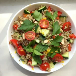 For this Lemon Herb Quinoa Salad, you will need a mix of quinoa and fresh veggies. Here&rsquo;s what to gather: - 1 cup quinoa, thoroughly rinsed - 2 cups vegetable broth or water - 1 cup cherry tomatoes, halved - 1 medium cucumber, diced - 1 bell pepper (choose red or yellow), diced - 1/4 cup red onion, finely chopped Next, let&rsquo;s talk about the fresh herbs and dressing ingredients. These add a zesty kick that makes the salad shine: - 1/4 cup fresh parsley, finely chopped - 1/4 cup fresh mint, finely chopped - 1/4 cup extra virgin olive oil - 2 tablespoons fresh lemon juice - Zest of 1 lemon - Salt and freshly ground black pepper to taste Quinoa is a fantastic base. It is packed with protein and is gluten-free. The colorful veggies bring crunch and flavor. Fresh herbs add a burst of brightness. The dressing ties everything together with its tangy and rich taste. Each ingredient plays a role in creating a fresh, healthy delight that you can enjoy any time. {{ingredient_image_2}} Rinsing and Cooking Process First, take 1 cup of quinoa and rinse it well under cold water. This step removes any bitter taste. Next, put the rinsed quinoa in a medium saucepan. Add 2 cups of vegetable broth or water. Bring this mixture to a boil over medium-high heat. Tips for Achieving Fluffy Quinoa Once it boils, lower the heat and cover the pan. Let it simmer for 15 minutes until the quinoa is tender. Remove it from the heat but keep it covered for another 5 minutes. This helps the quinoa steam and become fluffy. Use a fork to fluff it up, then spread it out to cool. Chopping Techniques for Even Pieces While the quinoa cooks, chop your veggies. You&rsquo;ll need 1 cup of halved cherry tomatoes, 1 medium diced cucumber, and 1 diced bell pepper. Aim to cut them into even pieces for a nice look. Don&rsquo;t forget to finely chop 1/4 cup of red onion, 1/4 cup of fresh parsley, and 1/4 cup of fresh mint. Combining Ingredients in the Mixing Bowl In a large mixing bowl, toss the chopped veggies together. Mixing them now ensures an even flavor in the salad. Whisking Techniques for Creamy Dressing In a small bowl, whisk together 1/4 cup of extra virgin olive oil, 2 tablespoons of fresh lemon juice, and the zest of 1 lemon. Add salt and freshly ground black pepper to taste. Make sure to whisk until the dressing is smooth and well combined. Flavor Adjustments for Dressing Taste the dressing and adjust it as needed. You may want more lemon juice for a tangy kick or more salt for flavor. Once it&rsquo;s just right, you&rsquo;re ready to combine everything! - Lemon herb quinoa salad pairs well with grilled chicken or fish. - It also complements roasted vegetables nicely. - Serve it alongside hummus and pita for a fun snack. - For a crisp touch, add slices of avocado or radishes. Garnishing enhances your dish. - Use extra lemon zest to brighten the look. - Fresh herbs, like parsley or mint, add flair and color. - A sprinkle of sesame seeds can add texture. Adjusting seasoning can make a big difference. - Start with salt and pepper, then taste. - Add more lemon juice for a tangy kick. - A pinch of red pepper flakes brings heat. You can enhance freshness with more ingredients. - Try adding diced bell pepper for crunch. - Chopped cucumber boosts the salad's coolness. - For a sweet touch, add diced apples or berries. Storing leftovers safely keeps your salad fresh. - Place it in an airtight container in the fridge. - It stays good for about three days. If you need to reheat it, do so gently. - Microwave it for a short time, just until warm. - Be careful not to overheat, as quinoa can dry out. Pro Tips Rinse Your Quinoa: Always rinse quinoa under cold water before cooking to remove its natural coating, called saponin, which can give it a bitter taste. Chill for Flavor: Allowing the salad to chill in the refrigerator for at least 30 minutes helps the flavors meld together, enhancing the overall taste. Fresh Herbs Matter: Use fresh herbs instead of dried for a more vibrant and aromatic salad. Fresh parsley and mint will elevate the dish significantly. Customize Your Veggies: Feel free to add or substitute vegetables based on your preference or seasonal availability, such as avocado, radishes, or bell peppers of different colors. {{image_4}} You can change up the vegetables in this salad to suit your taste. Here are some great swaps: - Carrots: Use grated carrots for a sweet crunch. - Zucchini: Diced zucchini adds a fresh flavor. - Spinach: Mix in baby spinach for extra greens. If you want to add protein, here are some ideas to make it heartier: - Chickpeas: Add a can of drained chickpeas for plant-based protein. - Grilled Chicken: Chopped grilled chicken makes it more filling. - Feta Cheese: Crumbled feta cheese gives a salty kick. You can try different dressings to change the taste. Here are some ideas: - Balsamic Vinaigrette: This adds a sweet and tangy flavor. - Tahini Dressing: Creamy tahini gives a nutty touch. - Yogurt Dressing: A yogurt-based dressing brings creaminess. To customize your flavor, think about these tips: - Herbs: Add dill or basil for a unique twist. - Spices: A pinch of cumin can add warmth. - Citrus: Try lime juice instead of lemon for a different zing. To make this salad vegan, swap out the honey in any dressing with maple syrup or agave. If you want a gluten-free option, quinoa is already gluten-free, so you're all set! For healthier versions, try these ideas: - Less Oil: Use less olive oil or swap it with vegetable broth. - Smashed Avocado: Instead of oil, try mashed avocado for creaminess. - Skip Salt: Use herbs for flavor instead of salt for a lighter taste. To keep your Lemon Herb Quinoa Salad fresh, use the right container. I recommend a glass or BPA-free plastic container with a tight lid. This helps keep air out and prevents sogginess. Store your salad in the fridge for up to three days. After that, the veggies lose their crispness, and the flavors may fade. Always check for signs of spoilage before eating. You can freeze quinoa salad, but it changes texture. To freeze, follow these steps: - Cool the Salad: Let the salad cool completely before freezing. - Portion It: Divide the salad into meal-sized portions. This makes it easy to thaw just what you need. - Wrap and Seal: Use freezer bags or containers. Remove as much air as possible to avoid freezer burn. To thaw, move the salad to the fridge overnight. You can also thaw it in the microwave on low. Serve it cold or gently heat it in a pan. If you reheat it, add a bit of olive oil or lemon juice for freshness. Enjoy! To make this salad vegan, you need to replace any non-vegan items. The original recipe is already vegan-friendly. Use vegetable broth when cooking quinoa. For the dressing, use extra virgin olive oil and lemon juice, which are both plant-based. You can add more vegetables like bell peppers or cucumbers for extra flavor. Yes, you can use other grains. Brown rice is a great option. It offers a nutty flavor and chewy texture. Couscous cooks quickly and gives a light feel. Bulgur wheat is another choice. It has a similar texture and cooks in less time. Just remember, cooking times will differ, so check each grain's package for instructions. The salad stays fresh for about three to five days in the fridge. Keep it in a sealed container to prevent it from drying out. If you notice any change in smell or texture, it is best to toss it. For the best taste, enjoy it within the first few days. This blog post covered the essentials for making a delicious Lemon Herb Quinoa Salad. We explored the key ingredients, offered clear cooking and preparation steps, and shared useful tips for serving and storage. Remember to customize your salad with different veggies or dressings to match your taste. This dish is easy to make and full of flavor. You can enjoy it for meals or snacks throughout the week. Use these ideas to create something special that&rsquo;s both healthy and satisfying.