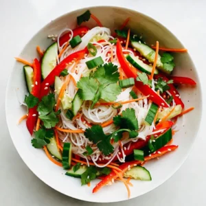 - 8 oz rice noodles - 1 cup shredded carrots - 1 red bell pepper, thinly sliced - 1 cucumber, julienned - 1/2 cup green onions, chopped - 1/4 cup fresh cilantro, chopped - 1/4 cup sesame seeds For a fresh and crunchy salad, I love using rice noodles. They are easy to cook and soak up the flavors well. The bright colors from the fresh vegetables make this dish pop. I often use shredded carrots, red bell peppers, cucumbers, green onions, and cilantro. These veggies not only add crunch but also give a lovely taste. The sesame seeds on top add a nice touch and a nutty flavor. They also give the salad a beautiful finish. Mixing these ingredients creates a vibrant bowl of goodness that you can enjoy anytime. - 1/4 cup sesame oil - 2 tablespoons soy sauce (or tamari for a gluten-free option) - 1 tablespoon fresh ginger, finely grated - 1 tablespoon honey or agave syrup - 1 tablespoon rice vinegar - 1 teaspoon chili flakes (optional) The dressing is where the magic happens. I use sesame oil for a rich flavor base. Soy sauce or tamari gives a salty kick, while fresh ginger adds a zing. Sweeteners like honey or agave syrup balance the flavors perfectly. Rice vinegar adds a tang that brightens up the dish. If you like some heat, adding chili flakes is a great idea. This dressing brings everything together and makes the salad sing with flavor. {{ingredient_image_2}} To cook rice noodles properly, boil water in a large pot. Add 8 oz of rice noodles and cook them until they are tender. This usually takes about 4 to 6 minutes. Drain the noodles well in a colander. Rinse them under cold water for a minute. This stops the cooking and cools them down. Chop your fresh vegetables. For this salad, you need shredded carrots, a thinly sliced red bell pepper, and a julienned cucumber. You will also chop green onions and fresh cilantro. Place all the chopped veggies in a large mixing bowl. Toss them gently so they mix evenly. In a separate bowl, whisk together the dressing. Combine 1/4 cup sesame oil, 2 tablespoons soy sauce (or tamari for a gluten-free option), and 1 tablespoon of finely grated fresh ginger. Add 1 tablespoon honey or agave syrup, 1 tablespoon rice vinegar, and optional chili flakes. Make sure to whisk until the dressing is well mixed. Now it’s time to bring everything together. Add the cooled rice noodles to the bowl with the mixed vegetables. Drizzle the dressing over the noodles and veggies. Toss all the ingredients together gently. You want to coat everything evenly with the dressing. Finally, sprinkle 1/4 cup of sesame seeds on top and do a light toss to mix them in. Let your salad rest for about 10 minutes. This resting time is key. It allows the flavors to blend together and enhance the taste. Enjoy your fresh and flavorful sesame ginger noodle salad! Resting time is key for flavor. After mixing your salad, let it sit for about 10 minutes. This allows the noodles and veggies to soak in the dressing. You can add extra flavors too. Try toasted sesame oil or a splash of lime juice. You may also include crushed peanuts for a crunchy twist. For serving, use large, colorful bowls or individual plates. This makes the dish look inviting. Consider garnishing with fresh cilantro sprigs and a sprinkle of sesame seeds. These simple touches create visual appeal and enhance the dish's flavor. You want your salad to look as good as it tastes! Pro Tips Cool the Noodles Quickly: Rinsing the cooked rice noodles under cold water not only stops the cooking process but also keeps them from becoming mushy. This step is crucial for achieving the perfect texture. Customize Your Veggies: Feel free to add or substitute any vegetables you love or have on hand. Snap peas, bok choy, or shredded cabbage can be great additions for extra crunch and flavor. Make It Ahead: This salad can be made a few hours in advance. Just keep the sesame seeds separate until serving to maintain their crunchiness. Adjust the Spice: If you prefer a milder salad, reduce or omit the chili flakes in the dressing. Alternatively, you can add fresh sliced chili for a fresh heat. {{image_4}} For a gluten-free twist, swap soy sauce with tamari. Tamari gives you the same rich flavor without gluten. This small change ensures everyone can enjoy this tasty salad. You can make this salad even better. Try adding more vegetables like snap peas, radishes, or bok choy. They bring crunch and color. For protein, consider chicken, tofu, or shrimp. Cooked chicken adds heartiness. Tofu is great for a plant-based option. Shrimp gives a nice seafood touch. If you want a vegan dish, use agave syrup instead of honey. This keeps your salad sweet and cruelty-free. To make it low-carb, skip the noodles and use spiralized zucchini instead. This keeps the dish light, fresh, and still delicious. Enjoy experimenting with these options! After you enjoy your delicious sesame ginger noodle salad, store any leftovers in the fridge. Use an airtight container to keep it fresh. It is best to eat it within three days. The veggies will stay crisp and the flavors will remain vibrant. Can you freeze noodle salad? I recommend against it. Freezing changes the texture of the noodles and vegetables. If you freeze it, the salad may become mushy when thawed. Stick to refrigeration for the best taste and quality. If you have leftovers and want to reheat them, do it gently. Use a pan on low heat to warm the noodles. Add a splash of sesame oil or water to keep them moist. Avoid microwaving, as it can make the noodles tough. You want to maintain that fresh texture! You can use rice noodles for this salad. They cook quickly and are light. If you want, you can also try whole wheat noodles or soba noodles. Both options add a nice flavor and texture. This salad stays fresh for about three days in the fridge. Keep it in an airtight container. After that, the veggies may start to get soggy. Yes, you can make the salad ahead of time. I recommend mixing the dressing and noodles separately. Combine them just before serving to keep everything crunchy and fresh. This salad pairs well with grilled chicken or shrimp. You can also serve it with spring rolls or a side of edamame. These options add protein and balance to your meal. In this post, I covered how to make a delicious Sesame Ginger Noodle Salad. We explored key ingredients like rice noodles, fresh veggies, and sesame seeds. I shared step-by-step instructions for cooking and mixing, plus tips for flavor and presentation. You can tweak the recipe with variations to fit your diet. Remember to store it well for the best taste later. This salad is fresh, tasty, and easy to adapt, making it a great dish for any meal. Enjoy creating your own version!