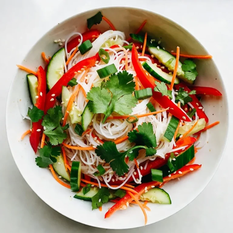 - 8 oz rice noodles - 1 cup shredded carrots - 1 red bell pepper, thinly sliced - 1 cucumber, julienned - 1/2 cup green onions, chopped - 1/4 cup fresh cilantro, chopped - 1/4 cup sesame seeds For a fresh and crunchy salad, I love using rice noodles. They are easy to cook and soak up the flavors well. The bright colors from the fresh vegetables make this dish pop. I often use shredded carrots, red bell peppers, cucumbers, green onions, and cilantro. These veggies not only add crunch but also give a lovely taste. The sesame seeds on top add a nice touch and a nutty flavor. They also give the salad a beautiful finish. Mixing these ingredients creates a vibrant bowl of goodness that you can enjoy anytime. - 1/4 cup sesame oil - 2 tablespoons soy sauce (or tamari for a gluten-free option) - 1 tablespoon fresh ginger, finely grated - 1 tablespoon honey or agave syrup - 1 tablespoon rice vinegar - 1 teaspoon chili flakes (optional) The dressing is where the magic happens. I use sesame oil for a rich flavor base. Soy sauce or tamari gives a salty kick, while fresh ginger adds a zing. Sweeteners like honey or agave syrup balance the flavors perfectly. Rice vinegar adds a tang that brightens up the dish. If you like some heat, adding chili flakes is a great idea. This dressing brings everything together and makes the salad sing with flavor. {{ingredient_image_2}} To cook rice noodles properly, boil water in a large pot. Add 8 oz of rice noodles and cook them until they are tender. This usually takes about 4 to 6 minutes. Drain the noodles well in a colander. Rinse them under cold water for a minute. This stops the cooking and cools them down. Chop your fresh vegetables. For this salad, you need shredded carrots, a thinly sliced red bell pepper, and a julienned cucumber. You will also chop green onions and fresh cilantro. Place all the chopped veggies in a large mixing bowl. Toss them gently so they mix evenly. In a separate bowl, whisk together the dressing. Combine 1/4 cup sesame oil, 2 tablespoons soy sauce (or tamari for a gluten-free option), and 1 tablespoon of finely grated fresh ginger. Add 1 tablespoon honey or agave syrup, 1 tablespoon rice vinegar, and optional chili flakes. Make sure to whisk until the dressing is well mixed. Now it’s time to bring everything together. Add the cooled rice noodles to the bowl with the mixed vegetables. Drizzle the dressing over the noodles and veggies. Toss all the ingredients together gently. You want to coat everything evenly with the dressing. Finally, sprinkle 1/4 cup of sesame seeds on top and do a light toss to mix them in. Let your salad rest for about 10 minutes. This resting time is key. It allows the flavors to blend together and enhance the taste. Enjoy your fresh and flavorful sesame ginger noodle salad! Resting time is key for flavor. After mixing your salad, let it sit for about 10 minutes. This allows the noodles and veggies to soak in the dressing. You can add extra flavors too. Try toasted sesame oil or a splash of lime juice. You may also include crushed peanuts for a crunchy twist. For serving, use large, colorful bowls or individual plates. This makes the dish look inviting. Consider garnishing with fresh cilantro sprigs and a sprinkle of sesame seeds. These simple touches create visual appeal and enhance the dish's flavor. You want your salad to look as good as it tastes! Pro Tips Cool the Noodles Quickly: Rinsing the cooked rice noodles under cold water not only stops the cooking process but also keeps them from becoming mushy. This step is crucial for achieving the perfect texture. Customize Your Veggies: Feel free to add or substitute any vegetables you love or have on hand. Snap peas, bok choy, or shredded cabbage can be great additions for extra crunch and flavor. Make It Ahead: This salad can be made a few hours in advance. Just keep the sesame seeds separate until serving to maintain their crunchiness. Adjust the Spice: If you prefer a milder salad, reduce or omit the chili flakes in the dressing. Alternatively, you can add fresh sliced chili for a fresh heat. {{image_4}} For a gluten-free twist, swap soy sauce with tamari. Tamari gives you the same rich flavor without gluten. This small change ensures everyone can enjoy this tasty salad. You can make this salad even better. Try adding more vegetables like snap peas, radishes, or bok choy. They bring crunch and color. For protein, consider chicken, tofu, or shrimp. Cooked chicken adds heartiness. Tofu is great for a plant-based option. Shrimp gives a nice seafood touch. If you want a vegan dish, use agave syrup instead of honey. This keeps your salad sweet and cruelty-free. To make it low-carb, skip the noodles and use spiralized zucchini instead. This keeps the dish light, fresh, and still delicious. Enjoy experimenting with these options! After you enjoy your delicious sesame ginger noodle salad, store any leftovers in the fridge. Use an airtight container to keep it fresh. It is best to eat it within three days. The veggies will stay crisp and the flavors will remain vibrant. Can you freeze noodle salad? I recommend against it. Freezing changes the texture of the noodles and vegetables. If you freeze it, the salad may become mushy when thawed. Stick to refrigeration for the best taste and quality. If you have leftovers and want to reheat them, do it gently. Use a pan on low heat to warm the noodles. Add a splash of sesame oil or water to keep them moist. Avoid microwaving, as it can make the noodles tough. You want to maintain that fresh texture! You can use rice noodles for this salad. They cook quickly and are light. If you want, you can also try whole wheat noodles or soba noodles. Both options add a nice flavor and texture. This salad stays fresh for about three days in the fridge. Keep it in an airtight container. After that, the veggies may start to get soggy. Yes, you can make the salad ahead of time. I recommend mixing the dressing and noodles separately. Combine them just before serving to keep everything crunchy and fresh. This salad pairs well with grilled chicken or shrimp. You can also serve it with spring rolls or a side of edamame. These options add protein and balance to your meal. In this post, I covered how to make a delicious Sesame Ginger Noodle Salad. We explored key ingredients like rice noodles, fresh veggies, and sesame seeds. I shared step-by-step instructions for cooking and mixing, plus tips for flavor and presentation. You can tweak the recipe with variations to fit your diet. Remember to store it well for the best taste later. This salad is fresh, tasty, and easy to adapt, making it a great dish for any meal. Enjoy creating your own version!