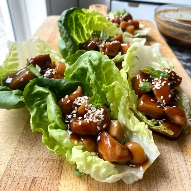 To make these tasty Teriyaki Chicken Lettuce Cups, gather these main items: - 1 lb (450g) boneless, skinless chicken thighs, cut into bite-sized pieces - 1/4 cup low-sodium teriyaki sauce - 1 tablespoon sesame oil - 1 tablespoon fresh ginger, finely minced - 2 garlic cloves, finely minced - 1 cup water chestnuts, finely diced - 1/2 cup green onions, thinly sliced - 1 head of butter lettuce or iceberg lettuce, leaves separated for cups These ingredients create a balanced mix of flavors and textures. The teriyaki sauce is key to making this dish shine. It adds sweetness and depth. Use low-sodium sauce for a healthier option. The sesame oil brings a nutty taste, while ginger and garlic add warmth. I recommend marinating the chicken for at least 15 minutes. This step helps the chicken absorb the flavors. For a little kick, consider adding Sriracha or your favorite hot sauce. This adds heat and contrast. You can also try garnishing with toasted sesame seeds and extra green onions for a pop of color. These small touches elevate your dish. {{ingredient_image_2}} Start by cutting the chicken thighs into small pieces. Place the chicken in a bowl. Pour the low-sodium teriyaki sauce over the chicken. Make sure each piece is covered well. Let it marinate for at least 15 minutes. This step helps the chicken soak up the flavor. Next, heat a large skillet on medium heat. Add the sesame oil and let it warm up. Once hot, add the minced ginger and garlic. Sauté them for about one minute. You want to smell the aroma, but don’t burn the garlic. Now, add the marinated chicken to the skillet. Cook the chicken for 6-7 minutes. Stir it occasionally to cook evenly. The chicken should turn a nice brown color and be no longer pink. Then, add the diced water chestnuts and sliced green onions. Cook for another 2-3 minutes. This heats everything through and mixes the flavors well. Once the chicken is ready, remove the skillet from heat. Taste the mixture and add salt and black pepper if needed. Sprinkle the toasted sesame seeds on top. Now, take your lettuce leaves and gently separate them. These will be your cups. Spoon the chicken mixture into each leaf. If you like it spicy, drizzle some Sriracha on top. Serve these colorful cups on a platter for a fun meal! To make your chicken tender, start with boneless, skinless thighs. They stay juicy when cooked. Marinate the chicken for at least 15 minutes in teriyaki sauce. This adds flavor and helps with tenderness. When cooking, heat the skillet first before adding chicken. This helps sear the meat and keeps it moist. To enhance the teriyaki taste, use low-sodium teriyaki sauce. This allows you to control the saltiness. Fresh ginger and garlic bring out the best flavors. Sauté them briefly before adding the chicken. Don't skip the sesame oil; it adds a rich, nutty aroma. Taste the mixture before serving. Adjust salt and pepper as needed for balance. For a beautiful presentation, use bright lettuce leaves. Butter or iceberg lettuce works best. Spoon the chicken mixture into the cups generously. Arrange them on a colorful platter to impress guests. Sprinkle extra sesame seeds and green onions on top. If you like spice, drizzle some Sriracha on each cup. This adds a fun kick and a pop of color. Pro Tips Marinate for Maximum Flavor: Allow the chicken to marinate for at least 30 minutes, or even overnight, to enhance the teriyaki flavor and tenderness of the meat. Use Fresh Ingredients: Fresh ginger and garlic will provide a more vibrant flavor compared to dried versions. Always opt for fresh when possible! Crunch Factor: For extra texture, consider adding finely chopped bell peppers or carrots to the chicken mixture, giving your lettuce cups a delightful crunch. Presentation Matters: Serve the lettuce cups on a colorful platter and garnish with extra sesame seeds and green onions to make the dish visually appealing. {{image_4}} You can swap chicken for other proteins. Try ground turkey or beef for a hearty twist. Tofu works well for a plant-based option. You can also use shrimp for a seafood flair. Just adjust cooking times as needed. Each protein brings its unique taste to the dish. To make this dish vegan, replace chicken with firm tofu or tempeh. Marinate the tofu in teriyaki sauce for extra flavor. You can also use jackfruit for a meaty texture. For added crunch, include chopped veggies like bell peppers or carrots. These swaps keep the dish tasty and satisfying. While teriyaki sauce shines, you can try other sauces too. Sweet chili sauce adds a nice kick. Hoisin sauce gives a rich, sweet flavor. For a tangy twist, use ponzu sauce. Serve extra sauce on the side for dipping. This adds a fun element to your meal! To store your leftover teriyaki chicken, let it cool first. Place it in an airtight container. Keep it in the fridge for up to three days. This helps maintain its flavor and texture. When you're ready to eat the leftovers, reheat gently. Use a skillet over medium heat. Add a splash of water or broth to keep it moist. Stir until it’s warm throughout. This keeps the chicken tender and tasty. If you want to freeze the chicken, use a freezer-safe bag. Remove all air before sealing to prevent freezer burn. It can last for up to three months in the freezer. Thaw it overnight in the fridge before reheating. Enjoy your meal prep without losing flavor! You can prepare the chicken mixture in advance. Cook the chicken, water chestnuts, and green onions as directed. Let it cool, then store it in the fridge. When you're ready to serve, just reheat the mixture. Assemble the cups just before eating for the best texture. Yes, you can use various types of lettuce. Butter lettuce is great for its softness. Iceberg offers a nice crunch. Romaine is also a good option. Choose what you like best! Lettuce wraps are low in calories and carbs. They add fiber to your meal. Lettuce is also hydrating. Plus, they let you enjoy the flavors of the filling without heavy carbs. The cups have a mild sweetness from the teriyaki sauce. If you like heat, you can add Sriracha. This lets you control the spice level to fit your taste. Yes, you can use soy sauce mixed with honey or maple syrup. This gives a similar sweet and salty flavor. You can also try hoisin sauce for a different twist. Experiment to find what you love! Teriyaki chicken lettuce cups make a delicious and easy meal. We covered the key ingredients, marinades, and tasty options for serving. You learned about cooking techniques and tips to keep the chicken tender and flavorful. Variations allow you to switch proteins or go plant-based, pleasing everyone. Proper storage and reheating keep your leftovers fresh. Remember, it’s okay to experiment with flavors and ingredients. With these steps, you can enjoy a quick, tasty dish anytime.