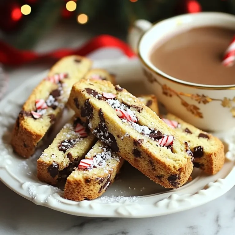 - 2 cups all-purpose flour - 1 teaspoon baking powder - 1/2 teaspoon salt - 1/2 cup unsalted butter, softened - 3/4 cup granulated sugar - 2 large eggs - 1 teaspoon vanilla extract - 1 teaspoon peppermint extract - 1/2 cup semi-sweet chocolate chips - 1/4 cup crushed peppermint candies To make peppermint chocolate chip biscotti, you need simple ingredients. Start with all-purpose flour, baking powder, and salt. These create a solid base for your treats. Next, use unsalted butter for a rich taste, along with granulated sugar for sweetness. Eggs add moisture and help the dough hold together. Vanilla and peppermint extracts give the biscotti their unique flavors. The chocolate chips bring in a sweet touch, while crushed peppermint candies add a fun crunch. Gather all these items before you start. Having everything ready makes the cooking process smooth and fun. Each ingredient plays a role in creating that perfect holiday treat. {{ingredient_image_2}} 1. Preheat the oven: Start by preheating your oven to 350°F (175°C). This step is key for even baking. 2. Mix dry ingredients: In a medium bowl, whisk together 2 cups of flour, 1 teaspoon of baking powder, and 1/2 teaspoon of salt. This mixture gives structure to the biscotti. 3. Creaming butter and sugar: In a large bowl, cream 1/2 cup of softened butter and 3/4 cup of granulated sugar. Use an electric mixer for about 3-4 minutes until the mix is fluffy and light. 1. Adding eggs and extracts: Next, add 2 large eggs, one at a time. Beat well after each. Mix in 1 teaspoon of vanilla extract and 1 teaspoon of peppermint extract until combined. This adds flavor to your dough. 2. Incorporating the flour mixture: Gradually add your dry flour mix to the wet ingredients. Mix slowly until just combined. Be careful not to over-mix, as this keeps the biscotti crunchy. 3. Folding in chocolate chips and candies: Carefully fold in 1/2 cup of semi-sweet chocolate chips and 1/4 cup of crushed peppermint candies. Ensure they are evenly mixed into your dough. 1. Shaping and flattening the dough: Shape the dough into a log about 12 inches long and 2-3 inches wide. Place the log on a lined baking sheet. Gently flatten it with your hands to create a smooth surface. 2. Initial baking duration and temperature: Bake your dough in the preheated oven for 25-30 minutes. Look for a firm touch and a light golden color to know it’s ready. 3. Slicing and second baking: After baking, cool the log for about 10 minutes, then lower the oven to 325°F (160°C). Slice the log diagonally into 1-inch thick pieces. Lay the slices cut side down on the baking sheet. Return them to the oven and bake for another 15-20 minutes, flipping halfway through. This step makes the biscotti crisp on both sides. To make the best biscotti, avoid over-mixing your dough. When you add the flour, mix just until combined. This keeps your biscotti crunchy. Over-mixing makes them tough. After baking, let your biscotti cool fully before slicing. This cooling time helps the biscotti set. It also gives you a nice, clean cut when you slice them. Arrange your biscotti on a lovely platter. You can add a light dusting of powdered sugar for a nice touch. For dipping, serve them with hot cocoa or fresh coffee. The warm drinks balance the cool mint flavor. This pairing makes for a delightful treat. Feel free to experiment with other flavors. Almond or hazelnut extracts can add a new twist. You can also try using white chocolate or dark chocolate. Mixing different types of chocolate gives the biscotti a fun surprise. Get creative and have fun with your flavors! Pro Tips Chill the Dough: For easier handling, refrigerate the dough for about 30 minutes before shaping it into a log. This helps firm it up and makes it easier to slice once baked. Use Fresh Ingredients: Ensure your peppermint extract and crushed candies are fresh for the best flavor. Stale ingredients can dull the vibrant taste of your biscotti. Customize Your Mix-ins: Feel free to swap the semi-sweet chocolate chips and crushed peppermint candies with other flavors, such as white chocolate or nuts, to create your own unique biscotti. Store Properly: Keep your biscotti in an airtight container at room temperature to maintain their crispness. They can last for up to two weeks, making them perfect for gifting! {{image_4}} You can switch up the flavor of your biscotti easily. Use almond or hazelnut extracts instead of vanilla or peppermint. This change adds a warm, nutty taste. You can also play with the crushed candies. Try using crushed toffee or chocolate mints for a new twist. Each option gives your biscotti a unique flavor. If you need gluten-free biscotti, use a gluten-free flour blend. Many blends work well in this recipe. Just make sure to check the mix for the right texture. For vegan biscotti, substitute the eggs with flax eggs. Mix one tablespoon of ground flaxseed with three tablespoons of water. Let it sit for five minutes to thicken. This will help bind your dough. Biscotti can fit any season or holiday. During the fall, add pumpkin spice or cinnamon for a cozy touch. In winter, consider using holiday-specific ingredients like ginger or nutmeg. You can also decorate your biscotti for events. Drizzle melted chocolate on top and sprinkle festive edible glitter. This makes them look even more special and fun to share! To keep your peppermint chocolate chip biscotti fresh, use airtight containers. These containers help maintain the right crunch and flavor. Avoid traditional storage like plastic bags, as they can trap moisture. Biscotti stored properly can last for about two weeks at room temperature. If you want to keep them longer, consider freezing. Freezing biscotti is easy. Start by letting them cool completely. Once cool, place them in a single layer in a freezer bag. Make sure to remove as much air as possible before sealing. To thaw, simply leave them at room temperature for about 30 minutes. If you want to warm them, pop them in the oven at 300°F (150°C) for 5-10 minutes. If you have leftover ingredients, don’t waste them! Use extra chocolate chips or crushed peppermint in other recipes. For stale biscotti, you can repurpose them. Crumble the biscotti and use them as a topping for ice cream or mix them into yogurt. This way, you can enjoy every last bite while minimizing waste. Biscotti can last for up to two weeks at room temperature. Store them in an airtight container to keep them fresh. If you want them to last longer, you can refrigerate them. In the fridge, they can last about a month. Just make sure to seal them well to avoid moisture. Yes, you can make biscotti without eggs! You can use applesauce or mashed bananas as a substitute. Use 1/4 cup of either for each egg. This will help keep the texture right. You can also try using a mixture of ground flaxseed and water. This also works well for binding the dough. Biscotti are great with coffee or hot cocoa. Their crunchy texture makes them perfect for dipping. You can also serve them with tea for a lighter option. Try adding a sprinkle of powdered sugar for a nice touch. This little detail makes them look fancy and inviting. Absolutely! Nuts add a great crunch. You can use almonds, walnuts, or hazelnuts. Chop them up and fold them into the dough with the chocolate chips and candies. This will give your biscotti added flavor and texture. Just make sure to adjust the amount of chocolate chips to keep the balance right. Baking biscotti is a fun and simple process. This guide shared key ingredients and step-by-step instructions to create tasty treats. I included tips for texture, presentation, and flavor enhancements to help you make the best biscotti possible. You can even explore variations for dietary needs and seasonal occasions. Remember to store them well to keep them fresh. Enjoy making these delicious snacks and share them with family and friends. Happy baking!