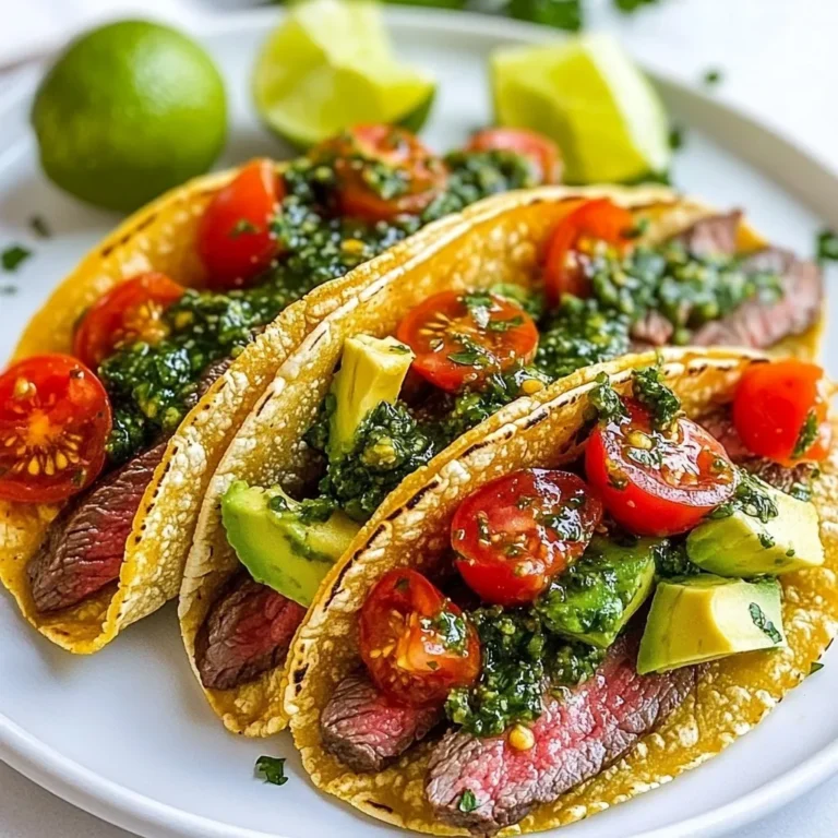 - 1 lb flank steak - Salt and black pepper, to taste - 1 tablespoon olive oil - 8 small corn tortillas - 1 cup fresh cilantro, finely chopped - 1/2 cup fresh parsley, finely chopped - 3 cloves garlic, minced - 1 small red chili, finely chopped (or 1/4 teaspoon red pepper flakes for heat) - 1/4 cup red wine vinegar (or apple cider vinegar) - 1/2 teaspoon dried oregano - 1/4 teaspoon ground cumin - 1 ripe avocado, sliced - 1 cup diced tomatoes - Lime wedges, for serving Chimichurri steak tacos need fresh ingredients for the best flavors. First, we have the flank steak. It’s juicy and tender when cooked right. Season this with salt and black pepper. The oil helps to sear it nicely. Next, we build the chimichurri sauce. For this, we use fresh cilantro and parsley. These herbs give a bright taste. Minced garlic adds depth. The red chili or red pepper flakes give a nice kick. Red wine vinegar brings acidity to balance the sauce. Dried oregano and ground cumin add warm notes. Now, let’s talk about our taco components. We use small corn tortillas, which are soft and tasty. Avocado slices make the tacos creamy. Diced tomatoes add freshness. Finally, lime wedges are a must! Squeezing lime over the tacos makes every bite better. These ingredients come together to create a fresh and flavorful treat. Each element plays a part in making your tacos delicious! {{ingredient_image_2}} To make chimichurri sauce, I start by mixing fresh herbs. I use one cup of chopped cilantro and half a cup of chopped parsley. These herbs bring bright flavors to the sauce. Next, I add three cloves of minced garlic and one small red chili, finely chopped. If you prefer less heat, use red pepper flakes instead. Then, I stir in a quarter cup of red wine vinegar and half a teaspoon of dried oregano. I also add a quarter teaspoon of ground cumin for warmth. I mix everything well until combined. Let the sauce sit for at least 15-20 minutes. This helps the flavors blend together for a delicious kick. While the chimichurri sauce sits, I focus on the flank steak. I season it with salt and black pepper on both sides. This simple step ensures great flavor in every bite. I heat a tablespoon of olive oil in a large skillet over medium-high heat. Once the oil is hot, I add the seasoned steak. I cook it for about 4-5 minutes on each side for a perfect medium-rare. For other doneness levels, adjust the time slightly. After cooking, I remove the steak and let it rest for five minutes. Resting allows the juices to stay inside, making the steak tender and juicy. Next, I warm the corn tortillas. I place them in the same skillet for about 30 seconds on each side. This warms them up and makes them soft and tasty. Now comes the fun part—assembling the tacos! On each warm tortilla, I add a few slices of the rested steak. I top it off with diced tomatoes and avocado slices. Finally, I drizzle the chimichurri sauce on top. This adds a vibrant, flavorful touch. For serving, I like to arrange the tacos on a colorful platter. Adding lime wedges for squeezing boosts the flavors. This presentation makes them look as good as they taste! To make the best chimichurri sauce, start by adjusting the spice. If you like it hot, add more red chili or red pepper flakes. If you prefer mild flavors, use less. Taste as you mix to find your perfect balance. Store leftover chimichurri in a jar. It keeps well in the fridge for up to a week. You can also freeze it for longer storage. Just make sure to leave space in the jar for expansion. When cooking flank steak, you have two main options: grilling or pan-searing. Grilling adds a smoky flavor, while pan-searing gives a nice crust. Use high heat for both methods to lock in juices. To keep your steak tender, always slice against the grain. This technique breaks down muscle fibers. As a result, each bite is softer and more enjoyable. Toppings can take your tacos from good to great. Consider adding fresh jalapeños for heat, diced red onions for crunch, or crumbled cheese for creaminess. Each topping adds a unique flavor. If you plan a party, make the tacos ahead of time. You can prepare the chimichurri and steak earlier in the day. Just warm the tortillas when you're ready to serve. This saves time and keeps your guests happy! Pro Tips Resting the Steak: Allow the cooked steak to rest for at least 5 minutes before slicing. This helps retain the juices, ensuring each bite is tender and flavorful. Chimichurri Variations: Feel free to customize your chimichurri by adding other herbs like mint or basil, or even a splash of citrus juice for added brightness! Heat Control: Adjust the cooking time of the steak based on your desired level of doneness. Use a meat thermometer for precision: 130°F for medium-rare. Serving Suggestions: Pair your tacos with a side of pickled onions or jalapeños for an extra kick, and don’t forget to offer a variety of hot sauces! {{image_4}} Chimichurri steak tacos are tasty, but you can change the protein. Chicken is a great option. Simply grill or sauté it with the same seasonings. Shrimp works well too. Just cook the shrimp until they turn pink. If you want a meatless choice, try grilled portobello mushrooms. They have a rich flavor that pairs nicely with chimichurri. You can also use firm tofu. Marinate it in chimichurri, then grill for a smoky taste. Want to give your chimichurri a twist? You can blend in fresh mint or basil. These herbs add a unique flavor. You can also try adding a bit of honey for a sweet touch. If you want a kick, mix in some chipotle sauce. It adds heat and depth. For a creamy texture, sprinkle in feta cheese. This gives a nice contrast to the freshness of the sauce. Tacos are fun, but you can serve them differently. Try taco bowls instead. Use a bowl and layer rice, beans, and all the taco toppings. This creates a beautiful dish. You can also think about meal prep. Make the steak and chimichurri in advance. Store them separately to keep flavors fresh. This makes it easy to assemble tacos during a busy week. To keep your steak and sauce fresh, store them separately. Use airtight containers. This helps maintain flavor and texture. Place the steak in the fridge. It will stay good for about 3 to 4 days. For the chimichurri sauce, it can last up to a week. Store it in the fridge too. You can also freeze the sauce for up to three months. Just remember to leave some space in the container. The sauce may expand when frozen. To reheat the steak, use a skillet. Heat it on low. Add a little olive oil or broth. This keeps the steak moist. Cook for about 2 to 3 minutes on each side. Check for warmth. You want to avoid overcooking it. For the tortillas, you can revive them easily. Heat a skillet on medium. Warm each tortilla for about 30 seconds on each side. This makes them soft and tasty again. Now, you can enjoy those tacos just like new! Chimichurri sauce is a vibrant green sauce from Argentina. It combines fresh herbs, garlic, vinegar, and spices. Traditionally, people use it as a marinade or a topping for grilled meats. Its bold flavors enhance the taste of any dish, making it a favorite at barbecues. Yes, you can make chimichurri ahead of time. Store it in an airtight container in the fridge. It stays fresh for about a week. Making it early allows the flavors to blend and deepen. Just remember to stir it before using, as the ingredients may settle. Chimichurri steak tacos pair well with various sides. Consider serving: - Mexican rice - Black beans - Grilled corn For drinks, try: - A light beer - Fresh lemonade - Sparkling water with lime These options balance the rich flavors of the tacos and enhance your meal experience. In summary, we explored how to make delicious Chimichurri Steak Tacos. We discussed key ingredients, step-by-step cooking instructions, and helpful tips. You learned how to perfect the chimichurri sauce and cook steak like a pro. Plus, we covered tasty variations and smart storage tips. Enjoying these tacos can be easy and fun for anyone. Whether you use steak, chicken, or a veggie option, these tacos offer great flavor. Dive in and create your own unique taco experience!