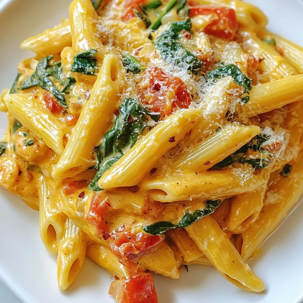 - 8 oz (225g) pasta of your choice (penne or fettuccine recommended) - 2 tablespoons olive oil - 3 cloves garlic, finely minced - 1 can (14 oz) diced tomatoes (preferably no salt added) - 1 cup heavy cream or coconut cream (for a dairy-free alternative) - 4 cups fresh spinach, roughly chopped - 1 teaspoon dried basil - 1 teaspoon dried oregano - Salt and freshly cracked black pepper to taste - 1/2 cup grated Parmesan cheese (or nutritional yeast for a vegan substitute) - Crushed red pepper flakes (optional, for an added kick) I love using a good pasta for this dish. Penne and fettuccine work great. They hold sauce well. Olive oil adds richness, while garlic gives a nice aroma. Diced tomatoes bring sweet and tangy flavors. I choose canned tomatoes with no salt added for better control over seasoning. Cream is the star here. It makes the sauce rich and creamy. I sometimes swap it for coconut cream for a dairy-free twist. Spinach adds color and nutrition. I use fresh spinach for the best taste. Herbs like basil and oregano boost flavor. Salt and pepper are essential for seasoning. Finally, cheese adds a savory touch. Parmesan is my go-to, but nutritional yeast is a great vegan option. With these ingredients, you’ll create a dish that’s creamy, tasty, and full of flavor. {{ingredient_image_2}} Start by bringing a large pot of salted water to a vigorous boil. This step is key for good flavor. Add 8 ounces of your chosen pasta, like penne or fettuccine. Cook the pasta according to the package instructions, usually around 8-10 minutes for al dente. This means the pasta should be firm but not hard. Once the pasta is done, reserve 1/2 cup of the pasta water. This starchy water helps thicken the sauce later. Drain the pasta and set it aside. In a large skillet, heat 2 tablespoons of olive oil over medium heat. When it’s hot, add 3 minced garlic cloves. Sauté for about 1 minute until fragrant but watch closely to avoid burning. Next, add a 14-ounce can of diced tomatoes, including their juices. Cook for about 3 to 4 minutes, allowing the mixture to simmer. This step enhances the flavors and thickens the sauce slightly. After that, gradually pour in 1 cup of heavy cream. Stir well to combine. Let the sauce simmer gently for a few minutes until it thickens slightly. Now it's time to bring in the fresh spinach! Add 4 cups of roughly chopped spinach to the sauce. Mix in 1 teaspoon each of dried basil and oregano. Season with salt and freshly cracked black pepper to taste. Stir continuously until the spinach wilts down, which takes about 2-3 minutes. Carefully mix the cooked pasta into the creamy sauce. If the sauce seems too thick, add some of the reserved pasta water until it reaches your desired creaminess. Finally, stir in 1/2 cup of grated Parmesan cheese until it melts completely. If you prefer a vegan option, use nutritional yeast instead. Taste and adjust the seasoning if needed. Serve the pasta hot, garnished with extra Parmesan or nutritional yeast. For a kick, sprinkle some crushed red pepper flakes on top. Enjoy your deliciously creamy tomato spinach pasta! To make your creamy tomato spinach pasta shine, focus on flavor. Start with spices. Dried basil and oregano add depth. They balance the bright tomatoes. A pinch of salt brings out all the flavors. If you want heat, add crushed red pepper flakes. This kick can make your dish pop! For the sauce's creaminess, watch the heat. Simmer the cream gently. Stir often to keep it smooth. If it gets too thick, add reserved pasta water. This helps you reach the right consistency. You want your sauce to cling to the pasta, not drown it. Presentation matters. Serve your pasta in shallow bowls. This makes it look fancy. Top with fresh spinach leaves for color. A drizzle of olive oil adds shine. Finish with cracked black pepper for a touch of spice. Pair your pasta with a light salad. A simple mix of greens and lemon works great. You can also serve crusty bread on the side. This combo makes for a complete meal. Enjoy each bite! Pro Tips Fresh Spinach Matters: Always use fresh spinach for the best flavor and texture. Frozen spinach can release excess water, making your sauce watery. Reserve Pasta Water: Don't forget to reserve some pasta water before draining! It helps to adjust the sauce consistency and adds starch for a creamy finish. Cheese Choices: For a more robust flavor, consider using a mix of cheeses. A combination of Parmesan and Pecorino Romano can elevate the dish. Spice It Up: If you enjoy a kick, add more crushed red pepper flakes or even a splash of hot sauce to the sauce for added heat and depth. {{image_4}} You can easily modify this pasta dish to fit different diets. For a dairy-free option, try using coconut cream instead of heavy cream. It adds a rich taste without the dairy. Coconut cream pairs well with tomatoes and spinach, and it keeps the sauce creamy. If you're looking for vegan cheese substitutes, nutritional yeast works great. It gives a cheesy flavor without any animal products. You can mix it into the sauce just like Parmesan cheese. This makes it a perfect choice for plant-based eaters. You can switch up the pasta shape or flavor to keep things fun. Penne or fettuccine are great, but you can use any pasta you love. Try whole wheat or gluten-free options if that fits your needs. Adding proteins like chicken or shrimp can make this dish heartier. Cook the protein separately and mix it in right before serving. This change can turn your pasta into a filling meal that pleases everyone at your table. To store leftover pasta, let it cool first. Place it in an airtight container. This keeps it fresh and tasty. You can keep it in the fridge for up to 3 days. When you want to reheat, use a pan on low heat. Add a splash of water or cream to help it heat evenly. Stir gently to avoid sticking. You can also use a microwave. Place pasta in a safe bowl and cover it. Heat in short bursts, stirring in between. If you want to save pasta for longer, freezing is a great option. Let the pasta cool completely. Then, place it in a freezer-safe container or bag. Remove as much air as possible before sealing. This helps prevent freezer burn. You can freeze it for up to 3 months. To thaw, take the pasta out of the freezer. Move it to the fridge overnight. For quick thawing, use the microwave on low power. After thawing, reheat it using the same methods as before. Add a little cream or water to help it along. Enjoy your creamy tomato spinach pasta any time! To make the sauce creamier, you can try a few simple tricks. - Use more heavy cream or coconut cream. - Add a splash of pasta water for extra smoothness. - Blend in some cream cheese for richness. - Stir in sour cream or Greek yogurt. These tips will give your sauce that velvety texture everyone loves. Yes, fresh tomatoes can work well here. - They add a bright flavor and freshness. - You can use ripe, juicy tomatoes for the best taste. - Fresh tomatoes may need a bit more cooking time. Canned tomatoes provide convenience and a consistent taste. Both options are great, so choose what you prefer! Pairing sides can elevate your meal. - A simple green salad with vinaigrette balances the creaminess. - Garlic bread complements the dish perfectly. - Roasted vegetables add color and nutrition. These sides enhance your dining experience and make the meal more satisfying. Enjoy! This blog post covered how to create a tasty creamy tomato spinach pasta dish. We discussed the main ingredients, step-by-step instructions, and helpful tips. I shared variations for different diets and ideas for storage. Remember to experiment with spices and proteins for your own touch. Enjoy your cooking and make this dish your favorite. A delicious meal awaits you!
