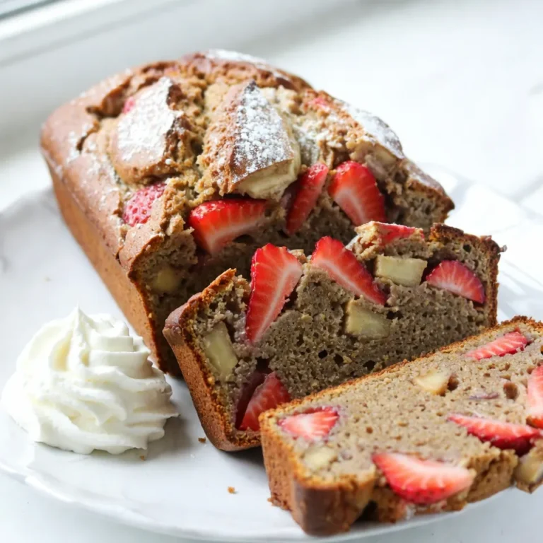 - 2 ripe bananas, well-mashed - 1 cup fresh strawberries, hulled and finely chopped - 1/3 cup coconut oil, melted - 1/2 cup packed brown sugar - 1/4 cup granulated sugar - 2 large eggs, at room temperature - 1 teaspoon vanilla extract - 1 teaspoon baking soda - 1/2 teaspoon baking powder - 1/4 teaspoon salt - 1 1/2 cups all-purpose flour - 1/2 teaspoon ground cinnamon (optional, for a warm flavor boost) When making Strawberry Banana Bread, you need ripe bananas. They should be soft and brown. This makes the bread sweet and moist. Fresh strawberries are also key. They add bright color and tasty bites in every slice. Coconut oil gives the bread a nice moistness. It has a light flavor that blends well. The sugars help to sweeten the bread. Brown sugar adds depth, while granulated sugar keeps it light. Two large eggs help bind the mixture. They also add richness. Vanilla extract gives a warm, sweet note to the bread. Baking ingredients are crucial. Baking soda and baking powder help the bread rise. Salt balances the sweetness. All-purpose flour forms the base of the batter. Ground cinnamon is optional. It adds warmth and pairs well with bananas. With these ingredients on hand, you can create a delicious treat that is both simple and irresistible! {{ingredient_image_2}} 1. Preheat your oven to 350°F (175°C). Grease a 9x5-inch loaf pan well. This step helps the bread release easily after baking. 2. In a large bowl, mash the ripe bananas until smooth. Add in the melted coconut oil. Mix them well together until it becomes a creamy blend. 3. Next, stir in the brown sugar and granulated sugar. Make sure there are no lumps. You want a nice, even mixture. 4. Crack the eggs into the bowl and add the vanilla extract. Mix carefully until everything is just combined. Avoid overmixing to keep the bread soft. This preparation process sets the stage for a moist, flavorful loaf. The rich taste of bananas and coconut oil will shine through. Trust me, the smell alone will make your kitchen feel like a warm hug! Whisking dry ingredients separately is key. This helps blend the baking soda, baking powder, salt, and flour evenly. Use a medium bowl for this. Add 1 teaspoon of baking soda, 1/2 teaspoon of baking powder, and 1/4 teaspoon of salt. If you want a warm flavor, add 1/2 teaspoon of ground cinnamon. Make sure to whisk well. This ensures each bite of your bread rises properly and tastes great. Once mixed, set this bowl aside. Next, you need to fold the dry ingredients into the wet mixture. Take your large bowl with the banana mixture. Slowly add the dry mix to the wet mix. Gently stir it all together. Be careful not to overmix! This keeps your bread soft and fluffy. Mix until just combined, then stop. The batter should be thick but smooth. You want to see a few flour streaks. This means your bread will have the right texture. Now, you are ready to add the strawberries! Pro Tips Use Overripe Bananas: The riper your bananas, the sweeter and more flavorful your bread will be. Look for bananas with brown spots for the best results. Chill Your Strawberries: After chopping, let your strawberries sit in the fridge for a bit. This will enhance their natural sweetness and help them retain their shape during baking. Check for Doneness: Baking times can vary based on your oven and pan material. Start checking for doneness a few minutes before the suggested time by inserting a toothpick into the center. Store Properly: To keep your banana bread fresh, store it in an airtight container at room temperature for up to 3 days, or freeze for longer storage. Just make sure to wrap it well! {{image_4}} Now it’s time to finish your Strawberry Banana Bread! After you fold the dry ingredients into the wet mixture, it’s time for the strawberries. Gently add the finely chopped strawberries into the batter. Fold them in carefully. You want to keep the strawberries whole for juicy bites in each slice. Once the strawberries are mixed in, grab your loaf pan. Pour the batter in slowly. Use a spatula to spread the batter evenly. Make sure the top is smooth. This helps the bread bake evenly. Put the loaf pan in your preheated oven. Bake for 60 to 65 minutes. It’s almost done! To check if it’s ready, insert a toothpick in the center. If it comes out clean, your bread is done. If there’s wet batter, let it bake a bit longer. Once baked, let it cool in the pan for 10 minutes before moving it to a wire rack. This helps keep the bread moist. Enjoy the delightful smell as it cools! Adding just a bit of ground cinnamon can boost the flavor. This spice gives a warm taste that pairs well with bananas and strawberries. You can add a half teaspoon when mixing dry ingredients. It makes your bread smell amazing while baking! You can also try mixing in nuts or chocolate chips. Walnuts or pecans add a nice crunch. If you prefer a sweeter treat, add chocolate chips. They melt and create tasty pockets of chocolate in your bread. Both options work great! Feel free to experiment with these add-ins. They can change the flavor and texture. Enjoy making your own version of this bread! When making strawberry banana bread, avoid overmixing your batter. Overmixing makes the bread tough. You want a soft and moist texture. Gently mix until you see no dry flour. This keeps the bread light and fluffy. To achieve the perfect texture, follow a few steps. First, mash your bananas well. The riper the bananas, the sweeter and moister your bread will be. Next, fold in the strawberries carefully. This helps to keep the fruit from breaking apart. Mix your dry ingredients in a separate bowl. This way, you ensure even distribution of baking soda and powder. When you combine wet and dry, do it slowly. This method helps to keep air in the batter, making it rise better. Keep an eye on your baking time. Every oven is different. Check your bread with a toothpick after 60 minutes. If it comes out clean, your bread is ready. If it has wet batter, give it a few more minutes. Remember, the key to great banana bread is patience. Enjoy the process and have fun mixing! You can make your strawberry banana bread even better with some fun add-ins. Here are two great choices: - Nuts: Adding walnuts or pecans gives your bread a nice crunch. The nuts add texture and a rich flavor. You can chop them coarsely and mix them in with the strawberries. I recommend using about 1/2 cup of nuts. - Chocolate chips: If you love sweet treats, try adding chocolate chips. They melt into the bread and create gooey bites. Use about 1/2 cup of semi-sweet or dark chocolate chips for a rich taste. Feel free to mix and match! You can use both nuts and chocolate chips for a delightful combo. These add-ins bring new flavors to your bread and keep it exciting! You can make your strawberry banana bread even more exciting. Adding spices can change the whole vibe. A pinch of nutmeg adds warmth. Ginger offers a zesty kick. Both spices enhance the fruit flavors beautifully. What if you want to switch up fruits? You can use other berries too! Blueberries give a burst of juiciness. Raspberries bring a tangy note. Mixing these fruits keeps your bread fresh and fun. Each slice will surprise you with new tastes. Experiment with your favorite spices and fruits. Embrace your creativity in the kitchen. Each twist adds personal flair to your baking. Enjoy discovering flavors that make you smile! To keep your strawberry banana bread fresh, store it at room temperature. Use a clean kitchen towel or plastic wrap to cover it. This helps keep the bread moist and tasty. You can also refrigerate the bread. Just wrap it tightly in plastic wrap or place it in an airtight container. This method keeps it fresh for a longer time. However, cold air can dry it out. So, only refrigerate if you plan to keep it for more than a few days. Here are some tips to keep your bread fresh longer: - Slice it only when needed: Keep the loaf whole until you are ready to serve. This helps keep it moist. - Store in a cool, dry place: Avoid sunny spots, as heat can dry out the bread. - Use a bread box: If you have one, it helps maintain the right humidity. By following these tips, you can enjoy your strawberry banana bread for days. It’ll taste just as good as when you first baked it! You can freeze your strawberry banana bread for later enjoyment. Freezing keeps it fresh and tasty. Here’s how to do it right. 1. Cool the bread: Let your bread cool completely on a wire rack. 2. Wrap it well: Use plastic wrap to cover the loaf tightly. 3. Use foil: For extra protection, wrap the loaf in aluminum foil. 4. Label it: Write the date on the foil for future reference. 5. Store it: Place the wrapped bread in the freezer. It can last up to three months. To enjoy your frozen strawberry banana bread, follow these simple steps: 1. Thaw in the fridge: Move the bread from the freezer to the fridge. Let it thaw overnight. 2. Reheat gently: If you want it warm, preheat your oven to 350°F (175°C). 3. Wrap it in foil: Cover the bread with foil to keep it moist. 4. Heat for 10-15 minutes: Warm it in the oven until it’s heated through. 5. Serve and enjoy: Slice and enjoy your delicious banana bread again! Can I use frozen strawberries? Yes, you can use frozen strawberries. Just thaw them first and chop them. This helps the berries mix well into the batter. Be aware that frozen strawberries may give off extra moisture. How ripe should the bananas be? Use very ripe bananas. They should have brown spots and feel soft. Ripe bananas add sweetness and flavor to the bread. The more ripe, the better the taste! Can I make this recipe gluten-free? Yes, you can. Substitute all-purpose flour with a gluten-free flour blend. Make sure it is a 1:1 blend for the best results. This way, you can enjoy the bread without gluten. Why is my bread dense? Dense bread often happens if you mix too much. Overmixing adds air, which can make the bread rise. Be gentle when folding your batter. Also, check your flour. If you use too much, the bread can become heavy. Make sure to measure your flour correctly by spooning it into the cup before leveling it off. What to do if the bread is too sweet? If your strawberry banana bread tastes too sweet, you can adjust the sugars next time. Try cutting down the brown sugar or granulated sugar by a few tablespoons. You can also balance the sweetness with a pinch of salt or a squeeze of lemon juice. This will help reduce the sweet flavor. How to tell if the bread is fully baked? To check if your bread is done, insert a toothpick into the center. If it comes out clean, your bread is ready. If the toothpick has wet batter, it needs more time. Remember to pay attention to the time as well. Baking usually takes 60-65 minutes at 350°F (175°C). Keep an eye on the color too. The top should be golden brown. This blog post covered how to create a delicious strawberry banana bread. We explored the ingredient list, provided step-by-step instructions, and offered useful tips for the best results. You can enhance the flavor or mix in different add-ins for a unique twist. Remember, storing your bread properly will keep it fresh longer. Following these methods will lead to a tasty treat that everyone can enjoy. Baking is fun, and with these guidelines, you can bake a great loaf with confidence. Happy baking!