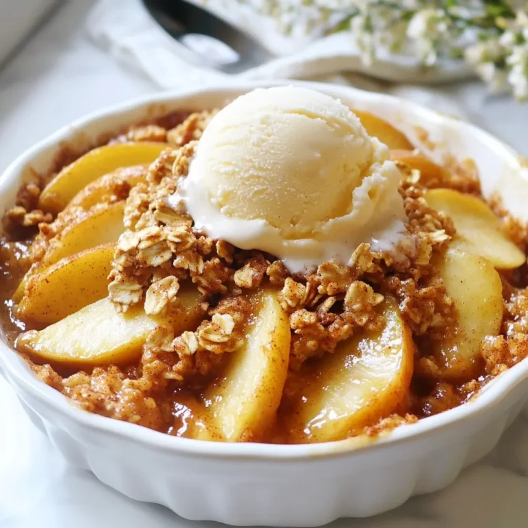 - 6 medium-sized apples (Granny Smith or Honeycrisp) - 1 tablespoon fresh lemon juice - 1 cup packed brown sugar - 1 tablespoon ground cinnamon - 1/2 teaspoon ground nutmeg - 1 cup rolled oats - 1/2 cup all-purpose flour - 1/2 cup unsalted butter (melted) - 1/4 teaspoon salt - 1/4 cup chopped walnuts (optional) - Vanilla ice cream (for serving) I love using Granny Smith or Honeycrisp apples for this recipe. They bring a nice tartness that balances the sweetness. You will need six medium-sized apples. Peel, core, and slice them before you start mixing. A splash of fresh lemon juice keeps them from browning and adds a bit of zing. Next, brown sugar is your friend here. It gives the filling a rich flavor. You’ll need one cup packed. Ground cinnamon and nutmeg add warmth. I suggest one tablespoon of cinnamon and half a teaspoon of nutmeg. For the topping, rolled oats are key. You want one cup of oats for that chewy texture. Mix them with half a cup of all-purpose flour. This helps bind the topping together. Melt half a cup of unsalted butter and stir it in with a pinch of salt. If you like some crunch, toss in a quarter cup of chopped walnuts. Finally, don't forget the vanilla ice cream for serving. It pairs perfectly with the warm crisp. Gather these ingredients, and you're ready to make a delightful dessert! {{ingredient_image_2}} - Preheat your oven to 350°F (175°C). This step is key for even cooking. - In a large bowl, combine sliced apples with 1 tablespoon of fresh lemon juice and 1 cup of packed brown sugar. Toss them gently. The lemon juice helps the apples stay fresh and adds flavor. - In another bowl, mix together 1 cup of rolled oats, 1/2 cup of all-purpose flour, and 1 tablespoon of ground cinnamon. This mix gives a wonderful taste. - Add 1/2 cup of melted unsalted butter and 1/4 teaspoon of salt. If you want, toss in 1/4 cup of chopped walnuts for crunch. Stir until the mixture looks like coarse crumbs. - Layer the apple mixture evenly in a greased 9x13-inch baking dish. - Sprinkle the topping evenly across the apples to cover them well. - Bake for 40 to 45 minutes. The apples should bubble, and the topping will turn golden brown. - After baking, cool the crisp for about 10 minutes before serving. This wait helps the flavors blend. Enjoy your warm dessert with a scoop of vanilla ice cream! Choose apples that hold their shape when baked. I recommend using Granny Smith or Honeycrisp apples. These types offer a nice balance of sweet and tart flavors. When picking apples, look for ones that feel firm and heavy for their size. The skin should be smooth and free of bruises. A good apple will have a fresh scent and bright color. To boost flavor, add spices like ground ginger or allspice. A splash of vanilla extract can also enhance the taste. Serve your warm apple crisp with a scoop of vanilla ice cream. The cold creaminess pairs perfectly with the warm, spiced apples. You can even drizzle some caramel sauce on top for extra sweetness. To achieve the perfect texture, make sure the apples are sliced evenly. This helps them cook at the same rate. If your apple crisp is too dry, you can add a bit more melted butter to the topping. Keep an eye on it while baking. If you notice the topping browning too fast, cover it with foil to prevent burning. Baking time may vary based on your oven and the type of apples used. Check for bubbling apples and a golden topping. Pro Tips Choose the Right Apples: For the best flavor and texture, use a mix of tart and sweet apples like Granny Smith and Honeycrisp. This will ensure a well-balanced apple crisp. Don’t Skip the Lemon Juice: The fresh lemon juice not only adds a pop of acidity but also helps prevent the apples from browning, keeping your dish vibrant and appealing. Let it Cool: Allowing the apple crisp to cool for about 10 minutes before serving helps the juices thicken, making it easier to serve and enhancing the overall flavor. Experiment with Toppings: Feel free to customize the topping by adding different nuts or spices, such as pecans or ginger, for a unique twist on the classic recipe. {{image_4}} You can easily make this dessert gluten-free. Start by substituting all-purpose flour with a gluten-free blend. Look for a blend that works best in baking. This will allow you to enjoy the crisp without the gluten. Next, make sure to use gluten-free oats. Regular oats may have traces of gluten. Many brands offer certified gluten-free oats. This small change keeps the flavor intact while catering to your dietary needs. Want to make your crisp a bit healthier? You can reduce the sugar content. Try using half the brown sugar in the recipe. You can also use natural sweeteners like maple syrup or honey. These options add flavor without too much sugar. Another option is to incorporate other fruits. Try adding pears or berries to the apple mixture. This not only enhances the taste but also adds extra vitamins and fiber. Seasonal ingredients can elevate your apple crisp. For a festive touch, add cranberries. Their tartness pairs well with the sweetness of apples. This makes your dessert perfect for holiday gatherings. You can also add some nuts or seeds for extra crunch. Walnuts are a great choice, but you can try pecans or pumpkin seeds too. These additions not only enhance texture but also add healthy fats. To keep your apple crisp fresh, store it in the fridge. Use an airtight container to prevent moisture. It can last for about 3 to 5 days in the fridge. Make sure to let it cool before storing. When you want to enjoy your apple crisp again, there are a few methods. You can use the oven or the microwave. If you use the oven, preheat it to 350°F. Heat it for about 10 to 15 minutes. The microwave is quicker. Heat for 30 seconds to 1 minute. To prevent sogginess, cover it with foil when using the oven. This keeps the topping crispy. For longer storage, you can freeze the apple crisp. Let it cool completely, then wrap it tightly in plastic wrap. Place it in a freezer-safe container or bag. It can last for up to 3 months in the freezer. When you're ready to eat it, thaw it in the fridge overnight. For best results, reheat it in the oven after thawing. Enjoy your crisp just like fresh! Yes! You can prepare Cinnamon Apple Crisp ahead of time. Here are some tips: - Apple Mixture: Slice the apples and mix them with lemon juice, brown sugar, and spices. Store this mixture in the fridge for up to 24 hours. - Topping: You can make the crisp topping a day in advance. Keep it in an airtight container. - Baking: When ready to bake, combine the apple mixture and topping. Then, bake as usual. This helps save time and makes serving easy. To achieve a crunchier topping, try these techniques: - More Oats: Increase the amount of rolled oats in your topping. This adds texture. - Butter Temperature: Use cold butter instead of melted butter. This creates larger crumbs and enhances crunch. - Bake Longer: If you prefer a deeper brown color, bake a little longer. Just watch it closely to avoid burning. You have several options for brown sugar substitutes: - White Sugar: Use the same amount of white sugar. It will be less rich but still sweet. - Honey or Maple Syrup: Use ¾ cup of these for every cup of brown sugar. They add moisture and flavor. - Coconut Sugar: This is a great natural alternative. It offers a similar flavor and can be used in equal amounts. These substitutes can change the taste but will still yield a delicious dessert. This apple crisp recipe offers a simple way to enjoy classic flavors. You learned the key ingredients, from fresh apples to crunchy topping. I shared tips for selecting apples and enhancing flavor. You can even make gluten-free or healthier versions. Storing and reheating tips help keep your dessert fresh. Try this recipe for a warm treat with ice cream. Enjoy the sweet and cozy vibes it brings!