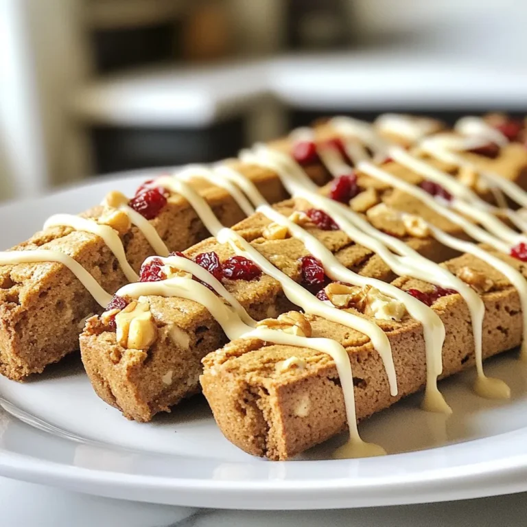 - 2 cups all-purpose flour - 1 teaspoon baking powder - 1 tablespoon ground ginger - 1 tablespoon ground cinnamon - 1/2 teaspoon ground cloves - 1/2 teaspoon ground nutmeg - 1/4 teaspoon salt - 1/2 cup unsalted butter - 3/4 cup brown sugar - 2 large eggs - 1 teaspoon pure vanilla extract - 1/2 cup chopped walnuts or pecans - 1/2 cup dried cranberries - 1 cup white chocolate chips You can switch nuts if you like. Try almonds or pistachios for a new taste. If you want gluten-free biscotti, use almond flour or a gluten-free blend. For a vegan option, replace the eggs with flax eggs. Use coconut oil or vegan butter instead of regular butter. These swaps will keep your biscotti tasty and fun! {{ingredient_image_2}} 1. Preheat your oven to 350°F (175°C). Line a baking sheet with parchment paper. This makes cleanup easy. 2. In a medium bowl, whisk together the flour, baking powder, ground ginger, ground cinnamon, ground cloves, ground nutmeg, and salt. Set this aside for later use. 3. In a large bowl, cream the softened butter and packed brown sugar. Use an electric mixer until it is light and fluffy. 1. Add the eggs to the butter mixture one at a time. Mix well after each egg before adding the next. Stir in the vanilla extract until it blends in. 2. Gradually fold the dry mixture into the wet mixture using a spatula. Be careful not to overmix; just combine until you see no dry flour. 3. Gently fold in the chopped walnuts or pecans and the dried cranberries. Make sure they spread evenly throughout the dough. 4. Divide the dough into two equal parts. Shape each half into a log about 12 inches long on the prepared baking sheet. Leave some space between them. 1. Place the baking sheet in the oven. Bake for about 25-30 minutes. Check if the logs are lightly golden and firm. 2. After baking, let the logs cool for about 10 minutes. Use a serrated knife to slice each log diagonally into 1/2-inch thick pieces. 3. Lay the slices cut side down on the baking sheet. Return them to the oven for an additional 10-15 minutes. Flip the slices halfway for even crispness. 4. When they are crisp and firm, remove them from the oven. Let the biscotti cool completely. - For even baking, space the biscotti logs apart on the tray. This allows heat to flow. - Use a serrated knife to slice the biscotti after cooling slightly. This gives clean edges. - Bake until firm but not too hard. You want them crunchy yet not brittle. - Melt the white chocolate in short bursts. Stir after each burst to avoid burning. - Use a fork for a rustic drizzle look. A piping bag gives a cleaner, more controlled line. - Add a pinch of salt or a splash of vanilla to the melted chocolate for extra flavor. - Pair your biscotti with coffee or tea. They complement hot drinks perfectly. - Serve biscotti in a festive jar or box for holiday gatherings. They make a lovely display. - Wrap biscotti in cellophane with a ribbon. They make sweet gifts for friends and family. Pro Tips Use Fresh Spices: Ensure your ground spices are fresh for the best flavor. Old spices can lose their potency and affect the overall taste of your biscotti. Chill the Dough: For easier shaping, chill the dough for about 30 minutes before forming it into logs. This helps maintain the shape while baking. Perfect Slicing: Use a serrated knife to slice the biscotti logs for clean edges. A gentle sawing motion will prevent crumbling. Store Properly: Keep the biscotti in an airtight container at room temperature to maintain their crispiness. They can last for up to two weeks! {{image_4}} You can mix up the flavors in your gingerbread biscotti. Try adding more spices like allspice or cardamom. These spices give a warm, cozy taste to your biscotti. You can also use other dried fruits. Chopped apricots or figs add a nice twist. For some brightness, add a little citrus zest. Lemon or orange zest can really lift the flavors. If white chocolate isn’t your thing, consider dark or milk chocolate drizzle. They give a different flavor and look great, too! You can also sprinkle nuts or colorful sprinkles on top. This adds a fun touch. For a fun twist, serve your biscotti with dips. Try chocolate sauce or a sweet cream. It makes for a delightful snack. You can change up the shape of your biscotti. Make smaller logs for bite-sized pieces. Thicker logs give a heartier cookie. Different shapes can change the baking time. Thinner slices bake faster, while thicker ones take longer. Experiment with shapes to see what you like best! To keep your gingerbread biscotti fresh, store them properly. Use an airtight container to prevent moisture. Jars work well too, but ensure they seal tightly. Store them at room temperature. They stay crunchy longer this way. Avoid placing them in the fridge, as it can make them soft. You can freeze your biscotti for later use. First, let them cool completely. Then, wrap each piece in plastic wrap. Place them in a freezer-safe bag or container. They will stay fresh for about three months. To serve, thaw them at room temperature. You can also heat them briefly in the oven for extra crispiness. If your biscotti lose their crunch, don’t worry! You can bring them back. Preheat your oven to 350°F (175°C). Place the biscotti on a baking sheet. Bake for about 5-10 minutes. This will refresh them nicely. If they are very stale, you might need a longer time. Check them often to avoid burning. What makes biscotti different from regular cookies? Biscotti are twice-baked and very dry. This makes them crunchy. Regular cookies are soft and chewy. The key is the baking method. Biscotti hold their shape and have a distinct texture. How long do biscotti last? Biscotti last for two weeks at room temperature. Store them in an airtight container. They can last even longer if you freeze them. Just remember to thaw them at room temperature. Can I make this recipe ahead of time? Yes! You can make the dough a day ahead. Just keep it in the fridge. You can also bake the biscotti ahead of time. They stay fresh for a long time. Why are my biscotti soft? If your biscotti are soft, they may not have baked long enough. They need to be dry and crisp. Make sure to follow the baking times closely. What to do if the dough is too sticky? If your dough is sticky, add a little more flour. Start with one tablespoon at a time. Mix gently until it reaches a manageable consistency. How can I fix overbaked biscotti? If your biscotti are too hard, you can soak them in coffee or tea. This softens them up. You can also store them in a sealed bag with a piece of bread overnight. Can I substitute fresh ginger for ground ginger? You can use fresh ginger, but it changes the flavor. Use one tablespoon of fresh ginger for one tablespoon of ground ginger. It adds a nice zing! What type of chocolate works best for drizzling? White chocolate is best for a sweet drizzle. You can also use dark chocolate for a richer taste. Melt it carefully for a smooth finish. Are there nut-free options for this recipe? Yes! You can skip the nuts entirely. You can add seeds or extra dried fruit instead. This keeps the biscotti delicious and nut-free. This blog post walked you through making delicious biscotti. We covered the key ingredients, step-by-step instructions, and useful tips for perfecting your bake. You learned options for substitutions and variations, plus storage and serving ideas. Biscotti is fun to make and easy to customize. I hope you feel inspired to try this recipe. Enjoy your homemade treats with coffee or tea, and share them with friends and family! Happy baking!