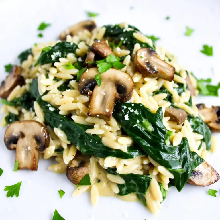 - 1 cup orzo pasta - 2 tablespoons olive oil - 1 small onion, finely chopped - 3 cloves garlic, minced - 8 ounces cremini mushrooms, sliced - 4 cups fresh spinach, packed - 1 cup vegetable broth - 1 cup heavy cream (or coconut cream for a vegan option) - ½ cup grated Parmesan cheese (or nutritional yeast for a vegan option) - Salt and pepper to taste - Fresh parsley, chopped (for garnish) You can easily swap some ingredients in this dish. For the cream, you can use coconut cream if you want a vegan option. It gives a nice richness. For the cheese, try nutritional yeast. It adds a cheesy flavor while keeping it plant-based. If you need gluten-free options, you can find orzo made from rice or quinoa. These work well in this recipe. Add seasonal veggies for different flavors. Peas, asparagus, or zucchini can make this dish even better. {{ingredient_image_2}} To cook orzo pasta to al dente, start by boiling salted water. Add 1 cup of orzo to the pot. Cook it according to the package instructions. Usually, it takes about 8 to 10 minutes. Stir occasionally to prevent sticking. When it’s done, drain the pasta but keep ½ cup of the starchy water. This water helps later with the sauce. To soften the onion, heat 2 tablespoons of olive oil in a skillet over medium heat. Add the finely chopped onion. Cook it for about 3 minutes until it's soft and clear. This adds sweetness to your dish. Next, add 3 cloves of minced garlic. Stir and cook for about 30 seconds. Be careful not to burn the garlic, as it can turn bitter. For golden-brown mushrooms, add 8 ounces of sliced cremini mushrooms to the skillet. Cook them for 4 to 5 minutes. Stir frequently, so they release moisture and brown well. Then, add 4 cups of packed fresh spinach. Stir continuously until the leaves wilt. This should take about 2 to 3 minutes. The spinach adds color and nutrition to your meal. Pour in 1 cup of vegetable broth and bring it to a gentle simmer. Cook for 3 to 4 minutes to let the broth reduce. This enhances the flavor. Lower the heat and add 1 cup of heavy cream (or coconut cream). Stir for about 2 minutes until warmed through. This creates a rich, creamy sauce. If it’s too thick, add a little reserved pasta water until you reach the right consistency. Now, blend the cooked orzo with the sauce. Stir in ½ cup of grated Parmesan cheese (or nutritional yeast) for a cheesy flavor. Mix everything well. Taste and adjust seasoning with salt and pepper. Serve your creamy mushroom spinach orzo hot. Garnish with chopped parsley for a fresh finish. Enjoy your delightful meal! To avoid sticky orzo, always use plenty of water. This helps the pasta cook evenly. Stir the orzo while it cooks to keep it separate. Drain it when it is al dente, and reserve some pasta water. This starchy water helps make the dish creamy later. For a balanced flavor profile, taste as you cook. Add salt to the water when cooking the orzo. This step is key. When sautéing the onion and garlic, cook them slowly for great flavor. The mushrooms should be golden-brown before adding spinach. This gives a nice taste boost. For plating, use shallow bowls for a lovely look. Drizzle a bit of olive oil on top to shine. Sprinkle extra Parmesan or nutritional yeast on each serving. Add a sprig of parsley for a pop of color. Pair this dish with a light salad. A simple arugula or mixed green salad works well. You could also serve it with garlic bread for a hearty meal. To prepare ahead, cook the orzo and store it separately. This way, it stays firm and does not get mushy. Sauté the mushrooms and spinach, then cool them before storing. Keep the creamy sauce in a separate container. When ready to eat, reheat the sauce gently. Stir in the orzo and mix well. If it gets too thick, add a little reserved pasta water. This keeps the dish creamy and fresh. Pro Tips Use Fresh Ingredients: Always opt for fresh spinach and mushrooms to enhance the flavor and nutritional value of your dish. Adjust Creaminess: If the dish is too thick, gradually add reserved pasta water until you achieve your desired consistency. Experiment with Flavors: Feel free to add a splash of white wine or a pinch of nutmeg to elevate the taste profile of the creamy sauce. Garnish for Presentation: A sprinkle of freshly chopped parsley not only adds color but also a burst of freshness to the final dish. {{image_4}} You can easily add protein to your creamy mushroom spinach orzo. Here are some tasty options: - Chicken: Cook bite-sized pieces of chicken breast until golden. Stir them in with the orzo. - Shrimp: Sauté shrimp in the skillet before adding other ingredients. They cook fast and add great flavor. - Plant-Based Proteins: Use chickpeas or lentils for a plant-based boost. They add texture and protein. Boost the flavor of your dish with some simple herbs and spices. - Herbs: Fresh thyme or rosemary adds an earthy note. Sprinkle them in as you cook. - Spices: A pinch of red pepper flakes gives a slight kick. It’s a fun surprise. - Citrus: Squeeze lemon juice over the dish before serving. It brightens the flavors and adds freshness. Making this dish vegan or gluten-free is easy. Here’s how: - Vegan Options: Swap heavy cream for coconut cream and use nutritional yeast instead of cheese. - Gluten-Free Choices: Choose gluten-free orzo made from rice or quinoa. It cooks just like regular orzo. - Vegetable Additions: Toss in seasonal veggies like zucchini or bell peppers for more nutrients and color. To keep your creamy mushroom spinach orzo fresh, store it in an airtight container. Place it in the fridge within two hours of cooking. It will stay good for about 3 to 5 days. Make sure to let it cool down before sealing the container. This helps prevent condensation and keeps the orzo from getting soggy. When you're ready to enjoy leftovers, reheat the orzo gently. Use a skillet over low heat. Add a splash of vegetable broth or water to help keep it creamy. Stir often to prevent sticking. If the orzo thickens too much, add a little more broth or water. This will help restore its smooth texture. Yes, you can freeze creamy mushroom spinach orzo! However, keep in mind it may change texture. Place it in a freezer-safe container and seal tightly. It can last up to 2 months in the freezer. To thaw, move it to the fridge overnight. When ready to eat, reheat it in a skillet. Add a splash of broth or water to refresh the dish. This will help bring back its creaminess. Yes, you can use other pasta types like ditalini, small shells, or even penne. Cook them according to their package instructions. For example, ditalini takes about 7-9 minutes to cook. Keep an eye on the texture. You want it al dente, not mushy. To make this creamy mushroom spinach orzo gluten-free, choose gluten-free pasta. Look for brands that offer gluten-free orzo or use rice pasta. These options cook in about 8-10 minutes. Always check the package for exact cooking times. You can add various ingredients to enhance flavor. Try adding sun-dried tomatoes, cooked chicken, or shrimp. Fresh herbs like thyme or basil also work great. A squeeze of lemon juice brightens the dish nicely. For a kick, add a pinch of red pepper flakes. This dish lasts about 3-4 days in the fridge. Store it in an airtight container to keep it fresh. If it thickens, stir in a bit of vegetable broth or water when reheating. This will help restore the creamy texture. This blog post covered how to make creamy mushroom spinach orzo. You learned about the key ingredients and tasty substitutes. I shared step-by-step cooking instructions for delicious results. Tips and tricks helped you avoid common mistakes. Variations showed ways to customize the dish with proteins or flavors. In the end, this recipe is easy and fun. You can enjoy it any time. Don't hesitate to experiment with your own twists! Happy cooking!