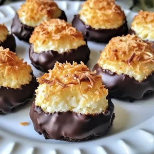 - 2 cups shredded unsweetened coconut - 1 cup sweetened condensed milk - 1 teaspoon pure vanilla extract - 1/4 teaspoon fine sea salt - 2 large egg whites - 1/2 cup dark chocolate chips - 1 tablespoon coconut oil The first step to making delicious chocolate coconut macaroons is gathering the ingredients. Each plays a vital role in the final taste and texture. The shredded unsweetened coconut gives the macaroons their rich, chewy base. The sweetened condensed milk adds sweetness and helps bind everything together. This is key for a moist macaroon. Next, we have the pure vanilla extract. It adds a pleasant aroma and depth of flavor. The fine sea salt balances the sweetness, making each bite more exciting. The large egg whites are important too. They add lightness and help the macaroons rise. Beating them until they form stiff peaks is crucial for the airy texture. The dark chocolate chips provide a rich chocolate flavor. Finally, the coconut oil helps the chocolate melt smoothly, creating a lovely coating for the macaroons. With these ingredients in hand, you can create a sweet treat that is both simple and tasty. Each component works together to make these macaroons a delight. {{ingredient_image_2}} 1. Preheat your oven to 325°F (165°C). This step is key to getting the right texture. 2. Line a baking sheet with parchment paper. This will keep your macaroons from sticking. 1. In a large bowl, combine two cups of shredded unsweetened coconut with one cup of sweetened condensed milk. 2. Add one teaspoon of pure vanilla extract and 1/4 teaspoon of fine sea salt. 3. Stir everything together gently until well mixed. This creamy base is the heart of your macaroons. 1. In another bowl, beat two large egg whites with an electric mixer on high speed. 2. Keep beating until stiff peaks form. This takes about 2-3 minutes. 3. Stiff peaks mean the egg whites stand tall when you lift the beaters. This is what makes your macaroons light. 1. Carefully fold the whipped egg whites into the coconut mixture. 2. Use a spatula and be gentle. You want to keep the airiness of the egg whites to help the macaroons rise nicely. 1. Use a tablespoon to scoop generous portions of the mixture. 2. Place them on the prepared baking sheet, spacing them about two inches apart. This allows them to bake evenly. 3. Bake for 20-25 minutes. Look for a golden brown top when they are done. 1. While the macaroons bake, melt 1/2 cup of dark chocolate chips with one tablespoon of coconut oil. 2. Use a microwave-safe bowl and heat in 30-second bursts, stirring until smooth. 3. Once the macaroons cool, dip the bottoms into the melted chocolate. 4. If you have extra chocolate, drizzle it over the tops for a fun touch. To make great macaroons, start with stiff egg whites. Stiff peaks mean the egg whites can hold their shape well. This helps your macaroons rise and stay fluffy. If your egg whites aren’t whipped enough, your macaroons may flatten. Next, pay attention to the baking temperature and timing. Set your oven to 325°F (165°C). Bake the macaroons for 20-25 minutes. Keep an eye on them. They should turn golden brown on top. If they bake too long, they can become dry. To present your macaroons beautifully, use a nice plate. Arrange the macaroons in a circle or a line. Sprinkle some extra shredded coconut on top for a charming look. You can also dust the plate with cocoa powder for added flair. For special occasions, add a few edible flowers for color. Be careful not to overmix the egg whites. Gentle folding keeps the air in, which is key for a fluffy texture. If you mix too much, your macaroons will be dense. Also, remember to space your macaroons correctly on the baking sheet. Place them about 2 inches apart. This allows heat to circulate evenly. If they are too close, they may stick together while baking. Pro Tips Use Fresh Coconut: Freshly shredded coconut can enhance the flavor and texture of your macaroons, providing a more aromatic and delightful treat. Chill Before Baking: If you find the mixture too loose, chilling it in the fridge for about 30 minutes can help it hold its shape when scooped onto the baking sheet. Experiment with Chocolate: Try using different types of chocolate, such as white chocolate or milk chocolate, to create unique flavor profiles for your macaroons. Store Properly: To keep your macaroons fresh, store them in an airtight container at room temperature for up to a week, or in the refrigerator for longer shelf life. {{image_4}} You can change the flavor by adding almond extract. This gives your macaroons a nutty twist. Just use about half a teaspoon for a nice hint. If you want to make them even more exciting, try mixing in some nuts or dried fruits. Chopped almonds, pecans, or even dried cherries can add a great texture and taste. If you prefer a sweeter treat, try using white chocolate instead of dark chocolate. It melts smoothly and gives a creamy finish. For a unique touch, add flavors to your chocolate. Mixing in espresso powder or orange zest can create a lovely surprise in every bite. Just remember to melt your chocolate gently to keep it smooth. Make your macaroons pop with color! Use colored chocolate for the holidays. You can find melts in many fun shades. For a festive look, sprinkle some colorful sprinkles or edible glitter on top. These small touches can make your treats stand out at any party or gathering. To keep your macaroons fresh, store them properly. You can keep them at room temperature or in the fridge. If you choose room temperature, place them in an airtight container. This step helps avoid moisture which can make them soggy. If you prefer refrigeration, ensure the container is sealed tight to prevent drying out. You can freeze macaroons for later enjoyment. First, let them cool completely. Then, place them in a single layer on a baking sheet. Freeze for about an hour. This step keeps them from sticking together. After they are firm, transfer them to an airtight container or freezer bag. When you want to eat them, thaw them in the fridge overnight. This method keeps their texture and taste intact. Chocolate coconut macaroons are sweet treats made from coconut and egg whites. They are chewy on the inside and crispy on the outside. You mix shredded coconut, sweetened condensed milk, vanilla, and egg whites. Then, you bake them until golden brown. Finally, you dip them in melted chocolate for a rich finish. These cookies are simple to make and perfect for sharing. To make your macaroons chewier, use unsweetened shredded coconut. This gives a nice texture. Also, don’t overbake them. Bake until they are just golden. Let them cool completely before serving. This helps them set and stay chewy. Yes, you can use sweetened coconut. However, it will make your macaroons sweeter. The texture will also change slightly. Sweetened coconut adds moisture, which can make them softer. Adjust the sweetened condensed milk if you prefer a less sweet macaroon. You can find chocolate coconut macaroons at many bakeries and grocery stores. Look for brands like Trader Joe's or Whole Foods. Local bakeries often make fresh macaroons too. If you prefer homemade, follow the recipe above! Chocolate coconut macaroons last about a week at room temperature. Store them in an airtight container to keep them fresh. You can also refrigerate them for up to two weeks. If you want to save them longer, freeze them. Just remember to thaw before enjoying! Making Chocolate Coconut Macaroons is simple and fun. We covered easy steps from mixing ingredients to baking. Remember to whip the egg whites to stiff peaks for the best texture. Try different flavors, like almond or white chocolate, to mix things up. Store your treats in airtight containers to keep them fresh. These macaroons offer a chewy delight for any occasion. Now, go ahead and enjoy making these tasty bites!
