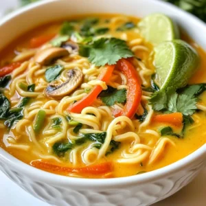 - 4 cups vegetable broth - 1 can (13.5 oz) coconut milk - 2 tablespoons red curry paste - 1 teaspoon turmeric powder - 1 tablespoon soy sauce - 1 tablespoon freshly squeezed lime juice - 200g ramen noodles - 1 cup shiitake mushrooms, cleanly sliced - 1 cup baby spinach, washed and drained - 1 red bell pepper, thinly sliced - 1 medium carrot, julienned - Fresh cilantro leaves, for garnish - Lime wedges, for serving - Salt and black pepper, to taste This coconut curry ramen is not just tasty; it’s also healthy. Each serving has a good mix of nutrients. It offers fiber from vegetables and healthy fats from coconut milk. Here’s a quick look at the nutritional value per serving: - Calories: Approximately 350 - Protein: 10g - Carbohydrates: 50g - Fat: 15g - Fiber: 5g You can easily swap some ingredients to fit your taste or diet. Here are some ideas: - Use chicken or beef broth instead of vegetable broth for a non-vegetarian option. - Swap coconut milk for almond or soy milk for a lighter option. - If you don’t have red curry paste, use yellow curry paste for a different flavor. - Shiitake mushrooms can be replaced with button mushrooms or any favorite kind. - For a gluten-free version, choose rice noodles instead of traditional ramen noodles. These swaps keep the dish delicious while catering to your needs! {{ingredient_image_2}} To start, grab a large pot. Pour in 4 cups of vegetable broth. Heat it on medium until it simmers gently. Next, add a can of coconut milk. Whisk it in well until smooth. Then, mix in 2 tablespoons of red curry paste and 1 teaspoon of turmeric powder. Add 1 tablespoon of soy sauce and 1 tablespoon of lime juice. Stir this mixture for about 5 minutes. Let the flavors blend and create a creamy broth. Now it's time to add some color! Toss in 1 cup of sliced shiitake mushrooms, 1 cup of thinly sliced red bell pepper, and 1 medium carrot that you julienned. Cook these veggies for 5 to 7 minutes. You want them tender but still crisp. Then, add 1 cup of fresh baby spinach. Stir gently and let it wilt for about 2 minutes. This adds a fresh touch and bright color to your dish. While the veggies cook, prepare 200g of ramen noodles. Follow the package instructions for the best results. Once the noodles are done, drain them and set them aside. After the spinach wilts, stir in the cooked ramen noodles. Let everything warm together for another 2 minutes. Taste the ramen and season with salt and black pepper. Serve the ramen hot in bowls. Garnish with fresh cilantro leaves and lime wedges. Enjoy your delicious coconut curry ramen! To make the best coconut curry ramen, focus on your broth. Use fresh vegetable broth for a deeper taste. The coconut milk adds creaminess and sweetness. Adjust the red curry paste to your spice level. For brightness, include lime juice just before serving. This will lift the flavors. Always taste your broth before serving. Season with salt and black pepper for balance. One mistake is overcooking the vegetables. They should stay crisp and colorful. Cook them just until tender. Another error is not properly mixing the curry paste. Whisk it well into the broth to avoid lumps. Do not skip the lime juice; it adds vital flavor. Lastly, make sure to drain the ramen noodles well. Excess water can dilute your dish. Serve coconut curry ramen hot in bowls. Garnish each bowl with fresh cilantro leaves. Add lime wedges on the side for extra zest. For crunch, sprinkle toasted sesame seeds on top. If you like heat, add crushed red pepper flakes. Pair this dish with a side of crispy spring rolls for a fun meal. Enjoy the vibrant colors and flavors! Pro Tips Fresh Ingredients: Always use fresh vegetables for the best flavor and texture. They will enhance the overall taste of your ramen. Adjusting Spice Levels: If you prefer a milder curry, start with less red curry paste and gradually add more to taste. You can always add more, but you can't take it out! Customizable Add-Ins: Feel free to add your favorite protein, like tofu or chicken, or other vegetables such as bok choy or snap peas for a personalized touch. Serving Suggestions: Serve with lime wedges and extra cilantro on the side, allowing guests to customize their bowls for a fresh, zesty finish. {{image_4}} Adding protein boosts the nutrition of your Coconut Curry Ramen. You can try: - Sliced chicken breast - Shrimp or prawns - Tofu, cubed and sautéed Cook the protein in the broth. This way, it absorbs all the great flavors. For chicken, let it simmer until cooked through. For shrimp, just add them a few minutes before serving. If you love heat, make your ramen spicy. You can: - Use extra red curry paste - Add sliced jalapeños or chili peppers - Include a splash of sriracha These additions give your dish a nice kick. Begin with small amounts. You can always add more to reach your desired spice level. Make this dish vegan by swapping a few ingredients. Use: - Vegetable broth instead of chicken broth - Tofu instead of meat - Ensure the soy sauce is vegan-friendly You can also enhance the flavor with more veggies. Try adding bok choy, zucchini, or snap peas. This makes the dish colorful and nutritious. To store your leftover coconut curry ramen, let it cool first. Use an airtight container. Place the ramen and broth in the container. This keeps the flavors fresh and tasty. Store it in the fridge for up to three days. When you're ready to eat, reheat the ramen gently. Pour it into a pot and warm it over low heat. Stir often to avoid sticking. If it seems thick, add a splash of vegetable broth or water. This helps restore its creamy texture. You can also use the microwave. Heat in a bowl for about 2-3 minutes. Stir halfway through to heat evenly. If you want to freeze the ramen, it's best to keep the noodles and broth separate. Cooked noodles can become mushy when frozen. Store the broth in an airtight container and the noodles in another. You can freeze both for up to two months. When you're ready to enjoy, thaw the broth overnight in the fridge. Reheat it, then add fresh noodles. This keeps the dish delicious and satisfying. Coconut Curry Ramen is a tasty noodle soup. It combines rich coconut milk and spicy red curry. You get a warm, creamy broth with fresh veggies and noodles. This dish is perfect for a cozy night in. You can enjoy it hot and steamy. Yes, you can make this dish gluten-free. Simply use gluten-free ramen noodles. Check the soy sauce label for gluten-free options. You can find tamari sauce as a great substitute. This way, you still get full flavor without gluten. To spice up this ramen, add more red curry paste. You can also sprinkle in some crushed red pepper flakes. If you like fresh heat, try adding sliced jalapeños. For a kick, serve with a dash of hot sauce. Adjust the spice to your liking for a bold flavor! In this post, we explored how to make delicious Coconut Curry Ramen. We covered the key ingredients and their nutritional value, plus some tasty swaps. I shared step-by-step instructions, from making the broth to cooking vegetables and assembling your bowl. Tips on flavor, common mistakes, and serving ideas can elevate your dish. With variations for protein, spice, or vegan options, you have many choices. Finally, proper storage and reheating will help you enjoy leftovers. Making Coconut Curry Ramen is simple and fun, so get cooking!