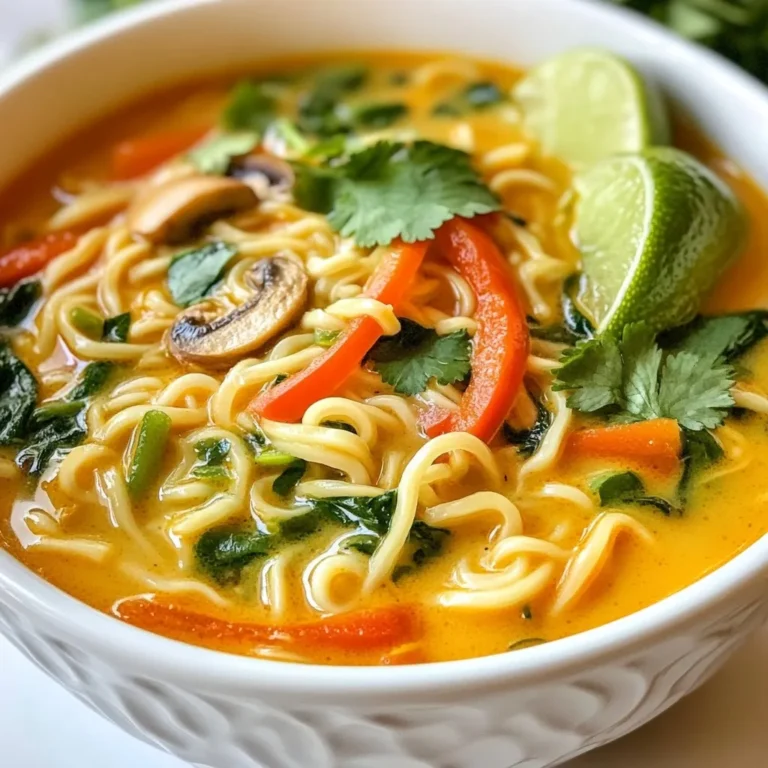 - 4 cups vegetable broth - 1 can (13.5 oz) coconut milk - 2 tablespoons red curry paste - 1 teaspoon turmeric powder - 1 tablespoon soy sauce - 1 tablespoon freshly squeezed lime juice - 200g ramen noodles - 1 cup shiitake mushrooms, cleanly sliced - 1 cup baby spinach, washed and drained - 1 red bell pepper, thinly sliced - 1 medium carrot, julienned - Fresh cilantro leaves, for garnish - Lime wedges, for serving - Salt and black pepper, to taste This coconut curry ramen is not just tasty; it’s also healthy. Each serving has a good mix of nutrients. It offers fiber from vegetables and healthy fats from coconut milk. Here’s a quick look at the nutritional value per serving: - Calories: Approximately 350 - Protein: 10g - Carbohydrates: 50g - Fat: 15g - Fiber: 5g You can easily swap some ingredients to fit your taste or diet. Here are some ideas: - Use chicken or beef broth instead of vegetable broth for a non-vegetarian option. - Swap coconut milk for almond or soy milk for a lighter option. - If you don’t have red curry paste, use yellow curry paste for a different flavor. - Shiitake mushrooms can be replaced with button mushrooms or any favorite kind. - For a gluten-free version, choose rice noodles instead of traditional ramen noodles. These swaps keep the dish delicious while catering to your needs! {{ingredient_image_2}} To start, grab a large pot. Pour in 4 cups of vegetable broth. Heat it on medium until it simmers gently. Next, add a can of coconut milk. Whisk it in well until smooth. Then, mix in 2 tablespoons of red curry paste and 1 teaspoon of turmeric powder. Add 1 tablespoon of soy sauce and 1 tablespoon of lime juice. Stir this mixture for about 5 minutes. Let the flavors blend and create a creamy broth. Now it's time to add some color! Toss in 1 cup of sliced shiitake mushrooms, 1 cup of thinly sliced red bell pepper, and 1 medium carrot that you julienned. Cook these veggies for 5 to 7 minutes. You want them tender but still crisp. Then, add 1 cup of fresh baby spinach. Stir gently and let it wilt for about 2 minutes. This adds a fresh touch and bright color to your dish. While the veggies cook, prepare 200g of ramen noodles. Follow the package instructions for the best results. Once the noodles are done, drain them and set them aside. After the spinach wilts, stir in the cooked ramen noodles. Let everything warm together for another 2 minutes. Taste the ramen and season with salt and black pepper. Serve the ramen hot in bowls. Garnish with fresh cilantro leaves and lime wedges. Enjoy your delicious coconut curry ramen! To make the best coconut curry ramen, focus on your broth. Use fresh vegetable broth for a deeper taste. The coconut milk adds creaminess and sweetness. Adjust the red curry paste to your spice level. For brightness, include lime juice just before serving. This will lift the flavors. Always taste your broth before serving. Season with salt and black pepper for balance. One mistake is overcooking the vegetables. They should stay crisp and colorful. Cook them just until tender. Another error is not properly mixing the curry paste. Whisk it well into the broth to avoid lumps. Do not skip the lime juice; it adds vital flavor. Lastly, make sure to drain the ramen noodles well. Excess water can dilute your dish. Serve coconut curry ramen hot in bowls. Garnish each bowl with fresh cilantro leaves. Add lime wedges on the side for extra zest. For crunch, sprinkle toasted sesame seeds on top. If you like heat, add crushed red pepper flakes. Pair this dish with a side of crispy spring rolls for a fun meal. Enjoy the vibrant colors and flavors! Pro Tips Fresh Ingredients: Always use fresh vegetables for the best flavor and texture. They will enhance the overall taste of your ramen. Adjusting Spice Levels: If you prefer a milder curry, start with less red curry paste and gradually add more to taste. You can always add more, but you can't take it out! Customizable Add-Ins: Feel free to add your favorite protein, like tofu or chicken, or other vegetables such as bok choy or snap peas for a personalized touch. Serving Suggestions: Serve with lime wedges and extra cilantro on the side, allowing guests to customize their bowls for a fresh, zesty finish. {{image_4}} Adding protein boosts the nutrition of your Coconut Curry Ramen. You can try: - Sliced chicken breast - Shrimp or prawns - Tofu, cubed and sautéed Cook the protein in the broth. This way, it absorbs all the great flavors. For chicken, let it simmer until cooked through. For shrimp, just add them a few minutes before serving. If you love heat, make your ramen spicy. You can: - Use extra red curry paste - Add sliced jalapeños or chili peppers - Include a splash of sriracha These additions give your dish a nice kick. Begin with small amounts. You can always add more to reach your desired spice level. Make this dish vegan by swapping a few ingredients. Use: - Vegetable broth instead of chicken broth - Tofu instead of meat - Ensure the soy sauce is vegan-friendly You can also enhance the flavor with more veggies. Try adding bok choy, zucchini, or snap peas. This makes the dish colorful and nutritious. To store your leftover coconut curry ramen, let it cool first. Use an airtight container. Place the ramen and broth in the container. This keeps the flavors fresh and tasty. Store it in the fridge for up to three days. When you're ready to eat, reheat the ramen gently. Pour it into a pot and warm it over low heat. Stir often to avoid sticking. If it seems thick, add a splash of vegetable broth or water. This helps restore its creamy texture. You can also use the microwave. Heat in a bowl for about 2-3 minutes. Stir halfway through to heat evenly. If you want to freeze the ramen, it's best to keep the noodles and broth separate. Cooked noodles can become mushy when frozen. Store the broth in an airtight container and the noodles in another. You can freeze both for up to two months. When you're ready to enjoy, thaw the broth overnight in the fridge. Reheat it, then add fresh noodles. This keeps the dish delicious and satisfying. Coconut Curry Ramen is a tasty noodle soup. It combines rich coconut milk and spicy red curry. You get a warm, creamy broth with fresh veggies and noodles. This dish is perfect for a cozy night in. You can enjoy it hot and steamy. Yes, you can make this dish gluten-free. Simply use gluten-free ramen noodles. Check the soy sauce label for gluten-free options. You can find tamari sauce as a great substitute. This way, you still get full flavor without gluten. To spice up this ramen, add more red curry paste. You can also sprinkle in some crushed red pepper flakes. If you like fresh heat, try adding sliced jalapeños. For a kick, serve with a dash of hot sauce. Adjust the spice to your liking for a bold flavor! In this post, we explored how to make delicious Coconut Curry Ramen. We covered the key ingredients and their nutritional value, plus some tasty swaps. I shared step-by-step instructions, from making the broth to cooking vegetables and assembling your bowl. Tips on flavor, common mistakes, and serving ideas can elevate your dish. With variations for protein, spice, or vegan options, you have many choices. Finally, proper storage and reheating will help you enjoy leftovers. Making Coconut Curry Ramen is simple and fun, so get cooking!
