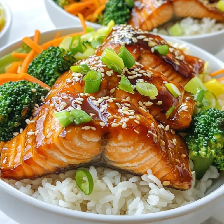 - 2 salmon fillets (approximately 6 oz each) - 1/4 cup low-sodium soy sauce - 2 tablespoons brown sugar - 1 tablespoon sesame oil - 1 tablespoon freshly grated ginger - 2 cloves garlic, minced - 1 cup jasmine rice - 2 cups broccoli florets - 1 cup shredded carrots - 1/4 cup green onions, thinly sliced (for garnish) - 1 tablespoon sesame seeds (for garnish) - Salt and pepper, to taste In this recipe, I use two salmon fillets. Each fillet weighs about six ounces. This size is perfect for a filling meal. The marinade gives the salmon a great taste. I mix low-sodium soy sauce, brown sugar, sesame oil, ginger, and garlic in a bowl. The brown sugar adds sweetness, while the soy sauce brings umami. Next, I cook jasmine rice. It is soft and fragrant, making it a great base. For the vegetables, I choose broccoli and shredded carrots. They add color and crunch. I also use green onions and sesame seeds as garnishes. They offer a fresh taste and a nice look. These ingredients come together to create a healthy and tasty meal. You can prepare everything in under an hour. This recipe is perfect for meal prep or a quick dinner. {{ingredient_image_2}} To start, mix the marinade ingredients in a bowl. Combine 1/4 cup low-sodium soy sauce, 2 tablespoons brown sugar, 1 tablespoon sesame oil, 1 tablespoon freshly grated ginger, and 2 minced garlic cloves. Whisk these together until the brown sugar dissolves. Setting aside half of the marinade is key. You’ll drizzle it over the bowls later, adding more flavor. Marinating salmon is vital. It allows the fish to soak up the flavors. This step ensures every bite bursts with taste. When the salmon sits in the marinade, it turns tender and juicy. Place the salmon fillets in a shallow dish, skin-side up. Pour the marinade over them, covering them well. Cover the dish and chill it in the fridge for at least 30 minutes. This time helps the salmon absorb all those tasty flavors. If you want to marinate longer, up to 2 hours is good. Just keep it in the fridge and not at room temperature. Rinse 1 cup of jasmine rice under cold water until the water runs clear. This step removes extra starch. In a pot, combine the rinsed rice with 1 3/4 cups of water. Bring this to a boil on high heat. When it boils, cover the pot, lower the heat, and let it simmer for 15 minutes. After that, remove it from heat and let it sit for 5 more minutes. This resting time makes the rice fluffy and light. While the rice cooks, prepare to blanch the broccoli. Boil a small pot of water. Once it’s boiling, add 2 cups of broccoli florets. Blanch them for 2-3 minutes. You want them bright green and slightly crisp. After blanching, drain the broccoli and let it cool. This step helps keep the broccoli colorful and crunchy. Heat a non-stick skillet over medium heat. Take the salmon fillets out of the marinade, letting the extra marinade drip off. Place them skin-side down in the skillet. Cook for about 4-5 minutes. Then, gently flip the fillets. Brush the top of the salmon with some reserved marinade. Cook for another 3-4 minutes. The salmon is done when it flakes easily with a fork. To serve, fluff the jasmine rice with a fork. Divide it between two bowls. Top each bowl with a salmon fillet, blanched broccoli, and a handful of shredded carrots. Drizzle the remaining marinade over everything. For a beautiful finish, sprinkle sliced green onions and sesame seeds on top. This adds a nice touch and makes the bowls look appetizing. To keep salmon moist, marinate it well. Use a mix of soy sauce, brown sugar, sesame oil, ginger, and garlic. This blend adds rich flavor and helps retain moisture. Cook the salmon skin-side down first. It protects the fish and adds crispiness. Avoid overcooking; salmon is perfect when it flakes easily with a fork. For perfect jasmine rice, rinse it well before cooking. This removes extra starch and helps prevent sticking. Use a ratio of 1 cup of rice to 1.75 cups of water. Bring it to a boil, then cover and reduce heat. Let it simmer for 15 minutes. After cooking, let it sit for five minutes. This keeps the rice fluffy. Want to boost flavor? Try adding spices like red pepper flakes for heat or lime juice for zest. Fresh herbs like cilantro or basil can also brighten the dish. A sprinkle of sesame seeds adds a nutty crunch. These small tweaks can make your teriyaki salmon bowls even more delicious! Pro Tips Marinate Longer for More Flavor: For an even deeper flavor, consider marinating the salmon for up to 2 hours. Just be careful not to exceed this time, as the soy sauce can start to cure the fish. Perfectly Cooked Rice: To ensure perfectly fluffy jasmine rice, let it rest covered for 5 minutes after cooking; this allows the steam to finish cooking the rice and prevents it from being sticky. Use Fresh Ingredients: Fresh ginger and garlic will elevate the flavor of your teriyaki sauce. If you can, avoid using pre-minced or powdered alternatives for the best taste. Customizable Veggies: Feel free to swap out the broccoli and carrots for your favorite vegetables, such as snap peas or bell peppers, to add variety to your bowls. {{image_4}} If you want to swap salmon, you have great options. Chicken works well with teriyaki flavors. Use chicken thighs or breasts for juicy results. Tofu is a fantastic choice too. It absorbs the marinade nicely. Just press it first to remove excess water. Shrimp is another option that cooks quickly. Toss them in the marinade for a few minutes before cooking. You can mix up the veggies in your bowl. Bell peppers add a sweet crunch. Snap peas bring a nice snap and color. Zucchini slices are light and absorb flavors well. You can also use bok choy for a unique twist. Just remember to cook them until they are bright and tender but still crisp. Marinades can change the whole dish. Try adding pineapple juice for a fruity touch. Honey can replace brown sugar for a sweeter flavor. If you want a kick, add chili paste or sriracha to the marinade. You can even experiment with different oils. Swap sesame oil for olive oil for a new taste. Each change brings a unique twist to your teriyaki salmon bowls. To keep your teriyaki salmon bowls fresh, store leftovers in airtight containers. Place the salmon, rice, and veggies in separate sections if possible. This helps maintain texture and flavor. Refrigerate your containers right after serving. They will stay fresh for up to three days. If you want to keep them longer, freeze the portions. Wrap each bowl tightly in plastic wrap, then place in a freezer bag. This way, they can last for up to three months. When it's time to eat your leftovers, I recommend reheating them gently. You can use a microwave or a skillet. If using a microwave, cover the bowl with a damp paper towel. Heat in short bursts of 30 seconds, stirring in between. For the skillet, add a splash of water to the pan and cover it. This helps steam the food and keeps it moist. Reheat until everything is warm, but avoid overcooking the salmon. The teriyaki salmon bowls can safely stay in the fridge for about three days. If you freeze them, they are good for three months. However, for the best taste, consume them within one month. Always check for any signs of spoilage before eating. If the salmon smells off or looks discolored, it's best to discard it. Enjoy your meal prep with confidence! I recommend using skin-on salmon fillets. They stay moist and flavorful. Wild-caught salmon offers a great taste. Farmed salmon is often more affordable and widely available. Both types work well in teriyaki bowls. Yes, you can use brown rice. It adds a nutty flavor and is more nutritious. Just remember, it takes longer to cook than jasmine rice. You’ll need about 45-50 minutes for brown rice to become tender. The salmon is done when it flakes easily with a fork. Use a meat thermometer to check for an internal temperature of 145°F. If the salmon looks opaque and has a firm texture, it’s ready to serve. Absolutely! You can mix the marinade a day ahead. Store it in an airtight container in the fridge. This allows the flavors to blend well. Just be sure to reserve half for drizzling later. You can add steamed vegetables like snap peas or bell peppers. Edamame and pickled ginger also make great sides. A simple salad with a light dressing complements the dish nicely. This blog post covered making teriyaki salmon bowls. We explored essential ingredients, like salmon, marinade, and rice. I detailed each cooking step, from marinating the salmon to cooking the rice and vegetables. I shared tips for keeping salmon moist and avoiding sticky rice. You can even try alternative proteins and veggies for a twist. Enjoy your tasty creation and feel proud of your cooking skills!