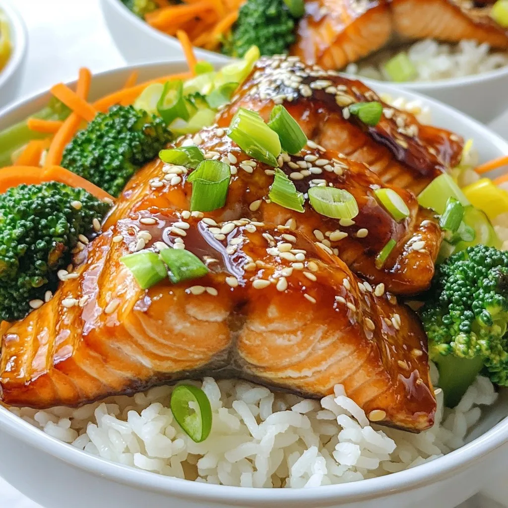 - 2 salmon fillets (approximately 6 oz each) - 1/4 cup low-sodium soy sauce - 2 tablespoons brown sugar - 1 tablespoon sesame oil - 1 tablespoon freshly grated ginger - 2 cloves garlic, minced - 1 cup jasmine rice - 2 cups broccoli florets - 1 cup shredded carrots - 1/4 cup green onions, thinly sliced (for garnish) - 1 tablespoon sesame seeds (for garnish) - Salt and pepper, to taste In this recipe, I use two salmon fillets. Each fillet weighs about six ounces. This size is perfect for a filling meal. The marinade gives the salmon a great taste. I mix low-sodium soy sauce, brown sugar, sesame oil, ginger, and garlic in a bowl. The brown sugar adds sweetness, while the soy sauce brings umami. Next, I cook jasmine rice. It is soft and fragrant, making it a great base. For the vegetables, I choose broccoli and shredded carrots. They add color and crunch. I also use green onions and sesame seeds as garnishes. They offer a fresh taste and a nice look. These ingredients come together to create a healthy and tasty meal. You can prepare everything in under an hour. This recipe is perfect for meal prep or a quick dinner. {{ingredient_image_2}} To start, mix the marinade ingredients in a bowl. Combine 1/4 cup low-sodium soy sauce, 2 tablespoons brown sugar, 1 tablespoon sesame oil, 1 tablespoon freshly grated ginger, and 2 minced garlic cloves. Whisk these together until the brown sugar dissolves. Setting aside half of the marinade is key. You’ll drizzle it over the bowls later, adding more flavor. Marinating salmon is vital. It allows the fish to soak up the flavors. This step ensures every bite bursts with taste. When the salmon sits in the marinade, it turns tender and juicy. Place the salmon fillets in a shallow dish, skin-side up. Pour the marinade over them, covering them well. Cover the dish and chill it in the fridge for at least 30 minutes. This time helps the salmon absorb all those tasty flavors. If you want to marinate longer, up to 2 hours is good. Just keep it in the fridge and not at room temperature. Rinse 1 cup of jasmine rice under cold water until the water runs clear. This step removes extra starch. In a pot, combine the rinsed rice with 1 3/4 cups of water. Bring this to a boil on high heat. When it boils, cover the pot, lower the heat, and let it simmer for 15 minutes. After that, remove it from heat and let it sit for 5 more minutes. This resting time makes the rice fluffy and light. While the rice cooks, prepare to blanch the broccoli. Boil a small pot of water. Once it’s boiling, add 2 cups of broccoli florets. Blanch them for 2-3 minutes. You want them bright green and slightly crisp. After blanching, drain the broccoli and let it cool. This step helps keep the broccoli colorful and crunchy. Heat a non-stick skillet over medium heat. Take the salmon fillets out of the marinade, letting the extra marinade drip off. Place them skin-side down in the skillet. Cook for about 4-5 minutes. Then, gently flip the fillets. Brush the top of the salmon with some reserved marinade. Cook for another 3-4 minutes. The salmon is done when it flakes easily with a fork. To serve, fluff the jasmine rice with a fork. Divide it between two bowls. Top each bowl with a salmon fillet, blanched broccoli, and a handful of shredded carrots. Drizzle the remaining marinade over everything. For a beautiful finish, sprinkle sliced green onions and sesame seeds on top. This adds a nice touch and makes the bowls look appetizing. To keep salmon moist, marinate it well. Use a mix of soy sauce, brown sugar, sesame oil, ginger, and garlic. This blend adds rich flavor and helps retain moisture. Cook the salmon skin-side down first. It protects the fish and adds crispiness. Avoid overcooking; salmon is perfect when it flakes easily with a fork. For perfect jasmine rice, rinse it well before cooking. This removes extra starch and helps prevent sticking. Use a ratio of 1 cup of rice to 1.75 cups of water. Bring it to a boil, then cover and reduce heat. Let it simmer for 15 minutes. After cooking, let it sit for five minutes. This keeps the rice fluffy. Want to boost flavor? Try adding spices like red pepper flakes for heat or lime juice for zest. Fresh herbs like cilantro or basil can also brighten the dish. A sprinkle of sesame seeds adds a nutty crunch. These small tweaks can make your teriyaki salmon bowls even more delicious! Pro Tips Marinate Longer for More Flavor: For an even deeper flavor, consider marinating the salmon for up to 2 hours. Just be careful not to exceed this time, as the soy sauce can start to cure the fish. Perfectly Cooked Rice: To ensure perfectly fluffy jasmine rice, let it rest covered for 5 minutes after cooking; this allows the steam to finish cooking the rice and prevents it from being sticky. Use Fresh Ingredients: Fresh ginger and garlic will elevate the flavor of your teriyaki sauce. If you can, avoid using pre-minced or powdered alternatives for the best taste. Customizable Veggies: Feel free to swap out the broccoli and carrots for your favorite vegetables, such as snap peas or bell peppers, to add variety to your bowls. {{image_4}} If you want to swap salmon, you have great options. Chicken works well with teriyaki flavors. Use chicken thighs or breasts for juicy results. Tofu is a fantastic choice too. It absorbs the marinade nicely. Just press it first to remove excess water. Shrimp is another option that cooks quickly. Toss them in the marinade for a few minutes before cooking. You can mix up the veggies in your bowl. Bell peppers add a sweet crunch. Snap peas bring a nice snap and color. Zucchini slices are light and absorb flavors well. You can also use bok choy for a unique twist. Just remember to cook them until they are bright and tender but still crisp. Marinades can change the whole dish. Try adding pineapple juice for a fruity touch. Honey can replace brown sugar for a sweeter flavor. If you want a kick, add chili paste or sriracha to the marinade. You can even experiment with different oils. Swap sesame oil for olive oil for a new taste. Each change brings a unique twist to your teriyaki salmon bowls. To keep your teriyaki salmon bowls fresh, store leftovers in airtight containers. Place the salmon, rice, and veggies in separate sections if possible. This helps maintain texture and flavor. Refrigerate your containers right after serving. They will stay fresh for up to three days. If you want to keep them longer, freeze the portions. Wrap each bowl tightly in plastic wrap, then place in a freezer bag. This way, they can last for up to three months. When it's time to eat your leftovers, I recommend reheating them gently. You can use a microwave or a skillet. If using a microwave, cover the bowl with a damp paper towel. Heat in short bursts of 30 seconds, stirring in between. For the skillet, add a splash of water to the pan and cover it. This helps steam the food and keeps it moist. Reheat until everything is warm, but avoid overcooking the salmon. The teriyaki salmon bowls can safely stay in the fridge for about three days. If you freeze them, they are good for three months. However, for the best taste, consume them within one month. Always check for any signs of spoilage before eating. If the salmon smells off or looks discolored, it's best to discard it. Enjoy your meal prep with confidence! I recommend using skin-on salmon fillets. They stay moist and flavorful. Wild-caught salmon offers a great taste. Farmed salmon is often more affordable and widely available. Both types work well in teriyaki bowls. Yes, you can use brown rice. It adds a nutty flavor and is more nutritious. Just remember, it takes longer to cook than jasmine rice. You’ll need about 45-50 minutes for brown rice to become tender. The salmon is done when it flakes easily with a fork. Use a meat thermometer to check for an internal temperature of 145°F. If the salmon looks opaque and has a firm texture, it’s ready to serve. Absolutely! You can mix the marinade a day ahead. Store it in an airtight container in the fridge. This allows the flavors to blend well. Just be sure to reserve half for drizzling later. You can add steamed vegetables like snap peas or bell peppers. Edamame and pickled ginger also make great sides. A simple salad with a light dressing complements the dish nicely. This blog post covered making teriyaki salmon bowls. We explored essential ingredients, like salmon, marinade, and rice. I detailed each cooking step, from marinating the salmon to cooking the rice and vegetables. I shared tips for keeping salmon moist and avoiding sticky rice. You can even try alternative proteins and veggies for a twist. Enjoy your tasty creation and feel proud of your cooking skills!