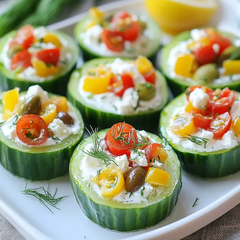 - 2 large cucumbers - 1 cup Greek yogurt - 1/2 cup feta cheese, crumbled - 1/4 cup kalamata olives, finely chopped - 1/4 cup cherry tomatoes, finely diced - 2 tablespoons fresh dill, chopped - 1 tablespoon lemon juice - 1 garlic clove, minced - Salt and pepper to taste To make these tasty bites, you need fresh and quality ingredients. I always choose firm cucumbers for a crisp texture. Greek yogurt adds creaminess, while feta cheese gives a tangy flavor. Kalamata olives bring a salty, rich taste, and cherry tomatoes add a sweet burst. Fresh dill enhances the dish with its aromatic touch. A dash of lemon juice brightens the filling, and garlic adds depth. When you mix all these ingredients, you create a beautiful blend. The flavors work together to make each bite refreshing and satisfying. Remember, using fresh herbs and quality cheese makes a big difference. Trust me; it’s worth it! {{ingredient_image_2}} First, rinse the cucumbers under cold water. This step helps remove any dirt. Cut each cucumber in half lengthwise. You now have two long pieces. Next, scoop out the seeds using a small spoon or melon baller. This creates little boats for the filling. Set these cucumber halves aside on a plate. In a mixing bowl, combine Greek yogurt, crumbled feta cheese, finely chopped kalamata olives, and diced cherry tomatoes. Add the chopped dill, lemon juice, and minced garlic. Use a spatula or whisk to mix everything together. Keep mixing until the filling is smooth and uniform. Now, take a small spoon and scoop the yogurt filling. Fill each cucumber half with the mixture. Pack it lightly but generously. You want the filling to be visible for a nice presentation. Place the stuffed cucumber bites on a serving platter. Refrigerate them for at least 15 to 30 minutes. This chilling time helps the flavors blend together. After chilling, you can cut each stuffed cucumber half into smaller pieces. Garnish with extra dill or feta cheese for a beautiful touch. Enjoy your fresh and flavorful appetizer! To make your Greek stuffed cucumber bites even better, start with seasoning. Taste the filling once mixed. You might want to add salt and pepper to boost the flavor. The feta cheese adds saltiness, so be careful not to overdo it. A little sprinkle goes a long way. Next, think about presentation. A drizzle of olive oil on top makes the dish shine. This simple touch adds flavor and makes the bites look fancy. It is a great way to impress guests. When serving, use a decorative platter. This helps showcase your beautiful cucumber bites. Placing them on a bright dish adds color to your table. For easy serving at gatherings, use toothpicks. They let guests grab bites without the mess. This small change makes your event smoother. Plus, it helps everyone enjoy the fun flavors without fuss. Pro Tips Choose Firm Cucumbers: Select cucumbers that are firm and have no soft spots to ensure they hold up well when stuffed. Customize Your Filling: Feel free to add other ingredients like chopped bell peppers or herbs to the filling for a personal twist. Make Ahead: These stuffed cucumber bites can be prepared ahead of time and stored in the refrigerator for up to a day, making them perfect for parties. Serve with Dipping Sauce: Pair these bites with a light vinaigrette or tzatziki sauce for an extra layer of flavor. {{image_4}} You can change the recipe to suit your taste. One great option is to swap Greek yogurt for tzatziki. Tzatziki adds a refreshing kick with cucumber and garlic flavors. Using different cheese varieties can also work well. Cream cheese provides a rich and creamy filling. Ricotta gives a light and fluffy texture that is delightful. If you want to make this dish vegan, use plant-based cheese instead of feta. Many brands offer tasty alternatives that mimic the flavor of dairy cheese. For those who need gluten-free options, check labels on all ingredients. Most of the items in this recipe are naturally gluten-free, so sourcing carefully ensures a safe dish for everyone. Store your leftover Greek stuffed cucumber bites in the refrigerator. Place them in an airtight container. This keeps them fresh and prevents drying out. Make sure to seal the container well to keep out air. When stored properly, these bites stay fresh for about 2-3 days. To maintain their flavor and texture, avoid dressing them until ready to eat. This way, they won’t become soggy. If you notice any moisture, gently pat the bites dry with a paper towel before serving. To prepare cucumbers, start by rinsing them under cold water. Next, cut each cucumber in half lengthwise to create two long pieces. Use a small spoon or melon baller to scoop out the seeds. This creates little boats that are ready to fill. Set these cucumber halves aside on a clean cutting board or plate. Yes, you can make Greek stuffed cucumber bites ahead of time. Prepare the filling and stuff the cucumbers. Then, refrigerate them for at least 15-30 minutes. You can store them in an airtight container if you plan to make them several hours in advance. The flavors will improve as they chill. Greek stuffed cucumber bites pair well with various dishes. Try serving them with a light salad or some pita bread. You can also offer hummus or tzatziki as dips. For drinks, consider serving refreshing iced tea or a crisp white wine. These will complement the flavors of the cucumber bites nicely. Greek stuffed cucumber bites are a tasty and easy dish. You learned the main ingredients, steps for preparation, and tips for serving. Remember, you can adjust flavors and make fun variations. They are perfect as snacks or at parties. Store them right to keep them fresh. Try making them ahead for convenience. These bites will impress family and friends with their flavors. Enjoy making and sharing this simple recipe!