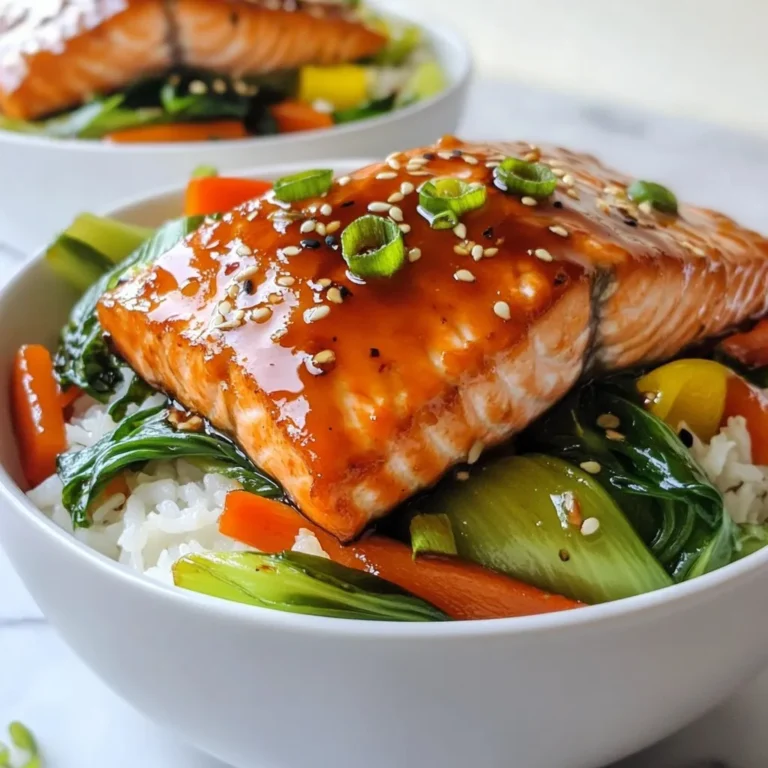 - 2 salmon fillets (approximately 6 oz. each) - 1 cup cooked jasmine rice - 1 cup bok choy, finely chopped - 1 red bell pepper, thinly sliced - 1 medium carrot, julienned - 3 tablespoons teriyaki sauce - 1 tablespoon sesame oil (divided) - 1 teaspoon fresh ginger, grated - 1 garlic clove, minced - Salt and pepper to taste - 2 green onions, finely chopped - Toasted sesame seeds for garnish This list has all you need for a tasty teriyaki salmon bowl. The salmon adds protein and healthy fats. The jasmine rice serves as a great base, making the meal filling. Fresh veggies like bok choy, bell pepper, and carrot bring color and crunch. The marinade gives the salmon a sweet and tangy flavor. Teriyaki sauce makes it easy to add depth without much effort. The sesame oil adds richness, while ginger and garlic boost the taste. Finally, garnishing with green onions and sesame seeds brings a lovely finish. It adds a nice bite and texture. You can also add lime wedges for a zesty touch. Enjoy your cooking! {{ingredient_image_2}} - In a small bowl, mix 3 tablespoons of teriyaki sauce, 1 teaspoon sesame oil, grated ginger, and minced garlic. - Place the salmon fillets in a shallow dish. Pour the marinade over the salmon. Make sure to coat it well. Let the salmon marinate for at least 15 minutes. - While the salmon marinates, prepare 1 cup of jasmine rice following the package instructions. - Once cooked, fluff the rice with a fork. Keep it warm by covering it until you're ready to serve. - Heat a tablespoon of sesame oil in a large skillet over medium heat. - Add 1 cup of chopped bok choy, 1 sliced red bell pepper, and 1 julienned carrot. Cook for 5 to 7 minutes. The veggies should be tender but still colorful. Season with salt and pepper to taste. Remove from heat and set aside. - Heat a non-stick skillet over medium-high heat. - Take the salmon from the marinade and discard the marinade. Place the salmon skin-side down in the skillet. - Cook for about 4 to 5 minutes. Carefully flip the salmon and cook for another 4 to 5 minutes. The salmon should be fully cooked and flake easily with a fork. - To serve, start with a generous scoop of warm jasmine rice in each bowl. - Top the rice with the sautéed vegetables, spreading them evenly. - Place a cooked salmon fillet on top of each bowl, centering it nicely. - Finally, sprinkle chopped green onions and toasted sesame seeds over the salmon and vegetables. This adds a burst of flavor and texture to your meal. To cook salmon perfectly, focus on the cooking time. Cook it for about 4-5 minutes on each side. The fish should flake easily with a fork when done. I recommend using a meat thermometer. The internal temperature should be 145°F. This ensures your salmon is safe to eat and still moist. For fluffy jasmine rice, rinse it well before cooking. This removes excess starch. Use a 1:1 ratio of rice to water for best results. After cooking, let it sit for 5 minutes, then fluff it with a fork. You can add flavor to the rice by using broth instead of water. A splash of coconut milk also works great. Different veggies need different cooking times. For example, bok choy cooks fast, around 3-4 minutes. Red bell peppers take about 5 minutes. Julienne carrots need 5-6 minutes to soften. To keep veggies vibrant, cook them on medium heat. Add a splash of cold water at the end to stop the cooking. This helps retain their color and crunch. Pro Tips Marinate Longer for Deeper Flavor: If time allows, marinate the salmon for up to 1 hour. This will infuse the fish with even more flavor from the teriyaki sauce and aromatics. Perfectly Cooked Salmon: Use a meat thermometer to check the salmon's doneness; it should reach an internal temperature of 145°F (63°C) for optimal texture and safety. Vegetable Variations: Feel free to swap out the bok choy or add other vegetables like snap peas, zucchini, or broccoli to customize your bowl and enhance the nutrition. Serving Suggestions: For an extra layer of flavor, drizzle a bit more teriyaki sauce over the assembled bowls just before serving, or add a squeeze of lime for brightness. {{image_4}} To make your teriyaki salmon bowls fit your needs, consider these options: - Gluten-free options for teriyaki sauce: Look for a gluten-free teriyaki sauce. Many brands offer alternatives made with tamari or coconut aminos. These keep the flavor without gluten. - Vegetarian version with tofu: Swap the salmon for firm tofu. Press the tofu to remove extra moisture. Then, marinate it just like the salmon. Cook it until it’s golden and crispy for a great texture. You can easily change the taste of your teriyaki salmon bowls: - Adding spices to the marinade: Spice it up! Add a pinch of chili flakes or a dash of five-spice powder to the marinade. This will give your dish an exciting twist. - Alternatives for vegetables used: If you want different veggies, try snap peas, broccoli, or zucchini. Each offers a new flavor and texture to your bowl. Mix and match for variety! Enhance your meal with these ideas: - Suggestions for sides: Serve the bowls with a side of edamame or seaweed salad. Both add a fresh and crunchy element to your meal. - Pairing with other dishes: This dish pairs well with miso soup or a simple cucumber salad. These sides complement the teriyaki flavors and keep your meal light. To store leftovers, place the salmon bowls in an airtight container. This helps keep them fresh. You can store them in the fridge for up to 2 days. Make sure to separate the salmon from the rice and veggies if possible. This keeps everything tasty. For reheating, the best method is to use the microwave. Heat on low power for 1-2 minutes. Stir halfway through to ensure even heating. To prevent drying out, add a splash of water or cover the bowl with a damp paper towel. This keeps the moisture in. To freeze salmon bowls, place them in a freezer-safe container. Make sure to cool them first. They can last up to 3 months in the freezer. When ready to eat, thaw them in the fridge overnight. Then, reheat using the microwave or on the stove. Always check to make sure the salmon is heated all the way through. Teriyaki sauce is a mix of simple ingredients. It usually has: - Soy sauce - Mirin or sake - Sugar or honey - Ginger - Garlic These ingredients create a rich and sweet flavor. The sauce coats the salmon and makes it shine. Yes, you can use frozen salmon. Just remember to thaw it first. Place the salmon in the fridge overnight. If you're short on time, you can also thaw it in cold water for about an hour. Once thawed, pat it dry with a paper towel. This helps the marinade stick better. This recipe is quite healthy! Salmon is a great source of protein and omega-3 fatty acids. The vegetables add fiber and vitamins. Jasmine rice gives you energy. Using fresh ingredients boosts the nutrition. Plus, you control the amount of sauce, so you can keep it lighter. Yes, you can prep some parts ahead of time. You can marinate the salmon up to two hours before cooking. The rice can be cooked a day in advance and stored in the fridge. Prepare the veggies ahead too, and just sauté them before serving. This way, you save time when you're ready to eat! This blog post guides you on creating a delicious salmon bowl. We covered the main ingredients, marinade, tips for cooking, and serving ideas. You learned how to marinate, cook, and assemble your meal. Plus, we explored variations and storage tips for leftovers. In conclusion, this salmon bowl is tasty and easy to make. You can customize it to fit your needs. Enjoy this meal with friends or family, and don't hesitate to tweak the recipe. Your kitchen adventures will only get better from here!