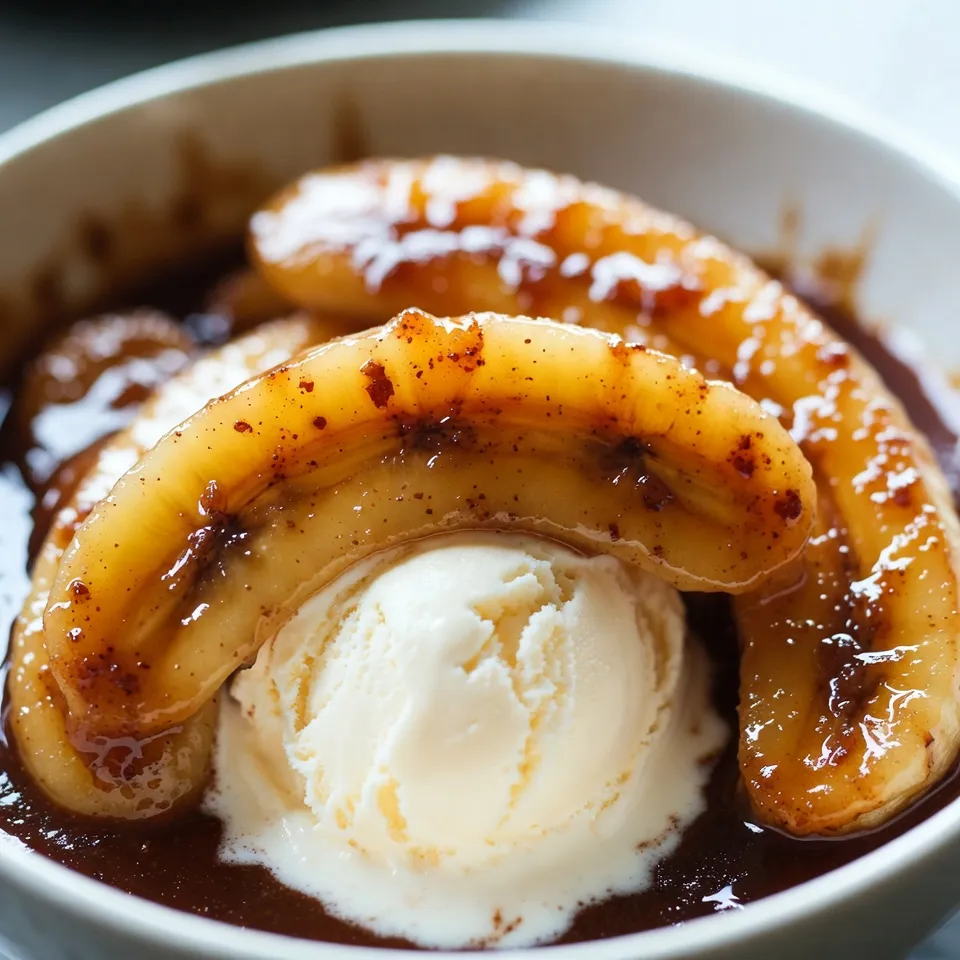 - 4 ripe bananas, sliced lengthwise - 1/2 cup unsalted butter - 1 cup packed brown sugar - 1 teaspoon ground cinnamon - 1/4 teaspoon freshly grated nutmeg - 1/4 cup heavy cream - 1 teaspoon pure vanilla extract - 2 cups creamy vanilla ice cream - For butter, try coconut oil or margarine. - Use almond or oat milk ice cream for non-dairy options. - Replace heavy cream with soy or coconut cream if needed. - Choose bananas that are yellow with a few brown spots. This shows they are ripe. - Fresh spices make a big difference. Always check the expiration date on the bottle. {{ingredient_image_2}} - Melting the butter: Place a large skillet over medium heat. Add 1/2 cup of unsalted butter. Let it melt slowly without letting it brown. - Dissolving the sugar: Once the butter is melted, sprinkle in 1 cup of packed brown sugar. Add 1 teaspoon of ground cinnamon and 1/4 teaspoon of freshly grated nutmeg. Stir it well until the mixture bubbles and the sugar dissolves. - Cooking bananas with the sauce: Carefully place 4 sliced bananas in the skillet, cut side up. Cook for 1-2 minutes until they soften a bit. Then flip them gently with a spatula. Cook for another minute until they caramelize nicely. - Incorporating heavy cream and vanilla: Lower the heat to a gentle simmer. Slowly add 1/4 cup of heavy cream while stirring. Then, pour in 1 teaspoon of pure vanilla extract. Let it cook for another minute to blend the flavors. - Ideal plating techniques: Serve Bananas Foster in deep bowls. Place a big scoop of creamy vanilla ice cream in each bowl. Pour the warm banana sauce over the ice cream generously. - Temperature tips for best flavor: Serve the dish warm. The hot sauce pairs perfectly with the cold ice cream, creating a delightful contrast in temperature and taste. - Overcooking bananas: Cook them just until soft. If they turn mushy, they lose texture. - Using too much or too little sugar: This can affect the sauce's sweetness. Aim for a balanced flavor. - Adding a splash of rum for traditional flair: Rum adds warmth and depth. Use it when you add the cream. - Using different spices or flavorings: Try ginger, cardamom, or even a hint of citrus. These can brighten the dish. - Garnishing ideas: A sprinkle of cinnamon or a mint leaf makes it pop. These little touches impress. - Choosing the right serving dish: Use deep bowls to hold the sauce well. This makes the dish look rich and inviting. Pro Tips Use Ripe Bananas: For the best flavor and texture, make sure your bananas are fully ripe, with a few brown spots on their skin. This sweetness will enhance the dish significantly. Control the Heat: Keep an eye on the heat while cooking. Too high of a temperature can burn the sugar, leading to a bitter flavor. Medium heat is ideal for caramelizing. Experiment with Flavors: Feel free to add a splash of rum or bourbon to the sauce for a traditional twist! This adds depth and complexity to the flavor profile. Presentation Matters: Serve the dish immediately after preparing it. The warm sauce over cold ice cream creates a delightful contrast that enhances the overall experience. {{image_4}} You can switch things up with different fruits. Using plantains gives a unique taste. They add a firmer texture and a mild flavor. Cut them like bananas and follow the same steps. You could also add berries or seasonal fruits. Strawberries, raspberries, or peaches work well. They add a pop of color and freshness. The classic sauce is tasty, but you can change it. Try a chocolate sauce for a sweet twist. Melt chocolate with butter and sugar, then add bananas. For a caramel sauce, use brown sugar and heavy cream. This gives a rich texture that pairs well with bananas. Bananas Foster does not have to stand alone. You can combine it with cakes or crepes. The warm sauce drizzled over a slice of cake is delightful. It also goes well with crepes, adding a fun twist. Pair it with different ice cream flavors, too. Chocolate, coffee, or even mint ice cream can enhance the dish. Each combination offers a new taste adventure. To keep your banana sauce fresh, you should store it in an airtight container. Place the container in the fridge. This helps it stay tasty for about three days. If you find that the sauce thickens, you can add a splash of cream to loosen it up. To reheat the sauce, use a small pot on low heat. Stir gently as it warms up. This keeps the flavors intact. Avoid using high heat, as it can burn the sauce. You can also microwave it in short bursts, stirring in between. This method is quick and easy. You can freeze the banana sauce if you have leftovers. Pour it into a freezer-safe container, leaving space for it to expand. It can last for up to three months in the freezer. When you're ready to use it, move it to the fridge overnight. For faster defrosting, place the container in warm water. Always stir before serving to ensure a smooth texture. Bananas Foster is a classic dessert from New Orleans. It features ripe bananas cooked in a rich sauce. The sauce is made from butter, brown sugar, cinnamon, and rum. This dish first appeared in the 1950s. Chef Paul Blangé created it at Brennan's Restaurant. The dish is named after Richard Foster, a friend of the restaurant owner. Bananas Foster became famous for its dramatic presentation. The sauce is often flambéed for a fun twist. You can prepare some parts of Bananas Foster ahead of time. Slice the bananas and store them in lemon juice to keep them fresh. You can also mix the sugar, cinnamon, and nutmeg in advance. When it’s time to serve, just heat the butter, add the sugar mix, and cook the bananas. This saves time during a party. However, the dish is best served fresh and hot. Yes, Bananas Foster is perfect for a party. It serves four people, making it great for small gatherings. The warm sauce over cold ice cream creates a delightful contrast. For presentation, use deep, elegant bowls. Pour the sauce generously over the ice cream for a stunning look. You can also sprinkle cinnamon or add mint leaves for a nice touch. This dessert is sure to impress your guests! This blog post covered how to make delicious Bananas Foster with ripe bananas and rich butter. We discussed ingredient choices and substitutions for dietary needs. You learned cooking steps, serving tips, and common mistakes to avoid. Variations like chocolate sauce and alternative fruits can elevate the dish. In the end, Bananas Foster is fun to make and easy to love. Enjoy experimenting with flavors and share this tasty treat with friends. You will impress everyone with your skills!